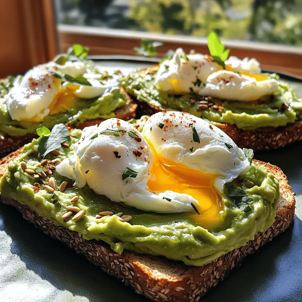 To make your avocado toast taste amazing, you need these key ingredients: - 2 slices of high-quality whole grain or sourdough bread - 1 ripe avocado - 2 large eggs - 1 tablespoon apple cider vinegar - 1/4 teaspoon red pepper flakes - 1/4 cup pumpkin seeds - 1 tablespoon olive oil - Salt and freshly cracked black pepper, to taste - Zest of 1 lemon - Fresh herbs (such as cilantro or parsley), for garnish Each ingredient plays a vital role. The bread provides a sturdy base. The ripe avocado gives a creamy texture. Eggs add protein and richness. The pumpkin seeds bring crunch and spice. You can make your toast even better with these optional toppings: - Feta cheese or goat cheese for creaminess - Sliced radishes for a peppery bite - Cherry tomatoes for sweetness - A drizzle of balsamic glaze for tang - A sprinkle of everything bagel seasoning for extra flavor Feel free to mix and match these toppings. They can change the taste and look of your toast. This avocado toast is not just tasty; it is also good for you. Here are some benefits: - Avocado: Packed with healthy fats, fiber, and vitamins. It helps your heart and skin. - Eggs: A great source of protein and vitamins. They help build muscle and keep you full. - Pumpkin Seeds: High in magnesium and zinc. They support your immune system and energy levels. - Whole Grain Bread: Provides fiber and keeps your digestion healthy. Enjoy your avocado toast as a nutritious meal. It fuels your body and satisfies your taste buds. Check out the Full Recipe for more details! Start by heating a small skillet over medium heat. Add the pumpkin seeds and olive oil. Sprinkle in the red pepper flakes and a pinch of salt. Stir well. Cook for about 3 to 5 minutes. Watch for the seeds to turn golden brown and pop. They will smell amazing when ready. After cooking, remove them from heat and let them cool. While the pumpkin seeds cool, it’s time to toast the bread. You can use a toaster for a quick method. If you want a smoky flavor, use a grill pan. Toast until the bread is golden brown and crispy. This step adds a nice crunch to your avocado toast. Next, take your ripe avocado. Cut it in half and scoop the flesh into a mixing bowl. Use a fork to mash it until smooth and creamy. Add a pinch of salt, freshly cracked black pepper, and some lemon zest. Mix until everything is well combined. This will brighten the avocado’s flavor. Now, let’s poach the eggs. Fill a small saucepan with water and bring it to a gentle simmer. Add the apple cider vinegar to help the eggs hold their shape. Crack each egg into separate small cups. Gently slide each egg into the simmering water. Poach them for about 3 to 4 minutes. This will give you a runny yolk. Use a slotted spoon to carefully remove the eggs, allowing excess water to drain. It’s time to put it all together! Spread a generous layer of the mashed avocado on each slice of toasted bread. Make sure it’s evenly coated. Now, gently place a poached egg on top of each slice. The yolk should look inviting. Finally, sprinkle the spicy pumpkin seeds over the eggs. Add more freshly cracked black pepper and some chopped fresh herbs for color. Serve your toast warm for the best taste. Enjoy the mix of flavors and textures in every bite! To get a perfect poached egg, start with fresh eggs. Fresh eggs hold their shape better. Use a small pot and fill it with water. Bring the water to a gentle simmer, not a boil. Add a tablespoon of apple cider vinegar. This helps the egg whites to set quickly. Crack each egg into a small bowl. Gently slide them into the water one at a time. Poach for about 3-4 minutes. The yolk should feel soft yet firm. Use a slotted spoon to lift them out. Let the water drain off before serving. Bread choice matters a lot for avocado toast. I recommend high-quality whole grain or sourdough. Both types have great flavor and texture. Whole grain adds a nutty taste, while sourdough offers a slight tang. Toast the bread until it is golden brown and crispy. This helps it hold the creamy avocado well. A good toast acts as a sturdy base for all the toppings. To take your avocado toast to the next level, think about toppings. Fresh herbs like cilantro or parsley add color and taste. Add spicy pumpkin seeds for crunch and heat. You can also sprinkle lemon zest for a bright note. A pinch of salt and cracked black pepper enhances all flavors. These small touches make a big difference. For a twist, try adding sliced radishes or tomatoes. Each bite should be a mix of creamy, crunchy, and zesty. {{image_4}} You can mix up your avocado toast by adding other proteins. Chicken, smoked salmon, or bacon all work well. They add flavor and make the meal heartier. Try using leftover grilled chicken for a quick fix. For a smoky taste, go for bacon. Smoked salmon brings a nice briny flavor to the toast. If you want a vegan option, skip the eggs. Instead, use chickpeas or tofu. You can mash chickpeas and mix them with spices. This gives a nice texture. For tofu, slice it thin and pan-fry until golden. Both options keep the toast filling and tasty. Experiment with different toppings and spices. Try adding slices of radish or a sprinkle of everything bagel seasoning. A drizzle of balsamic glaze adds a sweet touch. You can also use different herbs like dill or basil for fresh flavors. Each combination can turn your toast into a new dish! For the full recipe, check out the Avocado Toast with Poached Egg & Spicy Pumpkin Seeds. To keep your ingredients fresh, store them properly. Place leftover mashed avocado in an airtight container. Squeeze some lemon juice on top before sealing. This helps slow down browning. For pumpkin seeds, store them in a glass jar in a cool, dry place. If you have leftover poached eggs, consume them within a day for the best taste. To reheat your toast, use a toaster or an oven. Place the toast in a preheated oven at 350°F (175°C) for about 5 minutes. This warms the bread while keeping it crunchy. Avoid using a microwave, as it can make the toast soggy and chewy. If you have extra mashed avocado, you can freeze it! Scoop the mash into an ice cube tray. Once frozen, transfer the cubes to a zip-top bag. This way, you can use small portions later. When you need it, simply thaw the desired amount in the fridge overnight. Poaching eggs takes about 3 to 4 minutes. Start with a gentle simmer. The egg whites will cook and wrap around the yolk. For a firmer yolk, cook a minute longer. Keep an eye on the eggs. You want them to look soft and tender. Yes, you can prep some parts ahead. You can mash the avocado and store it in an airtight container. Add a little lemon juice to keep it fresh. Toast the bread just before serving for that crispy texture. Avocados are packed with nutrients. They have healthy fats that help your heart. They also contain fiber, which aids digestion. Plus, avocados are rich in vitamins like E, K, and B6. They boost your skin and overall health. If you want an egg-free option, try tofu or chickpea flour. Silken tofu can mimic the creamy texture. For chickpea flour, mix it with water and cook it like a scramble. Both options add protein and flavor. To check if an avocado is ripe, gently squeeze it. It should feel slightly soft but not mushy. You can also look at the color. Dark green or black skin often indicates ripeness. If it's firm, leave it at room temperature for a few days to ripen. Avocado toast is simple and tasty, packed with healthy ingredients. We covered essential components and optional toppings, showing how to customize each bite. I shared step-by-step guides, tips for perfecting poached eggs, and ways to enhance flavors. You can also explore variations, storage tips, and answers to common questions. Enjoy making this dish your own for breakfast or a snack. Embrace creativity while savoring the health benefits of each ingredient. Your ideal avocado toast awaits!