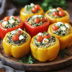 Let’s dive into the tasty details of what you need to make spinach and feta stuffed peppers. This dish is not only healthy but also a feast for the eyes. - 4 large bell peppers (choose any bright color you like) - 2 cups fresh spinach, finely chopped - 1 cup feta cheese, crumbled - 1 cup cooked quinoa (or rice, if you prefer) - 1/2 cup cherry tomatoes, diced - 1/4 cup red onion, finely chopped - 2 cloves garlic, minced - 1 teaspoon olive oil - 1 teaspoon dried oregano - Salt and pepper to taste - Fresh parsley, chopped, for garnish You can swap feta cheese for goat cheese if you're looking for a different flavor. For a vegan option, use plant-based cheese instead. If you have a gluten allergy, ensure that your quinoa or rice is certified gluten-free. Each ingredient plays a key role. The bell peppers provide sweetness and crunch. Spinach adds nutrition and color. Feta brings a salty, creamy taste that makes each bite special. Cherry tomatoes give a pop of freshness, while garlic and onion add depth. The olive oil helps blend the flavors well, and oregano gives a nice herbal note. Salt and pepper are basic but essential for elevating the dish. Finally, the parsley adds a bright finish when you serve it. For the full recipe, you can check out the detailed cooking instructions. This meal is easy to customize, so feel free to experiment with your favorite ingredients! Start by cutting the tops off each bell pepper. Then, carefully scoop out the seeds and membranes. This step is key for a clean pepper. Make sure to wash them well. Moisture is important while baking. It keeps the peppers juicy and soft. Next, grab a large skillet. Heat olive oil over medium heat. Add minced garlic and finely chopped red onion. Sauté them for 2-3 minutes until they smell great. Then, toss in the chopped spinach. Stir until it wilts, which should take about 2 minutes. This step brings out the flavors. In a large bowl, mix the sautéed veggies with cooked quinoa or rice. Add diced cherry tomatoes and crumbled feta cheese. Sprinkle in dried oregano, salt, and pepper. Stir everything well. The texture should be moist but not runny. This balance gives a great bite. Now it’s time to stuff the peppers. Carefully spoon the filling into each pepper. Pack it in tightly but don’t overdo it. Arrange the peppers upright in a baking dish. Pour 1/4 cup of water in the bottom. This steam helps the peppers cook evenly. Cover with foil and bake for 25 minutes. After that, remove the foil and bake for another 10-15 minutes. The peppers should be tender and slightly golden. For more details, check the Full Recipe. You can make this dish your own by switching up the cheese or grains. Try swapping feta for goat cheese or mozzarella for a milder taste. If you want a fun twist, use a mix of cheeses. For grains, quinoa works well, but rice or even couscous can be just as tasty. If you follow a vegan diet, you can still enjoy these stuffed peppers. Replace feta with a vegan cheese option, like cashew cheese or nutritional yeast. For the grain, stick with quinoa or use lentils for added protein. Both options keep the flavors fresh and vibrant. You can grill or bake these stuffed peppers. If you grill, use a medium heat and place the peppers on the grill until tender. This gives them a nice smoky flavor. Baking is simple and keeps all the moisture in. Just follow the baking instructions for best results. To ensure even cooking, make sure to cut the tops off the peppers evenly. This helps them cook at the same rate. When baking, cover the dish with foil for the first half of the cooking time. This traps steam and keeps the peppers moist. After that, bake uncovered for a golden finish. For the full recipe, check out the details above! {{image_4}} You can easily change the flavor of your stuffed peppers. Adding spices or herbs can make a big difference. Try adding cumin for warmth or paprika for a smoky touch. Fresh basil or dill can brighten up the mix too. If you want to add protein, mix in shredded chicken or black beans. This makes the dish heartier and more filling. Both options pair well with the feta and spinach. You can also create themed versions of these stuffed peppers. For a Mediterranean twist, add olives and sun-dried tomatoes. This will enhance the flavors and give a taste of the region. Seasonal adaptations can also be fun. In summer, use zucchini or corn. In fall, try adding pumpkin or roasted butternut squash. Each season brings new veggies to explore. Feel free to get creative with these variations, and remember, the full recipe is just a guide! To store your spinach and feta stuffed peppers, let them cool first. Place leftovers in an airtight container. They will last in the fridge for up to four days. For longer storage, you can freeze them. Wrap each pepper tightly in plastic wrap, then place them in a freezer-safe bag. They stay good for about three months. When reheating, keep the peppers moist to preserve flavor and texture. You can reheat them in the oven at 350°F (175°C) for about 20 minutes. Add a splash of water to the dish to create steam. You can also microwave them for 2-3 minutes. Just be sure to cover them to keep the steam in. Meal prep is key for busy days. You can make the filling in advance. Cook the quinoa and sauté the veggies a day ahead. Store the filling in the fridge for up to three days. This lets you whip up stuffed peppers quickly. For portion control, use smaller peppers or reduce the amount of filling per pepper. This way, you can enjoy them as a healthy snack or a light meal during the week. Stuffed peppers usually take about 35 to 40 minutes to cook. First, bake them covered for 25 minutes. This helps them soften. After that, remove the cover and bake for another 10 to 15 minutes. Check for doneness by poking a pepper with a fork. It should be tender but not mushy. Yes, you can prepare stuffed peppers ahead of time! Stuff the peppers, then place them in the fridge for up to 24 hours before baking. If you want to freeze them, wrap each pepper tightly in plastic wrap. You can store them in the freezer for up to three months. When ready to eat, bake them straight from the freezer, adding a few extra minutes to the cooking time. You can serve several tasty sides with spinach and feta stuffed peppers. Here are some ideas: - A fresh green salad with a light vinaigrette. - Quinoa or rice for a hearty addition. - Roasted vegetables like zucchini or carrots for extra flavor. - A tangy yogurt sauce to drizzle on top. - Garlic bread for a comforting touch. Feel free to mix and match to create a meal that suits your taste! For the full recipe, refer back to the earlier sections. In this blog post, I walked you through everything you need to make stuffed peppers. We covered the ingredients, step-by-step instructions, tips for customization, and even storage options. These peppers are tasty, easy to make, and adaptable for any diet. Try new flavors and find what you love. With these steps, you can serve a delicious meal any time. Now, get cooking and enjoy!