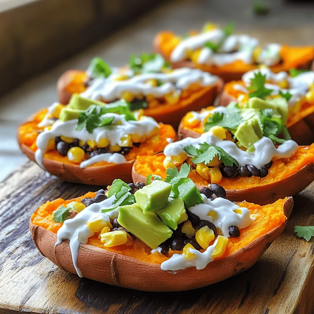 The Loaded Sweet Potato Skins recipe is a fun and tasty treat. You can make it easily at home. I love how they mix sweet and savory flavors. These skins are crispy, creamy, and full of color. The prep time is about 15 minutes. You will bake the sweet potatoes for 45-50 minutes. After that, you will bake them again for 15-20 minutes. Overall, the total time is about 1 hour and 15 minutes. This recipe makes enough for 4 people. You can easily share them at a party or enjoy them with family. Each serving has good nutrients. Sweet potatoes are rich in vitamins. They have fiber, which is good for digestion. Adding black beans and corn boosts the protein. Each serving has about: - Calories: 320 - Protein: 10g - Carbohydrates: 50g - Fats: 12g For more details, check out the Full Recipe. You will find all the steps and tips you need. Enjoy cooking! To make loaded sweet potato skins, gather these items: - 4 medium sweet potatoes - 1 cup shredded sharp cheddar cheese - ½ cup cooked black beans (drained and rinsed) - ½ cup corn kernels (fresh or frozen) - ¼ cup green onions, thinly sliced - 1 avocado, diced - ½ teaspoon smoked paprika - ½ teaspoon garlic powder - Salt and pepper to taste - Olive oil for brushing - Sour cream or Greek yogurt for serving (optional) - Fresh cilantro for garnish (optional) You can swap ingredients easily. If you want a different cheese, use Monterey Jack or pepper jack cheese. For a plant-based option, try vegan cheese. If black beans aren’t your favorite, use kidney beans or pinto beans. Instead of corn, you can add diced bell peppers or zucchini. If you don’t have green onions, regular onions work too. When choosing sweet potatoes, look for firm ones without soft spots. The skin should be smooth and free of blemishes. Choose medium-sized sweet potatoes for even cooking. If you see different colors, like purple or white, try them! They add unique flavors to your dish. Always check for freshness; they should feel heavy for their size. First, preheat your oven to 400°F (200°C). This step gets the oven ready for baking. Next, rinse the sweet potatoes under cold water. This removes dirt and makes them clean. Use a fork to poke holes in each potato. The holes let steam escape while baking. Place the sweet potatoes on a baking sheet. Brush them lightly with olive oil and sprinkle salt over them. Bake for about 45-50 minutes. They should feel soft when you poke them with a fork. After baking, let the sweet potatoes cool for a few minutes. Lower the oven heat to 375°F (190°C). Cut each sweet potato in half lengthwise. Use a spoon to scoop out some flesh, leaving about a ¼-inch border. In a bowl, mix the scooped sweet potato with black beans, corn, smoked paprika, garlic powder, and half of the cheese. Add a pinch of salt and pepper for taste. Stir until everything is well combined. Fill each sweet potato skin with the mixture. Make sure to pack it in well. Top the skins with the remaining cheddar cheese. Return them to the oven and bake for another 15-20 minutes. The cheese should melt and bubble nicely. Once done, take them out and add diced avocado, green onions, and fresh cilantro on top. Serve warm and enjoy with sour cream or Greek yogurt on the side. This adds a creamy touch to each bite. For extra crunch, sprinkle some crushed tortilla chips before serving. {{image_4}} To cook sweet potatoes just right, choose medium-sized ones. Look for smooth skin with no bruises. Start by washing them well to remove dirt. Poke holes in each potato with a fork. This helps steam escape during baking. Bake them at 400°F (200°C) for 45-50 minutes. They should feel soft when you poke them with a fork. Let them cool a bit before cutting. Loaded sweet potato skins are a fun dish to share. Serve them warm on a large plate. For a nice touch, add some crushed tortilla chips on top. This gives a great crunch. You can also serve them with a side of sour cream or Greek yogurt. Use fresh cilantro for a pop of color and flavor. These small details make your dish look and taste even better. To make your loaded sweet potato skins even tastier, try adding spices. A pinch of cayenne pepper boosts the heat. You can mix in cooked bacon bits for a savory bite. Consider adding some lime juice for a zesty kick. Experiment with different cheeses too! Feta or pepper jack can change the flavor profile. These enhancements take your dish from good to amazing. For the full recipe, check the details above. You can make loaded sweet potato skins meat-free. Use black beans, corn, and cheese for a great taste. Add diced peppers or mushrooms for extra flavor. You can also add spinach or kale for a healthy twist. These toppings give the dish a colorful and tasty boost. You can enjoy them while still being vegetarian. If you love heat, try spicy loaded sweet potato skins. Add diced jalapeños or crushed red pepper flakes to the filling. You can mix in some spicy cheese, like pepper jack. For an extra kick, drizzle with hot sauce before serving. This variation will please anyone who loves spicy food. Feel free to get creative with your toppings. Try diced tomatoes or olives for a fresh taste. You can add a dollop of guacamole for creaminess. For a crunchy texture, sprinkle some crushed tortilla chips on top. Fresh herbs like cilantro or parsley can also add a nice touch. The options are endless, and you can find your favorite combination. For the full recipe, check out Loaded Sweet Potato Skins. Enjoy experimenting with these variations! Yes, you can prep Loaded Sweet Potato Skins in advance. Bake the sweet potatoes and scoop them out. Store the skins in the fridge for up to two days. When you're ready to eat, fill them with the mixture and bake. This saves you time and still gives great taste. To store leftovers, let the sweet potato skins cool completely. Place them in an airtight container. They will stay fresh for about three days in the fridge. When you want to eat them, reheat in the oven for the best texture. This way, they stay crispy and delicious. You can use regular potatoes, but the taste will change. Sweet potatoes add a nice sweetness that regular potatoes lack. If you prefer, use Russet or Yukon Gold potatoes. Just remember to adjust the cooking time, as they may bake differently. For the full recipe, check out the details above! Loaded sweet potato skins are a fun dish to make. You learned about the prep and cook time, servings, and the nutrition they offer. I shared tips on ingredients and how to choose great sweet potatoes. The step-by-step guide showed how to prepare, mix, and bake them perfectly. We explored tasty variations and answered common questions. Enjoying these skins is simple and rewarding. Whether you stick to the basics or try new twists, there's a loaded sweet potato skin for everyone. Dive in, have fun, and enjoy your meal!