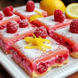 To make delicious Raspberry Lemonade Bars, you will need the following ingredients: - 1 cup all-purpose flour - 1/4 cup powdered sugar (plus additional for dusting) - 1/4 cup unsalted butter, softened to room temperature - 1/4 teaspoon salt - 2 large eggs, at room temperature - 1 cup granulated sugar - 1/4 cup fresh lemon juice (approximately the juice of 2 medium lemons) - Zest of 1 lemon (preferably organic) - 1 cup fresh raspberries (or frozen, thawed and excess moisture drained) - 1/2 teaspoon baking powder These ingredients work together to create a sweet and tangy treat. The all-purpose flour forms the base, while the butter adds richness. The eggs help bind everything, and the sugar sweetens the mix. Fresh lemon juice and zest give a bright, zesty flavor. Raspberries add a burst of fruity goodness. Make sure to gather everything in advance. This way, you can enjoy the process without rushing. I recommend using organic lemons to get the best flavor. If you can’t find fresh raspberries, frozen ones work just fine. Just remember to drain them well. For the full recipe, check out the step-by-step guide. Enjoy these bars as a sweet snack or a dessert! First, preheat your oven to 350°F (175°C). This step is key to getting perfect bars. In a medium bowl, mix the all-purpose flour, powdered sugar, softened butter, and salt. Use a fork or pastry cutter to blend them until they look crumbly. Press this mixture evenly into the bottom of an 8x8 inch baking pan. Bake for about 15 minutes, until it turns a light golden color. In a large bowl, whisk together two large eggs and granulated sugar until smooth. Then, add the fresh lemon juice, lemon zest, and baking powder. Mix until everything is fully combined. Gently fold in one cup of fresh raspberries into the egg mixture. Take care not to mash them too much. You want them to stay whole for texture and flavor. Pour the raspberry-lemon filling over the baked crust. Spread it out evenly. Place the pan back in the oven and bake for another 20 to 25 minutes. The filling should be firm to the touch when done. Once baked, take the pan out of the oven. Let it cool on a wire rack for about 30 minutes. After that, move it to the refrigerator for at least 2 hours. This chilling time helps the flavors blend better. When ready, lift the bars out using the parchment paper. Cut them into squares or rectangles. Dust the top with powdered sugar just before serving for a lovely finish. For the complete recipe, check the Full Recipe section. Baking these raspberry lemonade bars is simple and fun. Here are some helpful hints: - Always preheat your oven. This ensures even baking. - Use room temperature eggs for a smooth filling. - Sift your powdered sugar to avoid lumps in the crust. - Press the crust firmly into the pan. This helps it hold together. - Bake until the crust is lightly golden. This adds flavor. A pretty presentation makes these bars even more appealing. Try these ideas: - Use a sharp knife for clean cuts. - Dust the top with powdered sugar for a lovely look. - Arrange bars on a colorful platter. - Add fresh raspberries and lemon slices as garnish. - Consider a light lemon glaze for extra flair. Watch out for these common errors while baking: - Don't skip chilling the bars after baking. It improves texture. - Avoid overmixing the filling. This can make it tough. - Be gentle when folding in raspberries. You want them to stay whole. - Don’t forget to check the bars before the timer goes off. Every oven is different. With these tips, you’ll master raspberry lemonade bars that taste amazing and look great! For the complete recipe, check the full recipe section. {{image_4}} You can enjoy these bars without gluten. Use a gluten-free flour blend instead of all-purpose flour. Look for blends that contain xanthan gum. This helps to mimic the texture of traditional flour. Follow the same steps in the full recipe. The bars will still taste fresh and zesty. If you want a vegan option, you can swap out the eggs. Use 1/4 cup of unsweetened applesauce for each egg. This keeps the bars moist. You can also use a vegan butter substitute instead of regular butter. Make sure to use plant-based sugar for a fully vegan treat. The flavor remains bright and delicious. Feel free to get creative with flavors! You can add a splash of vanilla extract for depth. Try using lime juice instead of lemon juice for a twist. You can also mix in other berries, like blueberries or strawberries. Each change makes the bars unique. Experiment and find your favorite combination! Store your raspberry lemonade bars in an airtight container. Use wax paper to separate layers. This prevents them from sticking together. Keep them in a cool place or the fridge. The cool temperature helps maintain their flavor and texture. These bars stay fresh for about one week when stored correctly. You can enjoy them for days! If you notice any changes in smell or texture, it's best to toss them. Always trust your senses. You can freeze raspberry lemonade bars for future treats. First, cut them into squares. Wrap each piece tightly in plastic wrap. Then, place them in a freezer-safe bag. They can last for up to three months in the freezer. When ready to eat, let them thaw in the fridge overnight. Enjoy the same fresh taste! Yes, you can use frozen raspberries. Just thaw them first. Make sure to drain any extra liquid. This keeps your bars from becoming too soggy. The flavor stays bright and fresh, even with frozen fruit. To reduce the sweetness, cut back on the granulated sugar. You can also use less powdered sugar for dusting. Adding more lemon juice can help balance the flavor. This gives you a tart kick that pairs well with the berries. If you need a substitute for lemon juice, try lime juice. It gives a similar tartness. You can also use vinegar, like apple cider vinegar, for a different twist. Just keep the amount the same as in the recipe. You can tell the bars are done when the filling is set. It should feel firm but not hard when touched. Look for a light golden color around the edges. A toothpick inserted in the center should come out clean or with a few moist crumbs. You learned how to make delicious raspberry lemonade bars today. We covered key ingredients, step-by-step instructions, and helpful tips. You can even try gluten-free or vegan versions. Remember to store them right for lasting taste. Baking can be fun and rewarding! With these easy guidelines, you can impress your friends and family. Enjoy your baking adventure and savor every bite of your tasty creation.