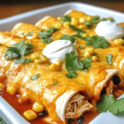 To make easy chicken enchiladas, gather these ingredients: - 2 cups cooked chicken, shredded - 1 cup black beans, drained and rinsed - 1 cup corn (frozen or fresh) - 1 cup shredded cheese (cheddar or Monterey Jack) - 1/2 cup diced onion - 1 tablespoon olive oil - 1 teaspoon garlic powder - 1 teaspoon cumin - 1/2 teaspoon chili powder - 8 flour tortillas - 2 cups enchilada sauce (store-bought or homemade) - Fresh cilantro, chopped, for garnish - Sour cream, for serving If you need to swap ingredients, here are some ideas: - Use rotisserie chicken for quick prep. - Swap black beans for pinto beans or kidney beans. - Try different cheeses like pepper jack for a kick. - Use corn tortillas if you prefer their taste. - Replace olive oil with any cooking oil. - For a fresh onion taste, use green onions instead. Using fresh ingredients often gives the best flavor. Fresh corn and onions add crunch and taste. However, frozen corn works well and saves time. Canned black beans are also a great choice. They are quick to use and still taste good. Always rinse canned beans to cut down on sodium. You can mix fresh and frozen items based on what's available. This way, you keep your meal tasty and quick. Check the full recipe for more details on preparation. To make the filling, start by heating olive oil in a large skillet over medium heat. Add the diced onion and cook for about 3-4 minutes until it is soft and clear. Then, take a big bowl and mix the cooked chicken, black beans, corn, half of the cheese, garlic powder, cumin, and chili powder. Stir well until everything blends together nicely. This step is key. A great filling makes your enchiladas shine! Now it’s time to assemble! Pour about 1 cup of enchilada sauce into the bottom of a 9x13 inch baking dish. This helps to keep the tortillas from sticking. Take one tortilla and place a scoop of the chicken mixture in the center. Roll it up tightly and place it seam-side down in the dish. Repeat this process for all the tortillas. Once they are all in the dish, pour the rest of the enchilada sauce on top. Don’t forget to sprinkle the remaining cheese over everything for that perfect cheesy finish! Preheat your oven to 375°F (190°C). Cover the baking dish with aluminum foil and bake for 20 minutes. After that, carefully remove the foil and bake for another 10-15 minutes. You want the cheese to be bubbly and just starting to turn golden. When it’s done, take it out and let it cool for a few minutes. Garnish with fresh cilantro before serving. This adds a nice touch and flavor! For the full recipe, you can check the earlier section. To get that perfect cheese melt, use a mix of cheeses. I love combining cheddar and Monterey Jack. This mix gives a nice flavor and texture. Shred your cheese instead of using pre-shredded. Freshly shredded cheese melts better. For the best melt, cover the enchiladas with foil during the first part of baking. This traps heat and helps the cheese get gooey. Want to save time? Use rotisserie chicken instead of cooking your own. It’s already cooked and flavorful. You can also prep your filling while the oven preheats. This way, you can start baking much faster. If you want to speed it up even more, assemble the enchiladas ahead of time. Store them in the fridge until you’re ready to bake. For serving, a dollop of sour cream adds creaminess. Fresh cilantro brightens the flavors. You can also offer lime wedges on the side. This gives a zingy taste that complements the enchiladas. Pair your meal with a simple salad or some rice. It makes for a well-rounded dinner. You can check out the Full Recipe to explore more options! {{image_4}} You can easily make a vegetarian version of enchiladas. Replace the chicken with veggies. Use 2 cups of your favorite vegetables. Bell peppers, zucchini, and spinach work well. Add black beans and corn for protein. Mix in some cheese and spices for flavor. This way, you still enjoy great taste without the meat. Want to kick up the heat? Use spicy chicken for your enchiladas. Add 1-2 chopped jalapeños to the filling. You can also use spicy enchilada sauce instead of regular. If you like it extra hot, sprinkle crushed red pepper on top. This will give your dish a fiery twist that many will love. While enchilada sauce is classic, you can try other sauces. Tomatillo sauce gives a tangy flavor. You could also use green chili sauce for a milder taste. For a creamy touch, try a sour cream sauce. Each option gives a unique spin on this dish. Don't hesitate to mix and match to find your favorite! For the full recipe, check the Easy Chicken Enchiladas Delicious and Quick Recipe. After you cook the chicken enchiladas, let them cool. Store leftovers in airtight containers. Keep them in the fridge for up to three days. When you want to eat them, check for any signs of spoilage. To freeze enchiladas, place them in a freezer-safe dish. Cover tightly with plastic wrap and then aluminum foil. They can last in the freezer for up to three months. When ready to eat, thaw them overnight in the fridge before reheating. To reheat, use the oven for the best results. Preheat it to 350°F (175°C). Place the enchiladas in a baking dish and cover with foil. Heat for about 20 minutes or until warm. You can also microwave them for a quicker option. Heat on medium power in 1-minute intervals until hot. Enjoy your meal! For the full recipe, check out the detailed steps provided. To boost flavor, use fresh herbs like cilantro. Add lime juice for brightness. You can also mix spices like smoked paprika or oregano into the filling. Consider sautéing bell peppers with the onions for extra taste. Don’t forget to season your chicken well before using it. Also, top with a good amount of enchilada sauce and cheese to enhance the flavor. Yes, you can use corn tortillas! They add a nice texture and flavor. Corn tortillas are gluten-free, making them a great option. Just be sure to warm them up in a pan or microwave first. This helps prevent them from breaking when you roll them. If you find them too stiff, you can dip them in warm enchilada sauce for added softness. You have many tasty options! A fresh salad with avocado and lime dressing works well. Refried beans or Mexican rice are classic sides. You can also serve corn on the cob or a side of guacamole for a fun twist. For something light, try a simple cucumber and tomato salad. These sides will complement your enchiladas perfectly. In this blog post, we explored the key ingredients for enchiladas, including fresh choices and substitutions. I shared step-by-step instructions for making delicious filling, assembling, and baking. You learned tips for cheese melting and speeding up cooking. We covered tasty variations, like vegetarian and spicy options, and discussed storage and reheating methods. In conclusion, making enchiladas is easy and fun. Try different flavors to find your favorite! Enjoy sharing this dish with loved ones.