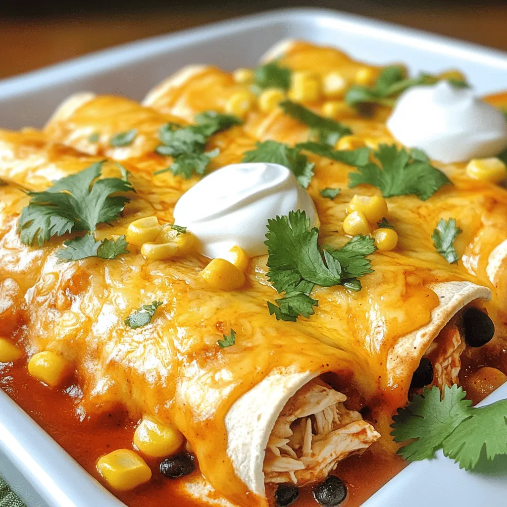 To make easy chicken enchiladas, gather these ingredients: - 2 cups cooked chicken, shredded - 1 cup black beans, drained and rinsed - 1 cup corn (frozen or fresh) - 1 cup shredded cheese (cheddar or Monterey Jack) - 1/2 cup diced onion - 1 tablespoon olive oil - 1 teaspoon garlic powder - 1 teaspoon cumin - 1/2 teaspoon chili powder - 8 flour tortillas - 2 cups enchilada sauce (store-bought or homemade) - Fresh cilantro, chopped, for garnish - Sour cream, for serving If you need to swap ingredients, here are some ideas: - Use rotisserie chicken for quick prep. - Swap black beans for pinto beans or kidney beans. - Try different cheeses like pepper jack for a kick. - Use corn tortillas if you prefer their taste. - Replace olive oil with any cooking oil. - For a fresh onion taste, use green onions instead. Using fresh ingredients often gives the best flavor. Fresh corn and onions add crunch and taste. However, frozen corn works well and saves time. Canned black beans are also a great choice. They are quick to use and still taste good. Always rinse canned beans to cut down on sodium. You can mix fresh and frozen items based on what's available. This way, you keep your meal tasty and quick. Check the full recipe for more details on preparation. To make the filling, start by heating olive oil in a large skillet over medium heat. Add the diced onion and cook for about 3-4 minutes until it is soft and clear. Then, take a big bowl and mix the cooked chicken, black beans, corn, half of the cheese, garlic powder, cumin, and chili powder. Stir well until everything blends together nicely. This step is key. A great filling makes your enchiladas shine! Now it’s time to assemble! Pour about 1 cup of enchilada sauce into the bottom of a 9x13 inch baking dish. This helps to keep the tortillas from sticking. Take one tortilla and place a scoop of the chicken mixture in the center. Roll it up tightly and place it seam-side down in the dish. Repeat this process for all the tortillas. Once they are all in the dish, pour the rest of the enchilada sauce on top. Don’t forget to sprinkle the remaining cheese over everything for that perfect cheesy finish! Preheat your oven to 375°F (190°C). Cover the baking dish with aluminum foil and bake for 20 minutes. After that, carefully remove the foil and bake for another 10-15 minutes. You want the cheese to be bubbly and just starting to turn golden. When it’s done, take it out and let it cool for a few minutes. Garnish with fresh cilantro before serving. This adds a nice touch and flavor! For the full recipe, you can check the earlier section. To get that perfect cheese melt, use a mix of cheeses. I love combining cheddar and Monterey Jack. This mix gives a nice flavor and texture. Shred your cheese instead of using pre-shredded. Freshly shredded cheese melts better. For the best melt, cover the enchiladas with foil during the first part of baking. This traps heat and helps the cheese get gooey. Want to save time? Use rotisserie chicken instead of cooking your own. It’s already cooked and flavorful. You can also prep your filling while the oven preheats. This way, you can start baking much faster. If you want to speed it up even more, assemble the enchiladas ahead of time. Store them in the fridge until you’re ready to bake. For serving, a dollop of sour cream adds creaminess. Fresh cilantro brightens the flavors. You can also offer lime wedges on the side. This gives a zingy taste that complements the enchiladas. Pair your meal with a simple salad or some rice. It makes for a well-rounded dinner. You can check out the Full Recipe to explore more options! {{image_4}} You can easily make a vegetarian version of enchiladas. Replace the chicken with veggies. Use 2 cups of your favorite vegetables. Bell peppers, zucchini, and spinach work well. Add black beans and corn for protein. Mix in some cheese and spices for flavor. This way, you still enjoy great taste without the meat. Want to kick up the heat? Use spicy chicken for your enchiladas. Add 1-2 chopped jalapeños to the filling. You can also use spicy enchilada sauce instead of regular. If you like it extra hot, sprinkle crushed red pepper on top. This will give your dish a fiery twist that many will love. While enchilada sauce is classic, you can try other sauces. Tomatillo sauce gives a tangy flavor. You could also use green chili sauce for a milder taste. For a creamy touch, try a sour cream sauce. Each option gives a unique spin on this dish. Don't hesitate to mix and match to find your favorite! For the full recipe, check the Easy Chicken Enchiladas Delicious and Quick Recipe. After you cook the chicken enchiladas, let them cool. Store leftovers in airtight containers. Keep them in the fridge for up to three days. When you want to eat them, check for any signs of spoilage. To freeze enchiladas, place them in a freezer-safe dish. Cover tightly with plastic wrap and then aluminum foil. They can last in the freezer for up to three months. When ready to eat, thaw them overnight in the fridge before reheating. To reheat, use the oven for the best results. Preheat it to 350°F (175°C). Place the enchiladas in a baking dish and cover with foil. Heat for about 20 minutes or until warm. You can also microwave them for a quicker option. Heat on medium power in 1-minute intervals until hot. Enjoy your meal! For the full recipe, check out the detailed steps provided. To boost flavor, use fresh herbs like cilantro. Add lime juice for brightness. You can also mix spices like smoked paprika or oregano into the filling. Consider sautéing bell peppers with the onions for extra taste. Don’t forget to season your chicken well before using it. Also, top with a good amount of enchilada sauce and cheese to enhance the flavor. Yes, you can use corn tortillas! They add a nice texture and flavor. Corn tortillas are gluten-free, making them a great option. Just be sure to warm them up in a pan or microwave first. This helps prevent them from breaking when you roll them. If you find them too stiff, you can dip them in warm enchilada sauce for added softness. You have many tasty options! A fresh salad with avocado and lime dressing works well. Refried beans or Mexican rice are classic sides. You can also serve corn on the cob or a side of guacamole for a fun twist. For something light, try a simple cucumber and tomato salad. These sides will complement your enchiladas perfectly. In this blog post, we explored the key ingredients for enchiladas, including fresh choices and substitutions. I shared step-by-step instructions for making delicious filling, assembling, and baking. You learned tips for cheese melting and speeding up cooking. We covered tasty variations, like vegetarian and spicy options, and discussed storage and reheating methods. In conclusion, making enchiladas is easy and fun. Try different flavors to find your favorite! Enjoy sharing this dish with loved ones.