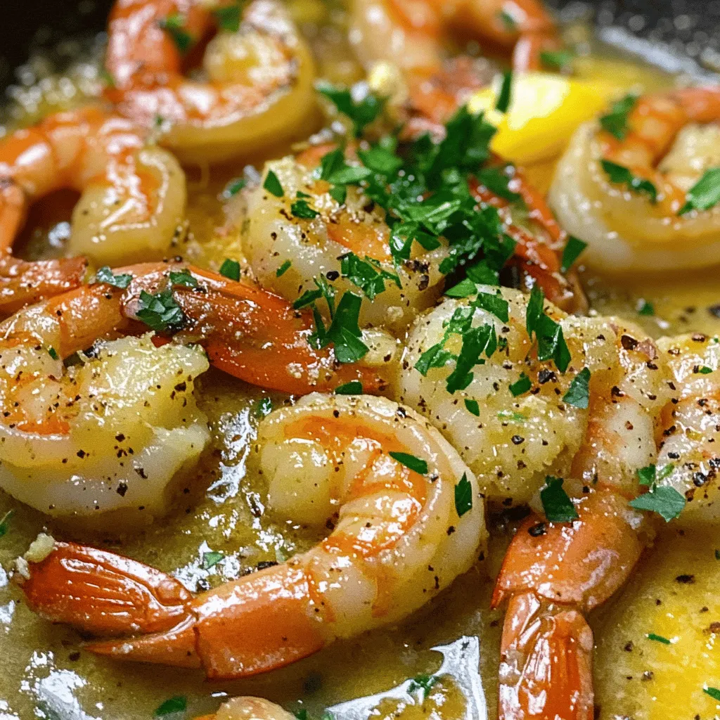 - 1 pound large shrimp, peeled and deveined - 4 tablespoons unsalted butter - 4 cloves garlic, finely minced - 1 tablespoon freshly squeezed lemon juice - 1/4 cup fresh parsley, coarsely chopped To make this dish shine, you need just five simple ingredients. The large shrimp are the star. Use good quality shrimp, as they make a big difference. Peel and devein them for the best texture. Next, the unsalted butter adds richness. It melts beautifully and brings all the flavors together. Garlic is key in this recipe. Mince it finely so it releases its strong flavor. Fresh lemon juice brightens the dish and adds a burst of flavor. Lastly, fresh parsley not only adds color but also freshness. It complements the richness of the butter and shrimp. - Salt and pepper to taste - Red pepper flakes for heat - Parmesan cheese for added flavor For those who like a kick, add red pepper flakes. They give your garlic butter shrimp a nice heat. You can adjust the amount based on your taste. Also, sprinkle some salt and pepper to enhance the flavors. If you want an extra layer of taste, try adding grated Parmesan cheese. It melts into the dish and adds a wonderful depth of flavor. For the full recipe, check out the Garlic Butter Shrimp Delight 🧄. To prepare shrimp for cooking, you start with fresh, large shrimp. Ensure they are peeled and deveined. This process helps remove the shell and the dark vein on the back. Rinse the shrimp under cold water and pat them dry with a paper towel. This step is crucial for even cooking. Fresh garlic and parsley are key to this dish. Garlic adds a rich flavor, while parsley brings a fresh note. Use four cloves of garlic, finely minced. For parsley, a quarter cup coarsely chopped will do. Fresh ingredients make your dish taste better and look appealing. Begin by heating your large skillet over medium heat. Add four tablespoons of unsalted butter. Let it melt completely, swirling the pan gently. This step ensures the butter coats the skillet well. Once the butter is bubbling, add the minced garlic. Sauté the garlic for one to two minutes, stirring constantly. You want it fragrant and slightly golden, but not burnt. Burnt garlic tastes bitter and ruins the dish. Next, add the shrimp in a single layer. Let them cook undisturbed for two to three minutes. Watch as they turn a lovely pink color. This means they are cooking well. Flip the shrimp over using tongs or a spatula. Drizzle one tablespoon of lemon juice over them. Stir gently to coat the shrimp in the garlic butter. Cook for another two to three minutes until they are firm and fully cooked. Once done, remove the skillet from heat. Sprinkle the chopped parsley over the shrimp. Toss gently to mix. This adds freshness and color to your dish. Serve the garlic butter shrimp immediately. You can place them over a bed of white rice or next to a fresh green salad. This adds volume and makes the dish more filling. For a nice touch, include lemon wedges on the side. Guests love squeezing lemon juice over their shrimp for an added zing. With these steps, you can create a dish that looks and tastes like restaurant-quality food. For the full recipe, check out the complete guide. To avoid overcooking shrimp, watch the color closely. Shrimp cook fast. They turn pink and opaque when done. Cook them for about 2-3 minutes on each side. If they curl tightly, they might be overdone. Remove them from heat quickly. For sautéing garlic without burning, keep the heat low. Start with medium heat and add the garlic once the butter is bubbling. Stir constantly for 1-2 minutes. If it turns brown, it can taste bitter. You want it fragrant and just golden. To add flavor, consider fresh herbs. Parsley is great, but you can also use basil or thyme. These herbs add freshness. Red pepper flakes bring some heat if you like spicy. A sprinkle of lemon zest can also brighten the dish. You can vary the garlic butter recipe too. Try adding a splash of white wine for depth. For a richer taste, mix in a bit of cream. You can also swap out butter for olive oil for a lighter version. For even cooking, use a heavy skillet. A cast-iron skillet works well. It holds heat nicely and cooks shrimp evenly. A non-stick pan is another good choice if you want easy cleanup. When prepping shrimp, a good pair of kitchen shears helps. They make it easy to cut off shells. A sharp knife is also useful for mincing garlic finely. Fresh garlic gives the best taste, so always use whole cloves instead of jarred. {{image_4}} You can easily swap shrimp for other seafood. Scallops or fish work great. Just adjust cooking time based on the seafood you choose. For a lighter dish, try using olive oil instead of butter. It adds a nice flavor while keeping it healthy. Adding herbs can change the taste a lot. Try thyme or cilantro for a twist. If you like heat, add red pepper flakes or chopped chilies. This makes a spicy garlic butter shrimp that packs a punch. For those with dietary needs, you can find alternatives. Use coconut oil instead of butter for a dairy-free option. Always check labels to ensure that your items are gluten-free. This way, you can enjoy a meal that fits your needs without missing out on flavor. After enjoying your garlic butter shrimp, store leftovers in an airtight container. Make sure to cool them to room temperature first. Refrigerate them right away to keep them fresh. You can store them for up to three days. If you want to save them for longer, freeze the shrimp. Place them in a freezer-safe bag, removing as much air as possible. This helps prevent freezer burn. They can last in the freezer for up to three months. To reheat your shrimp, use a skillet over low heat. This method helps retain the shrimp's flavor and texture. You can add a little butter or olive oil to keep them moist. Stir gently to avoid overcooking. If you want to use a microwave, place the shrimp in a microwave-safe dish. Cover it with a damp paper towel to keep moisture in. Heat for short bursts, checking often. Avoid high heat to prevent rubbery shrimp. Garlic butter shrimp can safely stay in the fridge for about three days. If you freeze them, they can last for three months. Always check for signs of spoilage. Look for a sour smell or changes in color. If anything seems off, it’s best to toss it. Enjoy your garlic butter shrimp from the [Full Recipe] with confidence, knowing how to store and reheat them! <strong>How long does it take to cook shrimp?</strong> Cooking shrimp is quick. It takes about 5 to 6 minutes. You want them to turn pink and opaque. This shows they are done. Overcooking makes them tough, so watch closely. <strong>Can I use frozen shrimp for this recipe?</strong> Yes, you can use frozen shrimp! Just thaw them first. Place them in cold water for 15 to 20 minutes. This helps them cook evenly. <strong>Is garlic butter shrimp healthy?</strong> Garlic butter shrimp can be healthy. Shrimp is low in calories and high in protein. Garlic adds flavor and may help your heart. Just watch the butter, as it adds fat. <strong>How many calories are in garlic butter shrimp?</strong> A serving typically has about 250 to 300 calories. This can change with added sides like rice. Always check your portion size when you serve it. <strong>What can I use instead of shrimp?</strong> If you don’t like shrimp, use chicken or tofu. Both soak up the garlic butter flavor well. Adjust cooking times as needed for different proteins. <strong>Alternatives for butter in a garlic sauce recipe</strong> You can replace butter with olive oil. It gives a nice flavor and is healthier. Coconut oil is another option for a different taste. Garlic butter shrimp is simple and tasty, using fresh shrimp, garlic, and butter. You can add flavors with seasonings, herbs, or cheese. Pay attention to cooking times to keep shrimp tender. Explore variations to adapt the dish for different diets or personal tastes. Proper storage helps keep leftovers fresh. Now you have the tools to impress at your next meal. Enjoy creating your own garlic butter shrimp masterpiece!” /></p>
</p>
<h2>Variations</h2>
</p>
<h3>Changing Up the Ingredients</h3>
</p>
<p>You can easily swap shrimp for other seafood. Scallops or fish work great. Just adjust cooking time based on the seafood you choose. For a lighter dish, try using olive oil instead of butter. It adds a nice flavor while keeping it healthy.</p>
</p>
<h3>Exploring Flavor Profiles</h3>
</p>
<p>Adding herbs can change the taste a lot. Try thyme or cilantro for a twist. If you like heat, add red pepper flakes or chopped chilies. This makes a spicy garlic butter shrimp that packs a punch.</p>
</p>
<h3>Gluten-Free and Dairy-Free Options</h3>
</p>
<p>For those with dietary needs, you can find alternatives. Use coconut oil instead of butter for a dairy-free option. Always check labels to ensure that your items are gluten-free. This way, you can enjoy a meal that fits your needs without missing out on flavor.</p>
</p>
<h2>Storage Info</h2>
</p>
<h3>Proper Storage Techniques</h3>
<p>After enjoying your garlic butter shrimp, store leftovers in an airtight container. Make sure to cool them to room temperature first. Refrigerate them right away to keep them fresh. You can store them for up to three days. If you want to save them for longer, freeze the shrimp. Place them in a freezer-safe bag, removing as much air as possible. This helps prevent freezer burn. They can last in the freezer for up to three months.</p>
</p>
<h3>Reheating Instructions</h3>
<p>To reheat your shrimp, use a skillet over low heat. This method helps retain the shrimp’s flavor and texture. You can add a little butter or olive oil to keep them moist. Stir gently to avoid overcooking. If you want to use a microwave, place the shrimp in a microwave-safe dish. Cover it with a damp paper towel to keep moisture in. Heat for short bursts, checking often. Avoid high heat to prevent rubbery shrimp.</p>
</p>
<h3>Shelf Life Guidelines</h3>
<p>Garlic butter shrimp can safely stay in the fridge for about three days. If you freeze them, they can last for three months. Always check for signs of spoilage. Look for a sour smell or changes in color. If anything seems off, it’s best to toss it. Enjoy your garlic butter shrimp from the [Full Recipe] with confidence, knowing how to store and reheat them!</p>
</p>
<h2>FAQs</h2>
</p>
<h3>Common Questions About Garlic Butter Shrimp</h3>
</p>
<p><strong>How long does it take to cook shrimp?</strong></p>
<p>Cooking shrimp is quick. It takes about 5 to 6 minutes. You want them to turn pink and opaque. This shows they are done. Overcooking makes them tough, so watch closely.</p>
</p>
<p><strong>Can I use frozen shrimp for this recipe?</strong></p>
<p>Yes, you can use frozen shrimp! Just thaw them first. Place them in cold water for 15 to 20 minutes. This helps them cook evenly.</p>
</p>
<h3>Nutritional Information</h3>
</p>
<p><strong>Is garlic butter shrimp healthy?</strong></p>
<p>Garlic butter shrimp can be healthy. Shrimp is low in calories and high in protein. Garlic adds flavor and may help your heart. Just watch the butter, as it adds fat.</p>
</p>
<p><strong>How many calories are in garlic butter shrimp?</strong></p>
<p>A serving typically has about 250 to 300 calories. This can change with added sides like rice. Always check your portion size when you serve it.</p>
</p>
<h3>Substitutions and Alternatives</h3>
</p>
<p><strong>What can I use instead of shrimp?</strong></p>
<p>If you don’t like shrimp, use chicken or tofu. Both soak up the garlic butter flavor well. Adjust cooking times as needed for different proteins.</p>
</p>
<p><strong>Alternatives for butter in a garlic sauce recipe</strong></p>
<p>You can replace butter with olive oil. It gives a nice flavor and is healthier. Coconut oil is another option for a different taste.</p>
</p>
<p>Garlic butter shrimp is simple and tasty, using fresh shrimp, garlic, and butter. You can add flavors with seasonings, herbs, or cheese. Pay attention to cooking times to keep shrimp tender. Explore variations to adapt the dish for different diets or personal tastes. Proper storage helps keep leftovers fresh. Now you have the tools to impress at your next meal. Enjoy creating your own garlic butter shrimp masterpiece!</p>
<div id=