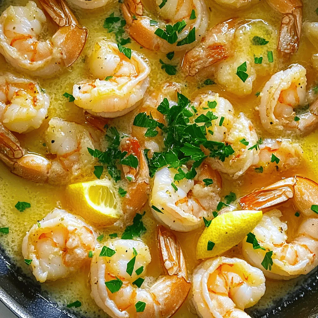- 1 pound large shrimp, peeled and deveined - 4 tablespoons unsalted butter - 4 cloves garlic, finely minced - 1 tablespoon freshly squeezed lemon juice - 1/4 cup fresh parsley, coarsely chopped To make this dish shine, you need just five simple ingredients. The large shrimp are the star. Use good quality shrimp, as they make a big difference. Peel and devein them for the best texture. Next, the unsalted butter adds richness. It melts beautifully and brings all the flavors together. Garlic is key in this recipe. Mince it finely so it releases its strong flavor. Fresh lemon juice brightens the dish and adds a burst of flavor. Lastly, fresh parsley not only adds color but also freshness. It complements the richness of the butter and shrimp. - Salt and pepper to taste - Red pepper flakes for heat - Parmesan cheese for added flavor For those who like a kick, add red pepper flakes. They give your garlic butter shrimp a nice heat. You can adjust the amount based on your taste. Also, sprinkle some salt and pepper to enhance the flavors. If you want an extra layer of taste, try adding grated Parmesan cheese. It melts into the dish and adds a wonderful depth of flavor. For the full recipe, check out the Garlic Butter Shrimp Delight 🧄. To prepare shrimp for cooking, you start with fresh, large shrimp. Ensure they are peeled and deveined. This process helps remove the shell and the dark vein on the back. Rinse the shrimp under cold water and pat them dry with a paper towel. This step is crucial for even cooking. Fresh garlic and parsley are key to this dish. Garlic adds a rich flavor, while parsley brings a fresh note. Use four cloves of garlic, finely minced. For parsley, a quarter cup coarsely chopped will do. Fresh ingredients make your dish taste better and look appealing. Begin by heating your large skillet over medium heat. Add four tablespoons of unsalted butter. Let it melt completely, swirling the pan gently. This step ensures the butter coats the skillet well. Once the butter is bubbling, add the minced garlic. Sauté the garlic for one to two minutes, stirring constantly. You want it fragrant and slightly golden, but not burnt. Burnt garlic tastes bitter and ruins the dish. Next, add the shrimp in a single layer. Let them cook undisturbed for two to three minutes. Watch as they turn a lovely pink color. This means they are cooking well. Flip the shrimp over using tongs or a spatula. Drizzle one tablespoon of lemon juice over them. Stir gently to coat the shrimp in the garlic butter. Cook for another two to three minutes until they are firm and fully cooked. Once done, remove the skillet from heat. Sprinkle the chopped parsley over the shrimp. Toss gently to mix. This adds freshness and color to your dish. Serve the garlic butter shrimp immediately. You can place them over a bed of white rice or next to a fresh green salad. This adds volume and makes the dish more filling. For a nice touch, include lemon wedges on the side. Guests love squeezing lemon juice over their shrimp for an added zing. With these steps, you can create a dish that looks and tastes like restaurant-quality food. For the full recipe, check out the complete guide. To avoid overcooking shrimp, watch the color closely. Shrimp cook fast. They turn pink and opaque when done. Cook them for about 2-3 minutes on each side. If they curl tightly, they might be overdone. Remove them from heat quickly. For sautéing garlic without burning, keep the heat low. Start with medium heat and add the garlic once the butter is bubbling. Stir constantly for 1-2 minutes. If it turns brown, it can taste bitter. You want it fragrant and just golden. To add flavor, consider fresh herbs. Parsley is great, but you can also use basil or thyme. These herbs add freshness. Red pepper flakes bring some heat if you like spicy. A sprinkle of lemon zest can also brighten the dish. You can vary the garlic butter recipe too. Try adding a splash of white wine for depth. For a richer taste, mix in a bit of cream. You can also swap out butter for olive oil for a lighter version. For even cooking, use a heavy skillet. A cast-iron skillet works well. It holds heat nicely and cooks shrimp evenly. A non-stick pan is another good choice if you want easy cleanup. When prepping shrimp, a good pair of kitchen shears helps. They make it easy to cut off shells. A sharp knife is also useful for mincing garlic finely. Fresh garlic gives the best taste, so always use whole cloves instead of jarred. {{image_4}} You can easily swap shrimp for other seafood. Scallops or fish work great. Just adjust cooking time based on the seafood you choose. For a lighter dish, try using olive oil instead of butter. It adds a nice flavor while keeping it healthy. Adding herbs can change the taste a lot. Try thyme or cilantro for a twist. If you like heat, add red pepper flakes or chopped chilies. This makes a spicy garlic butter shrimp that packs a punch. For those with dietary needs, you can find alternatives. Use coconut oil instead of butter for a dairy-free option. Always check labels to ensure that your items are gluten-free. This way, you can enjoy a meal that fits your needs without missing out on flavor. After enjoying your garlic butter shrimp, store leftovers in an airtight container. Make sure to cool them to room temperature first. Refrigerate them right away to keep them fresh. You can store them for up to three days. If you want to save them for longer, freeze the shrimp. Place them in a freezer-safe bag, removing as much air as possible. This helps prevent freezer burn. They can last in the freezer for up to three months. To reheat your shrimp, use a skillet over low heat. This method helps retain the shrimp's flavor and texture. You can add a little butter or olive oil to keep them moist. Stir gently to avoid overcooking. If you want to use a microwave, place the shrimp in a microwave-safe dish. Cover it with a damp paper towel to keep moisture in. Heat for short bursts, checking often. Avoid high heat to prevent rubbery shrimp. Garlic butter shrimp can safely stay in the fridge for about three days. If you freeze them, they can last for three months. Always check for signs of spoilage. Look for a sour smell or changes in color. If anything seems off, it’s best to toss it. Enjoy your garlic butter shrimp from the [Full Recipe] with confidence, knowing how to store and reheat them! How long does it take to cook shrimp? Cooking shrimp is quick. It takes about 5 to 6 minutes. You want them to turn pink and opaque. This shows they are done. Overcooking makes them tough, so watch closely. Can I use frozen shrimp for this recipe? Yes, you can use frozen shrimp! Just thaw them first. Place them in cold water for 15 to 20 minutes. This helps them cook evenly. Is garlic butter shrimp healthy? Garlic butter shrimp can be healthy. Shrimp is low in calories and high in protein. Garlic adds flavor and may help your heart. Just watch the butter, as it adds fat. How many calories are in garlic butter shrimp? A serving typically has about 250 to 300 calories. This can change with added sides like rice. Always check your portion size when you serve it. What can I use instead of shrimp? If you don’t like shrimp, use chicken or tofu. Both soak up the garlic butter flavor well. Adjust cooking times as needed for different proteins. Alternatives for butter in a garlic sauce recipe You can replace butter with olive oil. It gives a nice flavor and is healthier. Coconut oil is another option for a different taste. Garlic butter shrimp is simple and tasty, using fresh shrimp, garlic, and butter. You can add flavors with seasonings, herbs, or cheese. Pay attention to cooking times to keep shrimp tender. Explore variations to adapt the dish for different diets or personal tastes. Proper storage helps keep leftovers fresh. Now you have the tools to impress at your next meal. Enjoy creating your own garlic butter shrimp masterpiece!