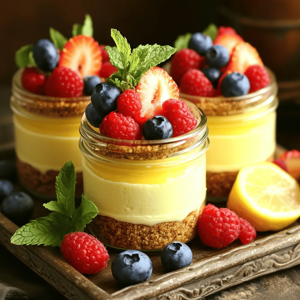 To make your no-bake cheesecake jars, you need some key ingredients. Here’s what you’ll need: - 1 cup graham cracker crumbs - 1/4 cup unsalted butter, melted - 2 (8 oz) packages cream cheese, softened - 1 cup powdered sugar - 1 teaspoon pure vanilla extract - 1 cup heavy whipping cream These ingredients create a creamy and rich cheesecake filling. The graham cracker crumbs form a tasty crust that holds everything together. You can mix things up by adding optional ingredients. Here are some ideas: - 1/4 cup freshly squeezed lemon juice for a tangy twist - 1/2 cup melted chocolate for a chocolate cheesecake - 1 teaspoon almond extract for a nutty flavor - 1/2 cup crushed cookies for a fun crunch These options let you customize your cheesecake jars to suit your taste. Garnishing your cheesecake jars makes them look and taste even better. Here are some great ideas: - 1/2 cup fresh berries (strawberries, blueberries, or raspberries) - A drizzle of chocolate or caramel sauce - A sprinkle of crushed nuts or cookies - Fresh mint leaves for a pop of color These toppings add flavor and make your dessert visually appealing. You’ll impress your friends and family with these beautiful no-bake cheesecake jars. For a complete recipe, check the [Full Recipe]. To make the crust, grab a medium bowl. Add 1 cup of graham cracker crumbs and 1/4 cup of melted butter. Mix them well until the crumbs look like wet sand. This mix should hold together when you press it. Take about 2 tablespoons of this mixture and put it in each jar. Press down gently with a spoon or your fingers. Aim for an even layer at the bottom. Set the jars aside while you prepare the filling. Next, we will make the cheesecake filling. In a large bowl, beat 2 packages of softened cream cheese using an electric mixer. Mix on medium speed until it’s smooth. Add 1 cup of powdered sugar and 1 teaspoon of vanilla extract. Keep mixing until fluffy. In another bowl, whip 1 cup of heavy cream until stiff peaks form. Gently fold the whipped cream into the cream cheese mix using a spatula. If you want a tangy twist, fold in 1/4 cup of fresh lemon juice. Now, it’s time to assemble the jars. Use a spoon or a piping bag to fill each jar with the cheesecake filling. Layer it over the crust until the jars are about three-quarters full. Cover each jar with a lid or plastic wrap. Place them in the fridge to chill for at least 4 hours. If you want a firmer cheesecake, refrigerate overnight. When ready to serve, top each jar with fresh berries. This adds color and flavor to your dessert. Enjoy your no-bake cheesecake jars! For the full recipe, check out the complete instructions. To get a smooth filling, first ensure your cream cheese is soft. Let it sit at room temperature for at least 30 minutes before mixing. Use an electric mixer on medium speed to beat the cream cheese until there are no lumps. Gradually add powdered sugar and vanilla, mixing well. This step is key for a creamy texture. For perfect whipped cream, start with cold heavy cream. Use a chilled bowl and whisk. Beat the cream until stiff peaks form. Be careful not to overwhip; it can turn grainy. Gently fold the whipped cream into the cream cheese mixture. This keeps the filling light and airy, making it delightful! Avoid using cold cream cheese. It makes lumps impossible to mix out. Don’t rush the whipping process. Take your time to get stiff peaks. Also, don’t skip chilling the jars. Chilling helps the flavors meld and firms up the filling. These small tips will help you create a perfect no-bake cheesecake every time! {{image_4}} You can easily change the flavor of your no-bake cheesecake jars. Try adding chocolate for a rich twist. Just mix in melted chocolate with the cream cheese. For a fresh taste, use lemon juice and zest. It adds brightness and pairs well with fresh berries. Other fruit purees, like mango or raspberry, work great too. Each flavor brings something unique to the dessert. Need a gluten-free option? Just swap graham crackers for gluten-free cookies. For a vegan treat, use vegan cream cheese and coconut cream instead of heavy cream. You can also use maple syrup as a sweetener. This way, everyone can enjoy these delicious jars, no matter their diet. Serve these jars at parties or family gatherings. They look lovely on a dessert table. For a fun touch, add a scoop of ice cream on top. You can also sprinkle some crushed nuts for texture. If you want to impress, drizzle chocolate or caramel sauce over the top. These small tweaks make each jar a delightful treat! Explore the full recipe for more ideas. To keep your no-bake cheesecake jars fresh, store them in the fridge. Use airtight lids or plastic wrap to cover each jar. This keeps them safe from odors and moisture. Make sure your jars sit flat on a shelf. Avoid stacking them to prevent spills. No-bake cheesecake jars last about 4 to 5 days in the fridge. The flavors get better as they sit. However, for the best taste and texture, enjoy them within 3 days. After that, the crust may get a bit soggy. You can freeze these jars for up to 2 months. Before freezing, leave off the fresh berries. They do not freeze well. Instead, add them just before serving. To freeze, wrap each jar tightly in plastic wrap and then in foil. This prevents freezer burn. For best results, thaw them in the fridge overnight before serving. Enjoy your no-bake cheesecake anytime! No-Bake Cheesecake Jars last about 5 days in the fridge. They stay fresh and tasty during this time. Make sure you store them in an airtight container. This keeps them safe from absorbing other smells in the fridge. If you want the best taste, enjoy them within the first few days. Yes, you can use low-fat cream cheese for this recipe. The texture might be slightly different, but it still works well. Low-fat cream cheese may make the cheesecake a bit less rich. If you prefer a lighter option, this is a good choice. You’ll still enjoy a yummy dessert without all the calories. If you don’t have graham crackers, you can use other options. Try crushed cookies like Oreos or vanilla wafers. You can also use crushed nuts for a gluten-free option. Another choice is to use crushed crackers, such as saltines or digestive biscuits. Just remember to adjust the sugar based on the sweetness of your substitute. No-bake cheesecake jars are simple and fun to make. We covered essential ingredients, different flavors, and tasty toppings. I shared step-by-step instructions to help you prepare the crust, filling, and assembly. You learned useful tips for a smooth mix and whipped cream too. Variations allow you to customize this dessert for any diet or taste. Finally, I shared smart storage tips to keep them fresh. Enjoy creating your own delicious jars!