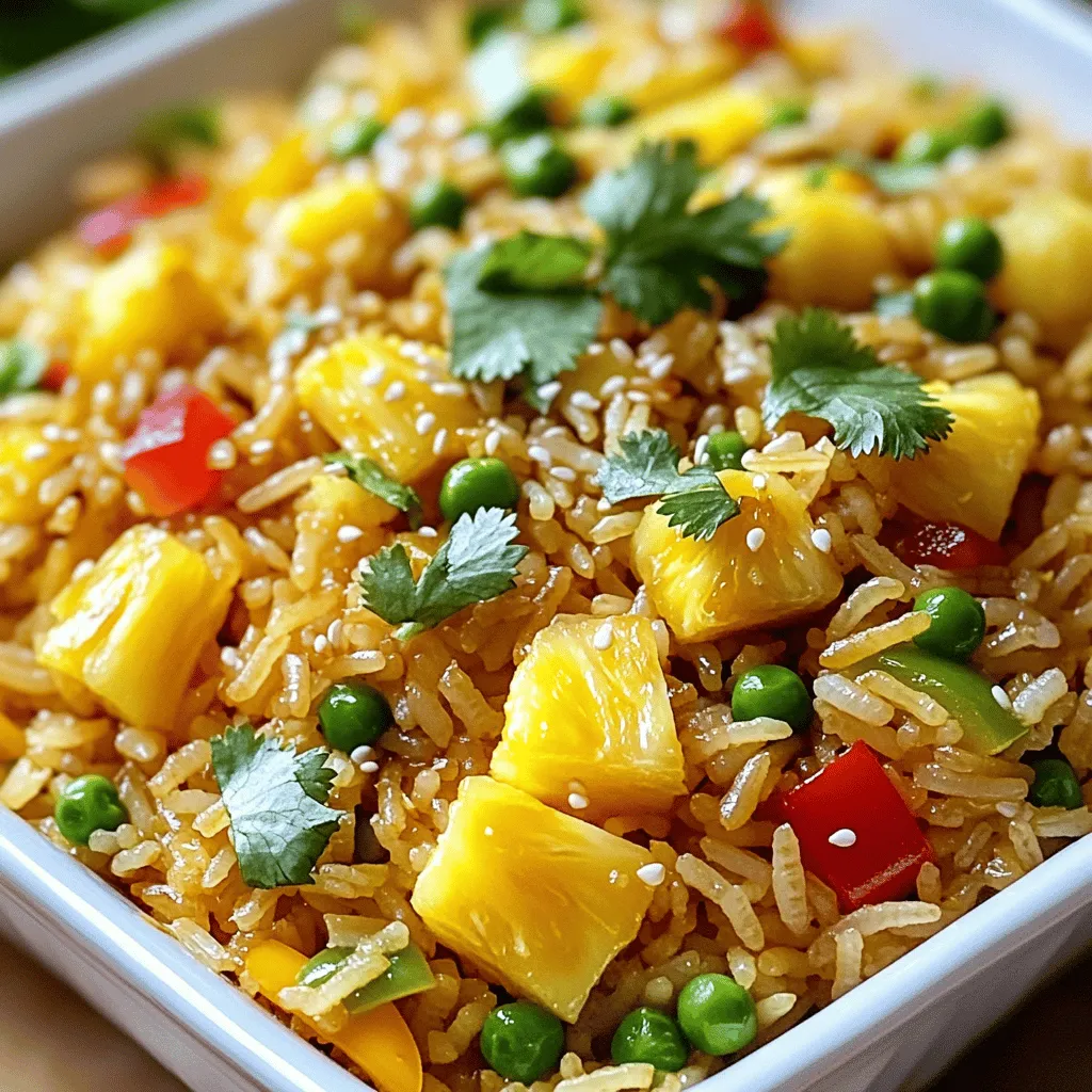 To make this tasty dish, you will need: - 2 cups cooked jasmine rice (preferably refrigerated overnight for best results) - 1 cup fresh pineapple chunks - 1 tablespoon vegetable oil - 1 small onion, finely chopped - 2 cloves garlic, minced - 1 small red bell pepper, diced - 1 small green bell pepper, diced - 1 cup frozen peas - 2 green onions, chopped (white and green parts separated) - 3 tablespoons soy sauce - 1 tablespoon sesame oil - 1 teaspoon curry powder - Salt and pepper to taste - Fresh cilantro for garnish - Optional: 1-2 scrambled eggs or diced tofu for added protein If you want to switch things up, here are some ideas: - Use brown rice instead of jasmine for more fiber. - Swap fresh pineapple for canned pineapple in juice. - Try olive oil or coconut oil instead of vegetable oil. - For a spicy kick, add diced jalapeños or sriracha. - If you prefer, use chicken, shrimp, or tofu instead of eggs. Choosing the right ingredients makes a big difference. Here’s how: - Select ripe pineapples with a sweet smell. - Look for firm, bright bell peppers without blemishes. - Choose onions that are smooth and heavy for their size. - Buy frozen peas that are bright green and not clumped together. - Fresh herbs like cilantro should appear vibrant and fragrant. For the full recipe, check the detailed instructions. Enjoy cooking! First, gather all your ingredients. You need: - 2 cups cooked jasmine rice (preferably refrigerated overnight for best results) - 1 cup fresh pineapple chunks - 1 tablespoon vegetable oil - 1 small onion, finely chopped - 2 cloves garlic, minced - 1 small red bell pepper, diced - 1 small green bell pepper, diced - 1 cup frozen peas - 2 green onions, chopped (white and green parts separated) - 3 tablespoons soy sauce - 1 tablespoon sesame oil - 1 teaspoon curry powder - Salt and pepper to taste - Fresh cilantro for garnish - Optional: 1-2 scrambled eggs or diced tofu for added protein Next, chop the onion and bell peppers. Keep the white and green parts of the green onions separated. Make sure your pineapple chunks and cold rice are ready. Now, heat a large skillet or wok. Add the vegetable oil over medium-high heat until it shimmers. Add the chopped onion and minced garlic to the skillet. Stir for 2-3 minutes. The onion should turn translucent and smell good. Next, add the diced red and green bell peppers. Cook for another 2-3 minutes. They should soften nicely. Now, add the pineapple chunks to the skillet. Cook for about 2 minutes. This helps the pineapple caramelize and release its sweet juices. If you want to add protein, push the mixture to one side of the skillet. On the empty side, add scrambled eggs or diced tofu. Cook until fully set. Then, add the cold jasmine rice to the skillet. Fold it gently into the mixture. Break up any rice clumps with your spatula. Stir-fry for about 5 minutes until the rice is heated through. Drizzle soy sauce and sesame oil over the rice. Sprinkle in curry powder, salt, and pepper. Stir well to coat everything evenly. Now, fold in the frozen peas and the white parts of the chopped green onions. Cook for another 2 minutes to warm the peas. Finally, taste your fried rice and adjust the seasoning as needed. When it’s to your liking, remove the skillet from heat. Serve hot, garnished with the green parts of the green onions and fresh cilantro for a bright finish. For more details, check the Full Recipe. When making pineapple fried rice, avoid using fresh rice. Fresh rice clumps together. Use cold, day-old rice instead. This helps each grain stay separate. Also, don’t skip the soy sauce. It adds vital flavor. Lastly, avoid overcooking the pineapple. You want it to be juicy, not mushy. For the best results, use a large skillet or wok. A non-stick surface helps prevent sticking. A sturdy spatula is great for stirring. If you have a rice cooker, use it for perfect jasmine rice. A good knife and cutting board are essential for chopping. To achieve a restaurant-style taste, use high-quality soy sauce. Look for brands that are naturally brewed. Add sesame oil for a nutty depth. Use fresh garlic and onion for a strong aroma. Lastly, don’t rush the cooking. Allow time for flavors to meld together. This creates a delicious and rich dish. For more detailed instructions, check the Full Recipe. {{image_4}} You can easily make pineapple fried rice vegetarian or vegan. Simply skip the eggs if you want it vegan. Use diced tofu instead for protein. Tofu soaks up flavors well. It adds a great texture to the dish. For extra veggies, add carrots, broccoli, or snap peas. They add color and crunch. If you want more protein, consider adding chicken or shrimp. Cook the protein in the skillet before adding other ingredients. Bite-sized pieces work best. For chicken, use boneless, skinless pieces. For shrimp, choose fresh or frozen, peeled and deveined. Tofu is great too. It takes on the taste of the dish well. Want a kick? Add chili peppers for heat. You can use fresh or dried peppers. Slice fresh peppers thinly and sauté them with the onions. For dried chili flakes, sprinkle them in while cooking. Adjust the amount to your taste. This makes the dish exciting and full of flavor. For the full recipe, refer to the Tropical Delight Pineapple Fried Rice section. To keep your pineapple fried rice fresh, store it in an airtight container. Allow it to cool to room temperature before sealing. This helps avoid moisture build-up, which can cause sogginess. Place the container in the fridge. It will stay good for up to three days. If you want to keep it longer, consider freezing. When reheating, use a skillet for best results. Heat a small amount of oil over medium heat. Add the rice and stir frequently. This prevents sticking and ensures even heating. You can also use a microwave. Place the rice in a microwave-safe bowl. Cover it with a damp paper towel to keep moisture in. Heat it in short bursts, stirring in between, until warm. To freeze pineapple fried rice, let it cool completely. Portion it into freezer-safe bags or containers. Remove as much air as possible before sealing. This helps prevent freezer burn. Label the bags with the date. It can last up to three months in the freezer. When ready to eat, thaw it in the fridge overnight before reheating. For the full recipe, check out the Tropical Delight Pineapple Fried Rice! To make the best pineapple fried rice, start with cold jasmine rice. This helps keep the rice from getting mushy. Use fresh pineapple chunks for a sweet burst of flavor. Sauté onions and garlic in hot oil to build flavor. Cook bell peppers until they soften, then add the pineapple. This step adds a nice caramelized taste. Combine everything with the cold rice. Stir-fry for about five minutes to heat through. Finish with soy sauce, sesame oil, and curry powder for a rich flavor. Yes, you can use brown rice instead of jasmine rice. Brown rice adds a nutty flavor and more fiber. However, it may require a longer cooking time. Be sure to cook the brown rice ahead of time and let it cool. This helps it mix well without clumping. Adjust the seasoning since brown rice has a stronger taste. Pineapple fried rice pairs well with many side dishes. Here are some tasty options: - Spring rolls: These are light and crispy. - Thai salad: A fresh salad with herbs adds crunch. - Grilled chicken: Simple grilled chicken adds protein. - Steamed veggies: Lightly steamed veggies are a great option too. These sides can enhance your meal while keeping it balanced and delicious! For the full recipe, please refer to the [Full Recipe]. Pineapple fried rice is a tasty dish to make. We covered key ingredients, tips for freshness, and substitutions. You learned step-by-step instructions and how to avoid common mistakes. We also explored fun variations for all diets. Storing leftovers correctly keeps your meal fresh. In the end, this dish is easy and satisfying. Enjoy your cooking journey and impress your friends and family!