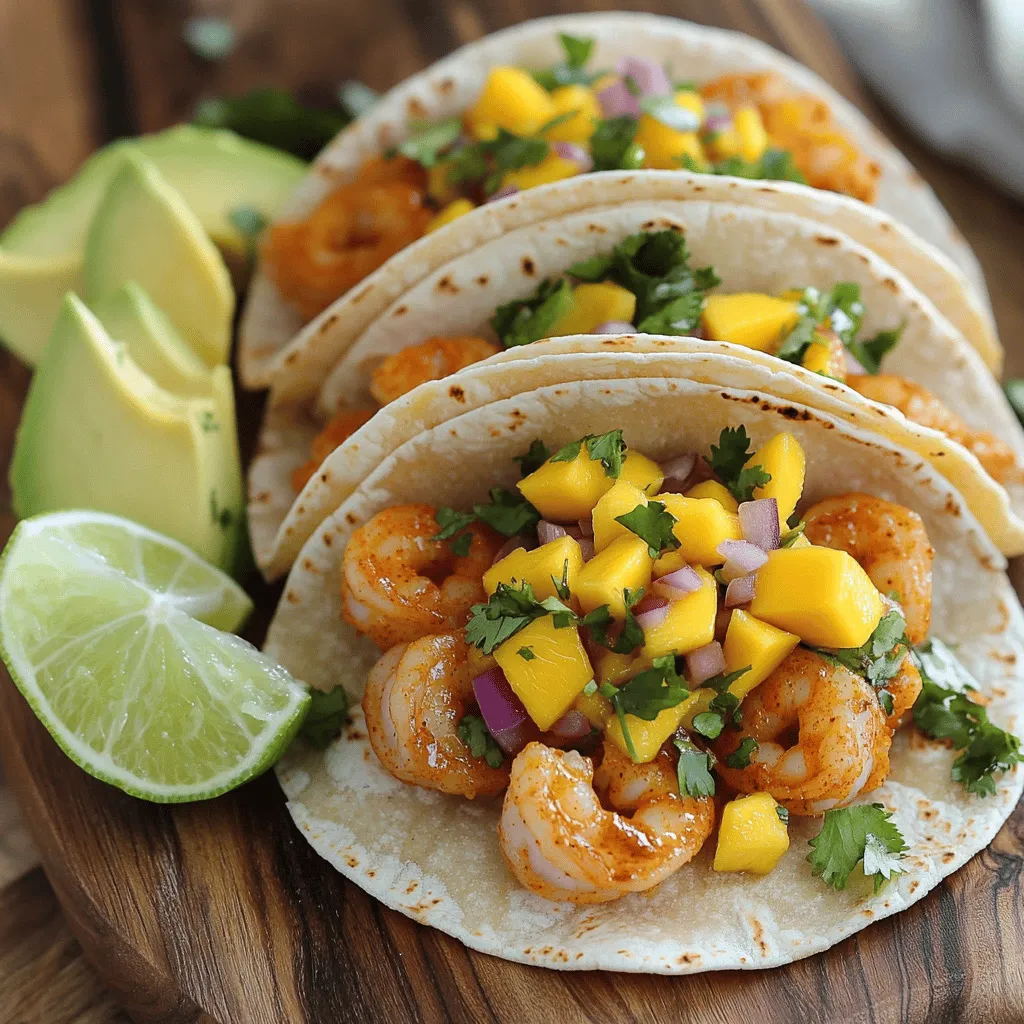 - 1 pound large shrimp, deveined and peeled - 1 tablespoon olive oil - 1 teaspoon smoked paprika - 1 teaspoon ground cumin - 1 teaspoon garlic powder - 1/2 teaspoon cayenne pepper (adjust to your spice preference) - Salt and freshly cracked black pepper, to taste - 8 small corn tortillas - 1 avocado, sliced thinly To create the perfect spicy shrimp tacos, start with fresh, large shrimp. Make sure they are deveined and peeled for easy eating. The marinade is key. Use olive oil and spices like smoked paprika, cumin, garlic powder, and cayenne pepper. Adjust the cayenne for your spice level. A sprinkle of salt and black pepper adds flavor too. Warm corn tortillas are a must. They hold the shrimp and toppings well. Top with creamy avocado slices to balance out the spice. - 1 ripe mango, diced into small cubes - 1/2 red onion, minced finely - 1 jalapeño pepper, deseeded and finely chopped - 2 tablespoons fresh cilantro, roughly chopped - Juice of 1 fresh lime - Salt to taste Next, let's talk about the mango salsa. Use a ripe mango for the best sweetness. Dice it into small cubes for easy mixing. Red onion adds crunch and flavor. A jalapeño gives it a nice kick, but you can skip the seeds if you want less heat. Fresh cilantro brightens the salsa, and lime juice enhances all the flavors. A touch of salt will make everything pop. - Lime wedges for serving alongside - Additional toppings and garnishes, like radishes or extra cilantro Lastly, consider optional ingredients. Lime wedges are great for serving. They add a zesty finish when squeezed over the tacos. You can also add extra toppings like radishes for crunch or more cilantro for freshness. If you want to dive deeper into this flavor journey, check the Full Recipe for detailed instructions. To start, grab a medium bowl. In this bowl, combine the shrimp with olive oil, smoked paprika, ground cumin, garlic powder, cayenne pepper, salt, and black pepper. Use your hands or a spoon to mix well. This helps the shrimp soak up all the tasty flavors. Cover the bowl tightly and refrigerate for 15 to 20 minutes. This marinating time is key for flavor infusion. While the shrimp marinates, let’s make the mango salsa. In a separate bowl, mix diced mango, minced red onion, chopped jalapeño, and cilantro. Squeeze the juice from one lime over the mixture. Gently stir to combine all ingredients. Adding a pinch of salt boosts the flavors. Set the salsa aside to rest. This resting time allows the flavors to meld together beautifully. Now, it’s time to cook the shrimp. Preheat a skillet or grill pan over medium-high heat. Once hot, add the marinated shrimp in a single layer. Cook for 2 to 3 minutes on each side. The shrimp should turn a lovely pink color and be opaque throughout. Remove the pan from heat and let the shrimp rest for a minute. This helps keep them juicy and tender. Next, we’ll warm the tortillas. Heat a dry skillet over medium heat. Place a few corn tortillas in the pan and warm each side for about 30 seconds. They should be pliable but not crispy. Keep the tortillas warm by wrapping them in a kitchen towel. This makes them easy to fold and fill later. Now for the fun part: assembling the tacos! Take a warmed tortilla and place a few cooked shrimp in the center. Top it with a generous spoonful of mango salsa. Add two or three slices of avocado for creaminess. This combination creates a burst of flavor in each bite. For presentation, arrange the tacos on a decorative platter. Let the colorful salsa spill out from the sides. Garnish with extra cilantro for a pop of color. Serve lime wedges alongside. Encourage everyone to squeeze fresh lime juice on their tacos before enjoying. This adds an extra layer of zest to each bite. You can find the full recipe at the beginning of this article. Enjoy your spicy shrimp tacos with mango salsa! To cook shrimp just right, follow these steps: - Temperature Tips: Cook shrimp at medium-high heat. This helps them cook quickly without becoming rubbery. The shrimp should turn pink and opaque when done. - Common Mistakes to Avoid: Do not overcrowd the pan. This can cause steaming rather than searing. Also, avoid cooking shrimp too long. They cook fast, usually in 2-3 minutes per side. The right mango makes all the difference. Here’s how to choose the best one: - Tips for Selecting the Ripest Mango: Look for mangoes that feel slightly soft when you press them. A sweet aroma near the stem is a good sign too. - Variations for Additional Flavor Profiles: Try adding diced bell peppers for crunch or a splash of orange juice for sweetness. You can also mix in fresh mint for a unique twist. Choosing the right tortilla can elevate your tacos: - Choosing the Right Tortilla Type for Shrimp Tacos: Corn tortillas are best for shrimp tacos. They have a nice flavor and hold up well. - Alternative Methods for Warming Tortillas: You can warm tortillas in a dry skillet or wrap them in foil and heat in the oven. For a smoky flavor, grill them for a few seconds on each side. For the full recipe, check out Spicy Shrimp Tacos with Mango Salsa. {{image_4}} You can cook shrimp in many ways. Each method adds unique flavors and textures. Here are three great options: - Grilled: This method gives shrimp a smoky taste. Skewering shrimp makes flipping easy. Grill for 2-3 minutes on each side until they turn pink. - Sautéed: Heat olive oil in a pan over medium heat. Add shrimp and cook for about 2-3 minutes on each side. This keeps shrimp juicy and tender. - Baked: For a healthier approach, bake shrimp at 400°F (200°C) for 8-10 minutes. This method is simple and requires very little hands-on time. You can switch up the mango salsa for a fresh twist. Here are a few fun alternatives: - Pineapple Salsa: Mix diced pineapple, red onion, jalapeño, and cilantro. Add lime juice and a pinch of salt. This salsa is sweet and tangy. - Peach Salsa: Use diced peaches instead of mango. Combine with onion, jalapeño, and lime juice. This adds a juicy flavor to your tacos. Feel free to get creative with taco toppings! Here are some ideas to enhance your dish: - Cheese: Add crumbled feta or shredded cheddar for a creamy touch. - Hot Sauce: Drizzle your favorite hot sauce for extra heat. - Lettuce: Crisp lettuce adds crunch and freshness. - Crema: A dollop of sour cream or lime crema balances the spice. By mixing and matching these variations, you can enjoy a new flavor burst each time you make spicy shrimp tacos. For the full recipe, check out the link! Store leftover shrimp and salsa in airtight containers. Refrigerate them right away. Keep shrimp and salsa separate to maintain freshness. They will last about two days in the fridge. If you want to enjoy the flavors later, consider wrapping the tacos in foil before storing. Yes, you can freeze cooked shrimp. To freeze, let the shrimp cool completely. Place them in a freezer bag and remove as much air as possible. Seal the bag tightly. Shrimp can stay frozen for up to three months. When you're ready to eat, thaw them in the fridge overnight. Reheat in a pan on low heat for the best texture. Properly stored shrimp can last in the fridge for one to two days. Salsa should also stay fresh for about two days. Corn tortillas can last for a week or more when kept in a cool, dry place. Always check for freshness before using. The key to tasty shrimp tacos lies in a good seasoning blend. I recommend using: - Smoked paprika - Ground cumin - Garlic powder - Cayenne pepper (to taste) - Salt and black pepper This blend gives a great smoky and spicy flavor. You can adjust the cayenne based on how much heat you like. Marinate the shrimp for at least 15 minutes for the best flavor. Yes, you can prep shrimp tacos ahead of time. Cook the shrimp and make the mango salsa, then store them separately in the fridge. - Keep the shrimp in an airtight container. - Store the salsa in a bowl with a lid. This keeps everything fresh. Warm the shrimp just before serving. You can also heat the tortillas quickly, so they stay soft. If you want to change it up, you can use many different proteins. Here are some great options: - Chicken breast, diced - Tofu, cubed - Fish like tilapia or cod - Even jackfruit for a vegan option Each alternative can soak up the same great spices. Adjust cooking times based on your choice. Yes, spicy shrimp tacos can easily be gluten-free! Just make sure to use corn tortillas. They are naturally gluten-free. Check labels on all your other ingredients to be safe. This way, you can enjoy your meal without worry. To kick up the heat, consider these tips: - Use more cayenne pepper in the marinade. - Add sliced jalapeños to the tacos. - Serve with a spicy salsa or hot sauce. You can also try adding a dash of chili powder or a sprinkle of red pepper flakes for more spice. Adjust to your taste for a perfect heat level! For the full recipe, check out the [Full Recipe]. In this blog post, we explored how to create tasty spicy shrimp tacos from scratch. We covered the main ingredients, like shrimp, corn tortillas, and fresh mango salsa. You learned step-by-step how to marinate, cook, and serve them for the best flavor. Key tips ensured your shrimp cooks well and your salsa shines. Remember, you can customize these tacos to fit your taste. Enjoy experimenting with different shrimp preparations and salsas. With a bit of practice, you'll impress everyone with your taco skills!