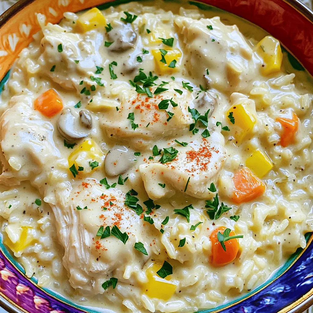 - 1 pound boneless, skinless chicken thighs, cut into bite-sized pieces - 1 cup long-grain white rice, rinsed and drained - 1 medium onion, finely chopped - 2 cloves garlic, minced - 1 cup frozen mixed vegetables (peas, carrots, corn) I love using chicken thighs for this dish. They stay juicy and tender. The rice absorbs all the flavors. The onion and garlic add a nice base. Frozen vegetables make it easy and quick. - 2 cups low-sodium chicken broth - 1 cup cream of mushroom soup (store-bought or homemade) - 1 teaspoon garlic powder - 1 teaspoon onion powder - 1 teaspoon dried thyme - 1 teaspoon paprika - Salt and freshly ground black pepper, to taste - 2 tablespoons olive oil The broth gives rich flavor. Cream of mushroom soup adds creaminess. Garlic and onion powders boost the taste. Thyme and paprika add depth. Adjust salt and pepper for your taste. - Fresh parsley, chopped, for garnish Garnishing with fresh parsley adds color and brightness. You can also add more herbs if you like. A sprinkle of paprika on top looks nice too. For the full recipe, check out the [Full Recipe]. - <strong>Sautéing Until Golden Brown</strong> Set your Instant Pot to the sauté function. Pour in the olive oil and let it heat. Add the chicken pieces and season them with salt, pepper, garlic powder, and onion powder. Sauté the chicken for about 5 minutes until it turns golden brown. This step locks in flavor and adds a nice crust. – <strong>Seasoning Tips</strong> Using fresh herbs can enhance flavor. Try adding dried thyme and paprika for a warm, earthy taste. Adjust the amount of salt based on your preference and dietary needs. – <strong>Softening Onion and Garlic</strong> After removing the chicken, add chopped onion and minced garlic to the pot. Sauté them for 2 to 3 minutes. Stir often until the onions are soft and see-through. This builds a tasty base for your casserole. – <strong>Importance of Base Flavors</strong> Onion and garlic are key to creating depth in your dish. They add richness that complements the chicken and rice. – <strong>Mixing Rice and Broth</strong> Return the chicken to the pot. Add the rinsed rice and low-sodium chicken broth. Sprinkle in dried thyme and paprika. Stir gently to ensure the rice is covered with liquid. This step is crucial for even cooking. – <strong>Adding Vegetables and Soup</strong> Now, mix in the frozen vegetables and the cream of mushroom soup. Stir until everything is well combined. This adds creaminess and nutrition to your meal. – <strong>Setting Up Pressure Cooking</strong> Close the lid and check the steam release valve. Make sure it’s set to sealing. Select the Manual or Pressure Cook setting for 10 minutes. This locks in moisture and flavors. – <strong>Natural Pressure Release</strong> Once the timer goes off, let the pressure release naturally for 10 minutes. This helps the rice finish cooking and keeps it fluffy. After that, carefully switch the valve to venting to let out any remaining steam. – <strong>Fluffing the Casserole</strong> Open the lid and use a fork to fluff the casserole. Mix gently so the rice stays intact. This gives your dish a light and airy texture. – <strong>Adjusting Seasoning and Serving</strong> Taste your casserole and adjust the seasoning as needed. You may want to add more salt or pepper. Serve in colorful bowls and garnish with fresh parsley for a lovely presentation. For the full recipe, check the earlier section. To make your casserole burst with flavor, use fresh herbs. I love adding thyme and parsley. They bring brightness to the dish. If you don’t have fresh herbs, use dried ones. Just remember that dried herbs are stronger. Use less than you would of fresh. For depth, consider adding a splash of soy sauce or Worcestershire sauce. It adds a savory kick. You can also swap chicken thighs for breasts if you prefer. However, thighs stay juicier, which helps with flavor. Always check the sealing ring on your Instant Pot. If it’s damaged, you won’t get a proper seal. This can lead to uneven cooking. Proper sealing is key for pressure cooking to work well. If you see a burn notice, do not panic. It often means food stuck to the bottom. Make sure to scrape up any bits after sautéing. This helps prevent that issue and keeps your casserole from burning. When serving, I recommend using colorful bowls. They make the dish pop. A large platter works too if you’re serving a crowd. For garnishing, sprinkle extra parsley on top. A bit of paprika can also add color. These small touches make your casserole look fancy and inviting. {{image_4}} When you cook Instant Pot chicken and rice casserole, you can switch it up in fun ways. Here are some ideas to make your dish unique and tasty. – <strong>Brown Rice or Quinoa Options</strong>: Instead of white rice, try brown rice or quinoa. These grains add more fiber and nutrients. Brown rice takes longer to cook, so adjust your time to 22 minutes. Quinoa cooks in about 8 minutes, but rinse it well first. – <strong>Low-Fat Soups and Creams</strong>: Use low-fat cream of mushroom soup or even a homemade version. You can blend cooked mushrooms with broth to create a lighter base. This keeps your casserole creamy without extra calories. – <strong>Different Vegetables to Include</strong>: You can add fresh or frozen veggies like bell peppers, spinach, or broccoli. This adds color and nutrition to your dish. Just remember to chop them small for even cooking. – <strong>Alternative Protein Sources</strong>: If chicken isn’t your thing, swap it out for turkey or tofu. These options provide different flavors and textures. For tofu, press it to remove moisture and cube it before cooking. – <strong>Inspiration from Global Flavors</strong>: Try adding spices like curry powder or cumin for an Indian twist. You can also use soy sauce and ginger for an Asian flair. This makes your casserole exciting and new. – <strong>Adding Heat or Sweetness</strong>: For spice, toss in some diced jalapeños or red pepper flakes. If you like it sweet, add a touch of honey or maple syrup. Both options change the taste profile and make your meal stand out. For the full recipe, check the detailed instructions and enjoy the journey of cooking! – <strong>Refrigeration Guidelines</strong>: Allow your casserole to cool completely. Store it in an airtight container. It will last for 3 to 4 days in the fridge. Make sure to keep it tightly sealed to prevent drying out. – <strong>Freezing for Future Meals</strong>: For longer storage, you can freeze the casserole. Place it in a freezer-safe container or bag. It will stay fresh for up to 3 months. Label the container with the date for easy reference. – <strong>Best Methods for Microwaving</strong>: To reheat in the microwave, place a portion on a microwave-safe plate. Cover it with a damp paper towel. Heat in short intervals, stirring in between, until hot. This method keeps the rice from drying out. – <strong>Oven Reheating Techniques</strong>: For oven reheating, preheat your oven to 350°F (175°C). Place the casserole in an oven-safe dish. Cover it with aluminum foil to retain moisture. Heat for about 20-30 minutes, checking frequently to avoid overcooking. This dish takes about 30 minutes total. You will spend 15 minutes prepping. The Instant Pot cooks the casserole in about 10 minutes. Yes, you can use brown rice. However, you need to adjust the cooking time. Use 22 minutes instead of 10 minutes. Brown rice takes longer to cook but adds a nice chewy texture. Absolutely! This recipe is great for meal prep. You can make a big batch and store it in the fridge. It keeps well for up to four days. For sides, consider fresh salad or steamed broccoli. These dishes add color and nutrients. You can also serve it with crusty bread for a complete meal. This post covers how to make a delicious Instant Pot Chicken and Rice Casserole. We discussed the key ingredients, seasonings, and optional garnishes. I provided step-by-step instructions and tips for perfect flavor. You learned about variations and how to store leftovers effectively. In the end, this dish is versatile and easy to prepare. Enjoy experimenting with flavors and ingredients. Your next family meal can be simple and tasty!” /></p>
</p>
<h2>Variations</h2>
</p>
<p>When you cook Instant Pot chicken and rice casserole, you can switch it up in fun ways. Here are some ideas to make your dish unique and tasty.</p>
</p>
<h3>Healthier Alternatives</h3>
<p>– <strong>Brown Rice or Quinoa Options</strong>: Instead of white rice, try brown rice or quinoa. These grains add more fiber and nutrients. Brown rice takes longer to cook, so adjust your time to 22 minutes. Quinoa cooks in about 8 minutes, but rinse it well first.</p>
</p>
<p>– <strong>Low-Fat Soups and Creams</strong>: Use low-fat cream of mushroom soup or even a homemade version. You can blend cooked mushrooms with broth to create a lighter base. This keeps your casserole creamy without extra calories.</p>
</p>
<h3>Flavor Swaps</h3>
<p>– <strong>Different Vegetables to Include</strong>: You can add fresh or frozen veggies like bell peppers, spinach, or broccoli. This adds color and nutrition to your dish. Just remember to chop them small for even cooking.</p>
</p>
<p>– <strong>Alternative Protein Sources</strong>: If chicken isn’t your thing, swap it out for turkey or tofu. These options provide different flavors and textures. For tofu, press it to remove moisture and cube it before cooking.</p>
</p>
<h3>Cuisine Tweaks</h3>
<p>– <strong>Inspiration from Global Flavors</strong>: Try adding spices like curry powder or cumin for an Indian twist. You can also use soy sauce and ginger for an Asian flair. This makes your casserole exciting and new.</p>
</p>
<p>– <strong>Adding Heat or Sweetness</strong>: For spice, toss in some diced jalapeños or red pepper flakes. If you like it sweet, add a touch of honey or maple syrup. Both options change the taste profile and make your meal stand out.</p>
</p>
<p>For the full recipe, check the detailed instructions and enjoy the journey of cooking!</p>
</p>
<h2>Storage Info</h2>
</p>
<h3>How to Store Leftovers</h3>
<p>– <strong>Refrigeration Guidelines</strong>: Allow your casserole to cool completely. Store it in an airtight container. It will last for 3 to 4 days in the fridge. Make sure to keep it tightly sealed to prevent drying out.</p>
<p>– <strong>Freezing for Future Meals</strong>: For longer storage, you can freeze the casserole. Place it in a freezer-safe container or bag. It will stay fresh for up to 3 months. Label the container with the date for easy reference.</p>
</p>
<h3>Reheating Tips</h3>
<p>– <strong>Best Methods for Microwaving</strong>: To reheat in the microwave, place a portion on a microwave-safe plate. Cover it with a damp paper towel. Heat in short intervals, stirring in between, until hot. This method keeps the rice from drying out.</p>
<p>– <strong>Oven Reheating Techniques</strong>: For oven reheating, preheat your oven to 350°F (175°C). Place the casserole in an oven-safe dish. Cover it with aluminum foil to retain moisture. Heat for about 20-30 minutes, checking frequently to avoid overcooking.</p>
</p>
<h2>FAQs</h2>
</p>
<h3>How long does it take to cook this dish?</h3>
<p>This dish takes about 30 minutes total. You will spend 15 minutes prepping. The Instant Pot cooks the casserole in about 10 minutes.</p>
</p>
<h3>Can I use brown rice instead of white?</h3>
<p>Yes, you can use brown rice. However, you need to adjust the cooking time. Use 22 minutes instead of 10 minutes. Brown rice takes longer to cook but adds a nice chewy texture.</p>
</p>
<h3>Is this recipe suitable for meal prep?</h3>
<p>Absolutely! This recipe is great for meal prep. You can make a big batch and store it in the fridge. It keeps well for up to four days.</p>
</p>
<h3>What to serve with Instant Pot Chicken and Rice Casserole?</h3>
<p>For sides, consider fresh salad or steamed broccoli. These dishes add color and nutrients. You can also serve it with crusty bread for a complete meal.</p>
</p>
<p>This post covers how to make a delicious Instant Pot Chicken and Rice Casserole. We discussed the key ingredients, seasonings, and optional garnishes. I provided step-by-step instructions and tips for perfect flavor. You learned about variations and how to store leftovers effectively.</p>
</p>
<p>In the end, this dish is versatile and easy to prepare. Enjoy experimenting with flavors and ingredients. Your next family meal can be simple and tasty!</p>
<div id=
