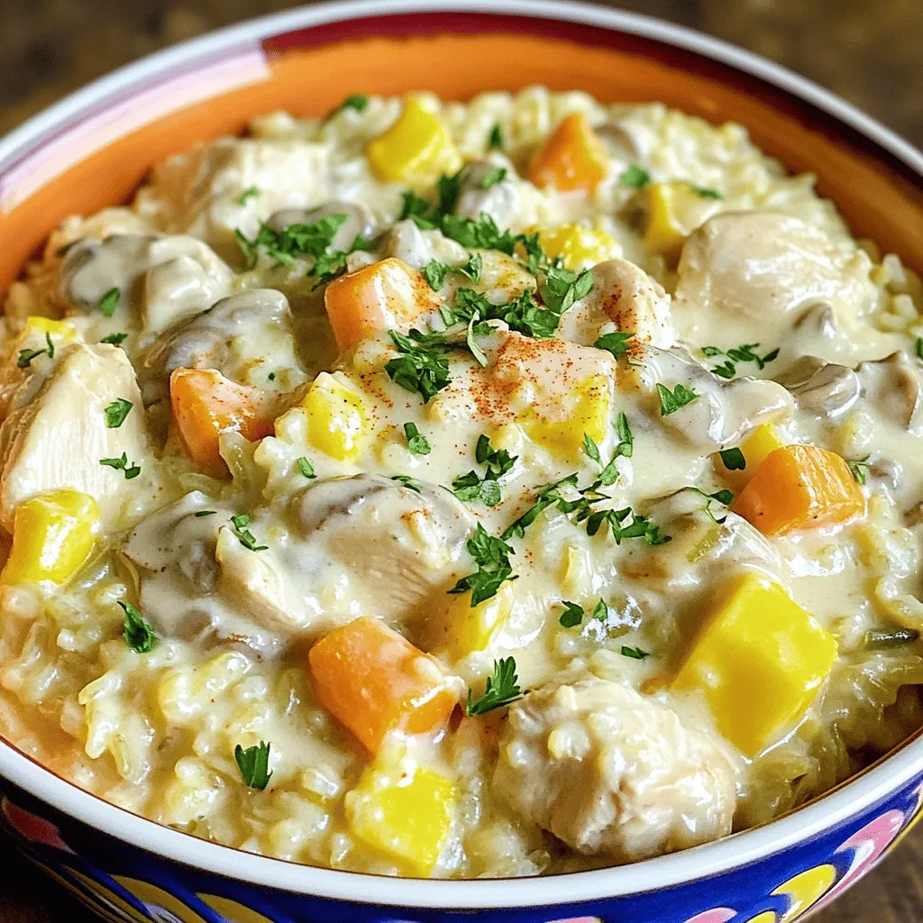 - 1 pound boneless, skinless chicken thighs, cut into bite-sized pieces - 1 cup long-grain white rice, rinsed and drained - 1 medium onion, finely chopped - 2 cloves garlic, minced - 1 cup frozen mixed vegetables (peas, carrots, corn) I love using chicken thighs for this dish. They stay juicy and tender. The rice absorbs all the flavors. The onion and garlic add a nice base. Frozen vegetables make it easy and quick. - 2 cups low-sodium chicken broth - 1 cup cream of mushroom soup (store-bought or homemade) - 1 teaspoon garlic powder - 1 teaspoon onion powder - 1 teaspoon dried thyme - 1 teaspoon paprika - Salt and freshly ground black pepper, to taste - 2 tablespoons olive oil The broth gives rich flavor. Cream of mushroom soup adds creaminess. Garlic and onion powders boost the taste. Thyme and paprika add depth. Adjust salt and pepper for your taste. - Fresh parsley, chopped, for garnish Garnishing with fresh parsley adds color and brightness. You can also add more herbs if you like. A sprinkle of paprika on top looks nice too. For the full recipe, check out the [Full Recipe]. - Sautéing Until Golden Brown Set your Instant Pot to the sauté function. Pour in the olive oil and let it heat. Add the chicken pieces and season them with salt, pepper, garlic powder, and onion powder. Sauté the chicken for about 5 minutes until it turns golden brown. This step locks in flavor and adds a nice crust. - Seasoning Tips Using fresh herbs can enhance flavor. Try adding dried thyme and paprika for a warm, earthy taste. Adjust the amount of salt based on your preference and dietary needs. - Softening Onion and Garlic After removing the chicken, add chopped onion and minced garlic to the pot. Sauté them for 2 to 3 minutes. Stir often until the onions are soft and see-through. This builds a tasty base for your casserole. - Importance of Base Flavors Onion and garlic are key to creating depth in your dish. They add richness that complements the chicken and rice. - Mixing Rice and Broth Return the chicken to the pot. Add the rinsed rice and low-sodium chicken broth. Sprinkle in dried thyme and paprika. Stir gently to ensure the rice is covered with liquid. This step is crucial for even cooking. - Adding Vegetables and Soup Now, mix in the frozen vegetables and the cream of mushroom soup. Stir until everything is well combined. This adds creaminess and nutrition to your meal. - Setting Up Pressure Cooking Close the lid and check the steam release valve. Make sure it’s set to sealing. Select the Manual or Pressure Cook setting for 10 minutes. This locks in moisture and flavors. - Natural Pressure Release Once the timer goes off, let the pressure release naturally for 10 minutes. This helps the rice finish cooking and keeps it fluffy. After that, carefully switch the valve to venting to let out any remaining steam. - Fluffing the Casserole Open the lid and use a fork to fluff the casserole. Mix gently so the rice stays intact. This gives your dish a light and airy texture. - Adjusting Seasoning and Serving Taste your casserole and adjust the seasoning as needed. You may want to add more salt or pepper. Serve in colorful bowls and garnish with fresh parsley for a lovely presentation. For the full recipe, check the earlier section. To make your casserole burst with flavor, use fresh herbs. I love adding thyme and parsley. They bring brightness to the dish. If you don’t have fresh herbs, use dried ones. Just remember that dried herbs are stronger. Use less than you would of fresh. For depth, consider adding a splash of soy sauce or Worcestershire sauce. It adds a savory kick. You can also swap chicken thighs for breasts if you prefer. However, thighs stay juicier, which helps with flavor. Always check the sealing ring on your Instant Pot. If it’s damaged, you won’t get a proper seal. This can lead to uneven cooking. Proper sealing is key for pressure cooking to work well. If you see a burn notice, do not panic. It often means food stuck to the bottom. Make sure to scrape up any bits after sautéing. This helps prevent that issue and keeps your casserole from burning. When serving, I recommend using colorful bowls. They make the dish pop. A large platter works too if you’re serving a crowd. For garnishing, sprinkle extra parsley on top. A bit of paprika can also add color. These small touches make your casserole look fancy and inviting. {{image_4}} When you cook Instant Pot chicken and rice casserole, you can switch it up in fun ways. Here are some ideas to make your dish unique and tasty. - Brown Rice or Quinoa Options: Instead of white rice, try brown rice or quinoa. These grains add more fiber and nutrients. Brown rice takes longer to cook, so adjust your time to 22 minutes. Quinoa cooks in about 8 minutes, but rinse it well first. - Low-Fat Soups and Creams: Use low-fat cream of mushroom soup or even a homemade version. You can blend cooked mushrooms with broth to create a lighter base. This keeps your casserole creamy without extra calories. - Different Vegetables to Include: You can add fresh or frozen veggies like bell peppers, spinach, or broccoli. This adds color and nutrition to your dish. Just remember to chop them small for even cooking. - Alternative Protein Sources: If chicken isn’t your thing, swap it out for turkey or tofu. These options provide different flavors and textures. For tofu, press it to remove moisture and cube it before cooking. - Inspiration from Global Flavors: Try adding spices like curry powder or cumin for an Indian twist. You can also use soy sauce and ginger for an Asian flair. This makes your casserole exciting and new. - Adding Heat or Sweetness: For spice, toss in some diced jalapeños or red pepper flakes. If you like it sweet, add a touch of honey or maple syrup. Both options change the taste profile and make your meal stand out. For the full recipe, check the detailed instructions and enjoy the journey of cooking! - Refrigeration Guidelines: Allow your casserole to cool completely. Store it in an airtight container. It will last for 3 to 4 days in the fridge. Make sure to keep it tightly sealed to prevent drying out. - Freezing for Future Meals: For longer storage, you can freeze the casserole. Place it in a freezer-safe container or bag. It will stay fresh for up to 3 months. Label the container with the date for easy reference. - Best Methods for Microwaving: To reheat in the microwave, place a portion on a microwave-safe plate. Cover it with a damp paper towel. Heat in short intervals, stirring in between, until hot. This method keeps the rice from drying out. - Oven Reheating Techniques: For oven reheating, preheat your oven to 350°F (175°C). Place the casserole in an oven-safe dish. Cover it with aluminum foil to retain moisture. Heat for about 20-30 minutes, checking frequently to avoid overcooking. This dish takes about 30 minutes total. You will spend 15 minutes prepping. The Instant Pot cooks the casserole in about 10 minutes. Yes, you can use brown rice. However, you need to adjust the cooking time. Use 22 minutes instead of 10 minutes. Brown rice takes longer to cook but adds a nice chewy texture. Absolutely! This recipe is great for meal prep. You can make a big batch and store it in the fridge. It keeps well for up to four days. For sides, consider fresh salad or steamed broccoli. These dishes add color and nutrients. You can also serve it with crusty bread for a complete meal. This post covers how to make a delicious Instant Pot Chicken and Rice Casserole. We discussed the key ingredients, seasonings, and optional garnishes. I provided step-by-step instructions and tips for perfect flavor. You learned about variations and how to store leftovers effectively. In the end, this dish is versatile and easy to prepare. Enjoy experimenting with flavors and ingredients. Your next family meal can be simple and tasty!
