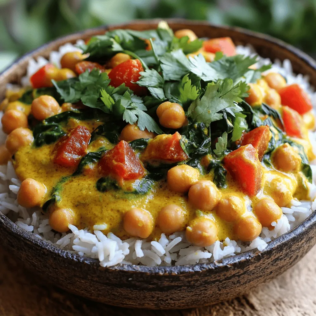 - 2 cups cooked chickpeas (or 1 can, drained and rinsed) - 1 can (14 oz) coconut milk - 1 can (14 oz) diced tomatoes - 1 medium onion, finely chopped - 3 cloves garlic, minced - 1 tablespoon fresh ginger, grated - 1 tablespoon curry powder - 1 teaspoon ground cumin - 1 teaspoon ground turmeric - 1 teaspoon paprika - 1/2 teaspoon chili powder (adjust for spice) - 2 cups fresh spinach, roughly chopped - 2 tablespoons olive oil - Salt and freshly ground black pepper to taste - Fresh cilantro leaves for garnish - Cooked rice or quinoa for serving Chickpeas are the star of this dish. They bring protein and a creamy texture. Use cooked or canned ones for ease. Coconut milk adds richness and blends well with spices. Diced tomatoes give it a fresh taste and color. Spices are vital. Curry powder and turmeric give warmth and depth. Cumin adds earthiness, while paprika offers sweetness. Chili powder brings a kick, but you can adjust it to your liking. - Fresh vegetables (like bell peppers or zucchini) - Protein options (like tofu or tempeh) - Additional garnishes (like lime or toasted nuts) You can change the dish with fresh veggies. Bell peppers or zucchini add color and crunch. Tofu or tempeh boosts protein and makes it heartier. For garnishes, lime adds brightness. Toasted nuts provide crunch and flavor. These options let you personalize your chickpea curry. For the full recipe, check out the details to create this delightful dish. It’s simple and fun to make! 1. Start by heating olive oil in a large pot over medium heat. 2. Once the oil shimmers, add your finely chopped onion. 3. Sauté the onion for about five minutes until it turns golden and soft. 4. Next, stir in the minced garlic and grated ginger. Cook for one minute. 5. Add the spices: curry powder, cumin, turmeric, paprika, and chili powder. 6. Mix everything well and let the spices cook for two to three minutes. 1. Carefully pour in the diced tomatoes with their juices and coconut milk. 2. Stir to blend all the ingredients into a thick sauce. 3. Add the cooked chickpeas to the pot and gently bring the mixture to a simmer. 4. Allow the curry to simmer for 10 to 15 minutes, stirring often. 1. Once the curry has simmered, fold in the roughly chopped spinach. 2. Stir until the spinach wilts and turns vibrant green. 3. Season the curry with salt and black pepper to taste. 4. Serve the chickpea curry hot over rice or quinoa. 5. Garnish with fresh cilantro leaves for a burst of flavor. Feel free to check the Full Recipe for detailed instructions and tips! To make your vegan chickpea curry shine, toasting spices is key. Heat a dry pan over medium heat. Add your spices, like curry powder and cumin, for one to two minutes. This brings out their rich aromas. You’ll notice the difference! Adjusting spice levels can change the dish. Start with less chili powder if you prefer mild. You can always add more later. Simmering the curry is crucial. Keep it on low heat for 10 to 15 minutes. This lets the flavors mix well. Stir it occasionally to prevent sticking. Chickpeas should be soft but not mushy. If you're using canned chickpeas, they are already cooked. Just warm them gently in the curry. For a beautiful look, serve the curry in deep bowls. Drizzle a bit of coconut milk on top for a creamy touch. Fresh cilantro adds color and flavor. You can also add a slice of lime for a zesty kick. For extra crunch, try sprinkling toasted nuts on top. These little touches make your dish inviting and fun! {{image_4}} You can switch up the flavor of chickpea curry easily. Indian-style curry often uses warm spices like cumin and turmeric. Thai-style curry leans on bright flavors, using ingredients like lemongrass and lime leaves. You can change the spice mix to create your favorite taste. Try adding coriander for a fresh twist, or use garam masala for an extra kick. Each option brings a new twist to this simple dish. Are you gluten-free? No problem! This chickpea curry is naturally gluten-free. Use gluten-free grains like quinoa instead of traditional rice. If you want to avoid coconut, use almond milk or cashew cream instead. Both options add creaminess without the nuts. These swaps keep the dish tasty while catering to your dietary needs. Pair your chickpea curry with quinoa, rice, or warm flatbreads. Each option adds a unique touch to your meal. Quinoa adds protein while rice offers a soft base. Use flatbreads to scoop up the curry for a fun eating experience. You can also serve with a side of roasted vegetables or a fresh salad for a crunchy contrast. These additions enhance your meal and make it even more satisfying. For the full recipe, check out Chickpea Delight Curry . You can keep your chickpea curry in the fridge for about 4 days. To store it well, let the curry cool down before placing it in a container. Use a tight lid to keep it fresh. This helps avoid any strange smells or flavors from other foods. If you want to save it for later, freezing is a great option. First, let the curry cool completely. Next, place it in a freezer-safe container or a zip-top bag. Remove as much air as possible to prevent freezer burn. It can last for up to 3 months in the freezer. When you’re ready to eat it, thaw the curry overnight in the fridge. To reheat your chickpea curry, use a pot on the stove for the best results. Heat it over medium-low heat, stirring occasionally. If it seems too thick, add a splash of water or coconut milk. This keeps the curry creamy and flavorful. You can also microwave it, but heat it in short bursts. Stir between intervals to ensure even warming. This way, you maintain the texture and taste of your delicious dish. Yes, you can use dried chickpeas. First, soak them overnight in water. This helps them soften. After soaking, drain and rinse the chickpeas. Then, boil them in fresh water for about an hour. They should be tender before adding them to the curry. To boost the heat, add more chili powder. You can also use fresh chili peppers. Sliced jalapeños or serrano peppers work great. If you like it hot, add them while cooking the onions. This will infuse the dish with spicy goodness. Yes, this curry is great for meal prep. You can cook it a day in advance. Just store it in the fridge. When you’re ready to eat, reheat it on the stove. The flavors will deepen overnight, making it even tastier. Pair the curry with rice or quinoa. Both soak up the sauce well. You can also serve it with naan or pita bread for a fun twist. A simple salad with cucumber and tomatoes adds freshness, too. Check the ingredient labels on your products. Make sure there are no animal-derived ingredients. Most canned goods, like coconut milk and tomatoes, are vegan. Just verify that your spices and oils are plant-based. You can add more veggies, like bell peppers or zucchini. Tofu or tempeh also adds protein. If you want a creamy texture, stir in some almond butter. For extra crunch, sprinkle toasted nuts or seeds on top. For the full recipe, check out the 