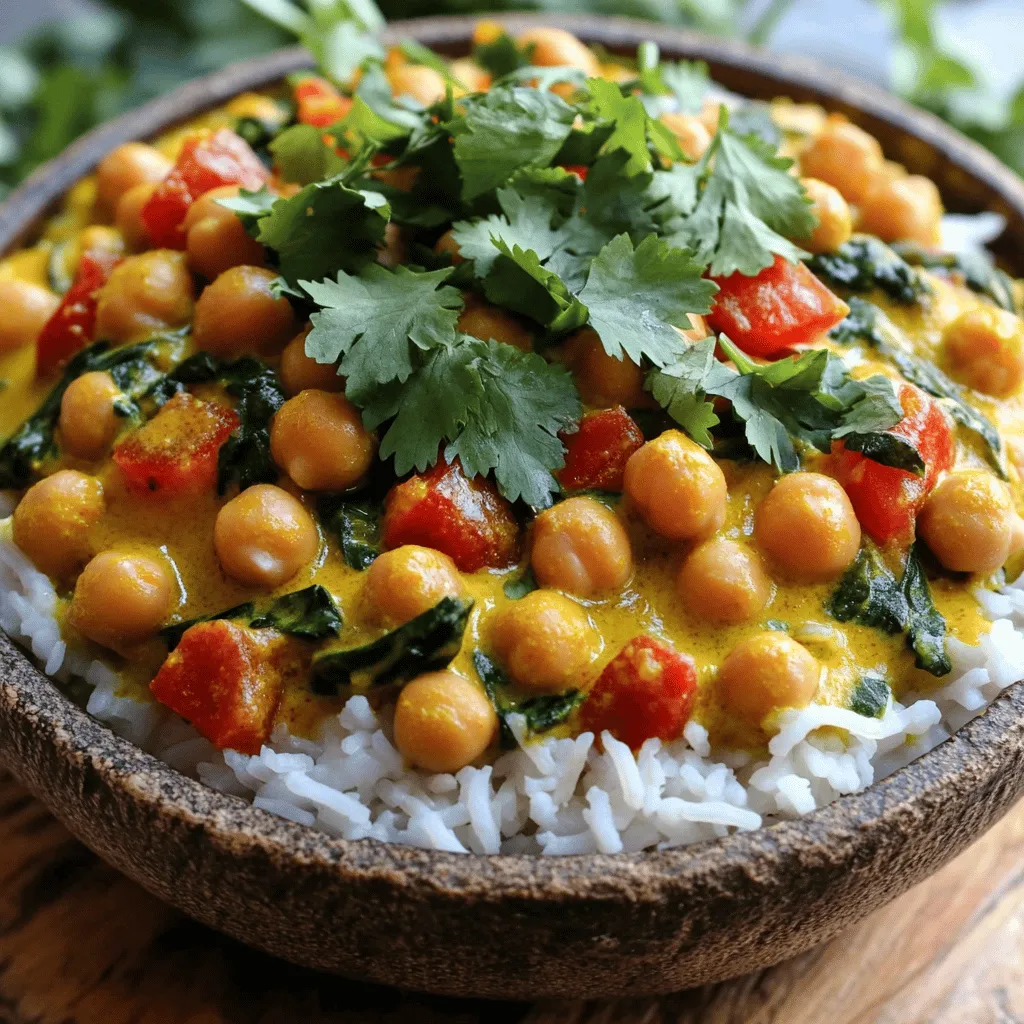 - 2 cups cooked chickpeas (or 1 can, drained and rinsed) - 1 can (14 oz) coconut milk - 1 can (14 oz) diced tomatoes - 1 medium onion, finely chopped - 3 cloves garlic, minced - 1 tablespoon fresh ginger, grated - 1 tablespoon curry powder - 1 teaspoon ground cumin - 1 teaspoon ground turmeric - 1 teaspoon paprika - 1/2 teaspoon chili powder (adjust for spice) - 2 cups fresh spinach, roughly chopped - 2 tablespoons olive oil - Salt and freshly ground black pepper to taste - Fresh cilantro leaves for garnish - Cooked rice or quinoa for serving Chickpeas are the star of this dish. They bring protein and a creamy texture. Use cooked or canned ones for ease. Coconut milk adds richness and blends well with spices. Diced tomatoes give it a fresh taste and color. Spices are vital. Curry powder and turmeric give warmth and depth. Cumin adds earthiness, while paprika offers sweetness. Chili powder brings a kick, but you can adjust it to your liking. - Fresh vegetables (like bell peppers or zucchini) - Protein options (like tofu or tempeh) - Additional garnishes (like lime or toasted nuts) You can change the dish with fresh veggies. Bell peppers or zucchini add color and crunch. Tofu or tempeh boosts protein and makes it heartier. For garnishes, lime adds brightness. Toasted nuts provide crunch and flavor. These options let you personalize your chickpea curry. For the full recipe, check out the details to create this delightful dish. It’s simple and fun to make! 1. Start by heating olive oil in a large pot over medium heat. 2. Once the oil shimmers, add your finely chopped onion. 3. Sauté the onion for about five minutes until it turns golden and soft. 4. Next, stir in the minced garlic and grated ginger. Cook for one minute. 5. Add the spices: curry powder, cumin, turmeric, paprika, and chili powder. 6. Mix everything well and let the spices cook for two to three minutes. 1. Carefully pour in the diced tomatoes with their juices and coconut milk. 2. Stir to blend all the ingredients into a thick sauce. 3. Add the cooked chickpeas to the pot and gently bring the mixture to a simmer. 4. Allow the curry to simmer for 10 to 15 minutes, stirring often. 1. Once the curry has simmered, fold in the roughly chopped spinach. 2. Stir until the spinach wilts and turns vibrant green. 3. Season the curry with salt and black pepper to taste. 4. Serve the chickpea curry hot over rice or quinoa. 5. Garnish with fresh cilantro leaves for a burst of flavor. Feel free to check the Full Recipe for detailed instructions and tips! To make your vegan chickpea curry shine, toasting spices is key. Heat a dry pan over medium heat. Add your spices, like curry powder and cumin, for one to two minutes. This brings out their rich aromas. You’ll notice the difference! Adjusting spice levels can change the dish. Start with less chili powder if you prefer mild. You can always add more later. Simmering the curry is crucial. Keep it on low heat for 10 to 15 minutes. This lets the flavors mix well. Stir it occasionally to prevent sticking. Chickpeas should be soft but not mushy. If you're using canned chickpeas, they are already cooked. Just warm them gently in the curry. For a beautiful look, serve the curry in deep bowls. Drizzle a bit of coconut milk on top for a creamy touch. Fresh cilantro adds color and flavor. You can also add a slice of lime for a zesty kick. For extra crunch, try sprinkling toasted nuts on top. These little touches make your dish inviting and fun! {{image_4}} You can switch up the flavor of chickpea curry easily. Indian-style curry often uses warm spices like cumin and turmeric. Thai-style curry leans on bright flavors, using ingredients like lemongrass and lime leaves. You can change the spice mix to create your favorite taste. Try adding coriander for a fresh twist, or use garam masala for an extra kick. Each option brings a new twist to this simple dish. Are you gluten-free? No problem! This chickpea curry is naturally gluten-free. Use gluten-free grains like quinoa instead of traditional rice. If you want to avoid coconut, use almond milk or cashew cream instead. Both options add creaminess without the nuts. These swaps keep the dish tasty while catering to your dietary needs. Pair your chickpea curry with quinoa, rice, or warm flatbreads. Each option adds a unique touch to your meal. Quinoa adds protein while rice offers a soft base. Use flatbreads to scoop up the curry for a fun eating experience. You can also serve with a side of roasted vegetables or a fresh salad for a crunchy contrast. These additions enhance your meal and make it even more satisfying. For the full recipe, check out Chickpea Delight Curry . You can keep your chickpea curry in the fridge for about 4 days. To store it well, let the curry cool down before placing it in a container. Use a tight lid to keep it fresh. This helps avoid any strange smells or flavors from other foods. If you want to save it for later, freezing is a great option. First, let the curry cool completely. Next, place it in a freezer-safe container or a zip-top bag. Remove as much air as possible to prevent freezer burn. It can last for up to 3 months in the freezer. When you’re ready to eat it, thaw the curry overnight in the fridge. To reheat your chickpea curry, use a pot on the stove for the best results. Heat it over medium-low heat, stirring occasionally. If it seems too thick, add a splash of water or coconut milk. This keeps the curry creamy and flavorful. You can also microwave it, but heat it in short bursts. Stir between intervals to ensure even warming. This way, you maintain the texture and taste of your delicious dish. Yes, you can use dried chickpeas. First, soak them overnight in water. This helps them soften. After soaking, drain and rinse the chickpeas. Then, boil them in fresh water for about an hour. They should be tender before adding them to the curry. To boost the heat, add more chili powder. You can also use fresh chili peppers. Sliced jalapeños or serrano peppers work great. If you like it hot, add them while cooking the onions. This will infuse the dish with spicy goodness. Yes, this curry is great for meal prep. You can cook it a day in advance. Just store it in the fridge. When you’re ready to eat, reheat it on the stove. The flavors will deepen overnight, making it even tastier. Pair the curry with rice or quinoa. Both soak up the sauce well. You can also serve it with naan or pita bread for a fun twist. A simple salad with cucumber and tomatoes adds freshness, too. Check the ingredient labels on your products. Make sure there are no animal-derived ingredients. Most canned goods, like coconut milk and tomatoes, are vegan. Just verify that your spices and oils are plant-based. You can add more veggies, like bell peppers or zucchini. Tofu or tempeh also adds protein. If you want a creamy texture, stir in some almond butter. For extra crunch, sprinkle toasted nuts or seeds on top. For the full recipe, check out the "Chickpea Delight Curry" section. Enjoy your cooking! You now have a solid method to create a flavorful chickpea curry. We covered key ingredients like chickpeas, coconut milk, and spices. You learned preparation steps, cooking methods, and how to present your dish. Tips for enhancing flavor and storage ideas ensure your curry stays fresh and tasty. Remember, you can easily adapt this recipe to suit your taste. Whether you decide to switch up the spices or add extra veggies, have fun with it. Enjoy your cooking adventure!