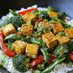- 1 block (14 oz) firm tofu, pressed and cubed - 2 tablespoons cornstarch - 3 tablespoons vegetable oil, divided - 1 bell pepper (red or yellow), sliced into strips - 2 cups broccoli florets, washed and trimmed - 1 cup sugar snap peas, ends trimmed - 3 green onions, chopped (both white and green parts) - 2 cloves garlic, minced - 1 tablespoon fresh ginger, grated - 2 tablespoons soy sauce - 1 tablespoon hoisin sauce - 1 teaspoon sesame oil - Salt and pepper, to taste - Cooked rice or quinoa, for serving - Sesame seeds, for garnish Crispy tofu stir-fry needs the right mix of ingredients. First, you want firm tofu. Firm tofu holds its shape well when cooked. Press it to remove extra water. This step is key for crispy tofu. Next, cornstarch gives the tofu that crunchy coat. The oil you use is also important. Vegetable oil works great because it has a high smoke point. For vegetables, I love using bell peppers, broccoli, and sugar snap peas. They add color and crunch. Green onions give a fresh taste. Garlic and ginger add a nice kick. For sauces, soy sauce and hoisin sauce bring rich flavor. Sesame oil adds a nutty note. Adjust salt and pepper to your taste. Serve the stir-fry over warm rice or quinoa. Finish it off with sesame seeds for a pleasing look and extra crunch. Check out the Full Recipe for detailed steps and tips! - First, press the tofu to eliminate excess moisture. Wrap the tofu block in a clean kitchen towel and place a heavy object on top. Let it press for about 15 minutes. This step helps it absorb flavors better. - Next, cube the tofu into 1-inch pieces. In a medium bowl, toss the cubes with cornstarch. This coating gives the tofu a nice, crispy texture when cooked. - Heat 2 tablespoons of vegetable oil in a large skillet over medium-high heat. - Once hot, add the coated tofu in a single layer. Cook for 3-4 minutes without moving them. This allows one side to get golden brown and crispy. - After that, flip the tofu to crisp the other side for another 3-4 minutes. Remove the tofu and let it drain on a plate lined with paper towels. - In the same skillet, add 1 tablespoon of vegetable oil. When it shimmers, add the sliced bell pepper, broccoli florets, and sugar snap peas. - Stir-fry the veggies for about 5 minutes. You want them vibrant and tender-crisp. They should still look bright and fresh. - Now, return the crispy tofu to the skillet with the vegetables. Pour in the soy sauce, hoisin sauce, and sesame oil. - Stir everything together gently. Make sure the tofu and veggies are coated with the sauce. Cook for another 2-3 minutes to heat everything through and combine the flavors. - Taste your stir-fry. Adjust the seasoning with salt and pepper if needed. - Before serving, sprinkle chopped green onions over the dish for a fresh touch. - Serve the crispy tofu stir-fry over warm cooked rice or quinoa for a filling meal. - Finish with a sprinkle of sesame seeds for added texture and a delightful finish. This dish is colorful, tasty, and perfect for a quick weeknight dinner. For the complete details, check out the Full Recipe. To get crispy tofu, pressing is key. Pressing removes extra moisture. This helps the tofu absorb flavors. Wrap the tofu in a clean towel. Place a heavy object on top. Let it sit for about 15 minutes. For frying, use oils with high smoke points. Vegetable oil is a great choice. Canola or peanut oil also work well. These oils help achieve that perfect golden crust. Add spices to boost the flavor of your stir-fry. Try ground cumin or smoked paprika. They add warmth and depth. Fresh herbs like basil or cilantro can brighten the dish. Fresh ingredients often taste better than dried. Use fresh garlic and ginger for a strong kick. Use a large skillet or wok for stir-frying. A wide surface helps food cook evenly. Make sure the pan is hot before adding oil. This prevents sticking and helps with browning. Control the heat for best results. Start at medium-high to sear the tofu. Then lower the heat when adding veggies. Cook them quickly to keep them crisp. This balance gives you a vibrant, tasty dish. For more tips, check out the Full Recipe for Crispy Tofu Stir-Fry. {{image_4}} You can swap tofu for other proteins in this stir-fry. Tempeh is a great choice. It has a nutty taste and absorbs flavors well. Seitan works too, if you want a chewy texture. If you prefer meat, shrimp or chicken can make tasty options. Just cook them until they are done. This way, you can enjoy different flavors every time. Feel free to mix and match vegetables. Carrots, snap peas, and bell peppers are all good choices. You can also add mushrooms or zucchini for extra flavor. Seasonal veggies work best, so check what’s fresh at your local market. Using local produce can make your dish even tastier. You can make your own stir-fry sauce at home. A simple mix of soy sauce and honey adds great sweetness. Try adding rice vinegar for tang. For a spicy kick, add some chili sauce or sriracha. Each twist will change the taste of your dish, keeping it exciting. For a full recipe, check out the [Full Recipe]. To store leftover crispy tofu stir-fry, cool it down first. Place it in a clean, airtight container. This will keep it fresh. Store it in the fridge for up to three days. Make sure the temperature stays below 40°F (4°C) for safety. Reheating crispy tofu can be tricky. To keep it crispy, use a stovetop skillet rather than a microwave. Heat the skillet on medium heat. Add a splash of oil, then add the stir-fry. Stir gently for a few minutes. This method helps the tofu stay crunchy. If you must use a microwave, heat it in short bursts. Stir in between to avoid sogginess. You can freeze crispy tofu stir-fry, but it may change texture. To freeze, first, cool the dish completely. Place it in a freezer-safe container. Make sure to leave some space for expansion. When ready to eat, thaw it in the fridge overnight. To reheat, use the stovetop method for best results. The best tofu for stir-fry is firm or extra-firm tofu. Firm tofu holds its shape well. It absorbs flavors but stays together during cooking. Extra-firm tofu is even denser, making it crispier when cooked. If you prefer a crunchier texture, choose extra-firm tofu. Yes, you can use frozen vegetables. They are convenient and save prep time. However, they may release extra water, affecting texture. To avoid this, stir-fry them longer to evaporate the moisture. Fresh vegetables offer better crunch and flavor, but frozen is a great option too. To make this recipe gluten-free, use gluten-free soy sauce. You can also find gluten-free hoisin sauce at stores. Check the labels to ensure they meet gluten-free standards. This way, you can enjoy the tasty stir-fry without worry. Crispy tofu lasts for about 3-5 days in the fridge. Store it in an airtight container. Look for signs of spoilage, like a sour smell or slimy texture. If it smells off or looks strange, it’s best to toss it. Yes, you can make oil-free crispy tofu stir-fry. Use a non-stick pan or a well-seasoned cast-iron skillet. Instead of oil, use vegetable broth or water to sauté vegetables. Note that the tofu may not get as crispy without oil, but it will still taste great. You can find the full recipe for Crispy Tofu Stir-Fry in the Full Recipe section. It includes a complete list of ingredients and step-by-step instructions. This will help you create a delicious meal with ease. This blog post covered the basics of making a delicious crispy tofu stir-fry. You learned about essential ingredients, step-by-step instructions, and helpful tips. Cooking tofu until golden helps create a great texture and flavor. With endless variations available, you can customize your stir-fry to fit your tastes. Whether you're using seasonal veggies or alternative proteins, the process remains simple. Enjoy experimenting and creating a dish that suits you perfectly! Happy cooking!
