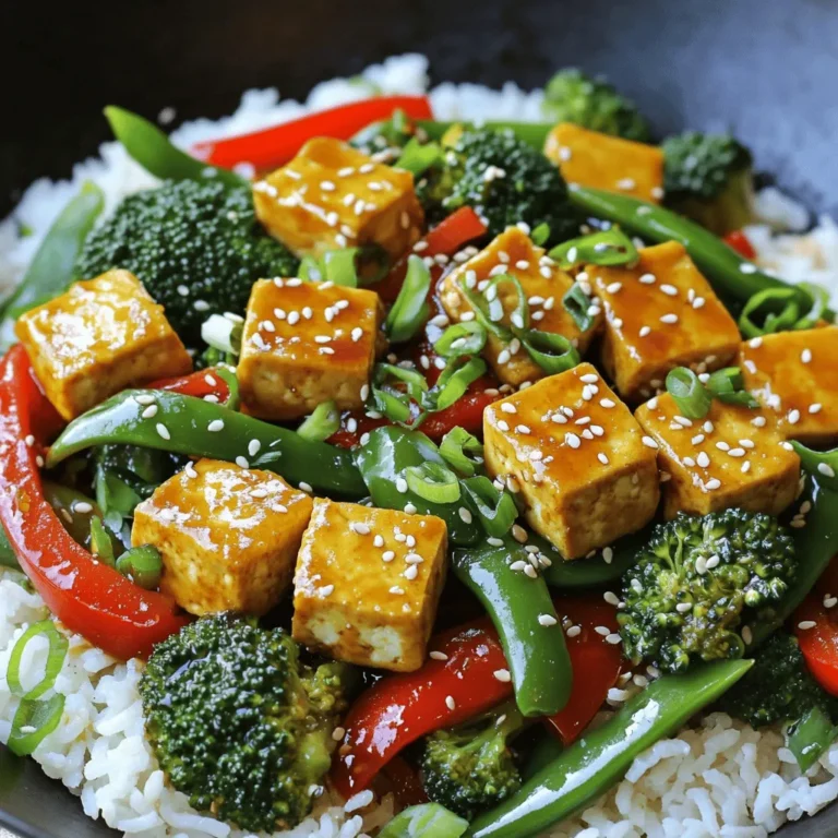 - 1 block (14 oz) firm tofu, pressed and cubed - 2 tablespoons cornstarch - 3 tablespoons vegetable oil, divided - 1 bell pepper (red or yellow), sliced into strips - 2 cups broccoli florets, washed and trimmed - 1 cup sugar snap peas, ends trimmed - 3 green onions, chopped (both white and green parts) - 2 cloves garlic, minced - 1 tablespoon fresh ginger, grated - 2 tablespoons soy sauce - 1 tablespoon hoisin sauce - 1 teaspoon sesame oil - Salt and pepper, to taste - Cooked rice or quinoa, for serving - Sesame seeds, for garnish Crispy tofu stir-fry needs the right mix of ingredients. First, you want firm tofu. Firm tofu holds its shape well when cooked. Press it to remove extra water. This step is key for crispy tofu. Next, cornstarch gives the tofu that crunchy coat. The oil you use is also important. Vegetable oil works great because it has a high smoke point. For vegetables, I love using bell peppers, broccoli, and sugar snap peas. They add color and crunch. Green onions give a fresh taste. Garlic and ginger add a nice kick. For sauces, soy sauce and hoisin sauce bring rich flavor. Sesame oil adds a nutty note. Adjust salt and pepper to your taste. Serve the stir-fry over warm rice or quinoa. Finish it off with sesame seeds for a pleasing look and extra crunch. Check out the Full Recipe for detailed steps and tips! - First, press the tofu to eliminate excess moisture. Wrap the tofu block in a clean kitchen towel and place a heavy object on top. Let it press for about 15 minutes. This step helps it absorb flavors better. - Next, cube the tofu into 1-inch pieces. In a medium bowl, toss the cubes with cornstarch. This coating gives the tofu a nice, crispy texture when cooked. - Heat 2 tablespoons of vegetable oil in a large skillet over medium-high heat. - Once hot, add the coated tofu in a single layer. Cook for 3-4 minutes without moving them. This allows one side to get golden brown and crispy. - After that, flip the tofu to crisp the other side for another 3-4 minutes. Remove the tofu and let it drain on a plate lined with paper towels. - In the same skillet, add 1 tablespoon of vegetable oil. When it shimmers, add the sliced bell pepper, broccoli florets, and sugar snap peas. - Stir-fry the veggies for about 5 minutes. You want them vibrant and tender-crisp. They should still look bright and fresh. - Now, return the crispy tofu to the skillet with the vegetables. Pour in the soy sauce, hoisin sauce, and sesame oil. - Stir everything together gently. Make sure the tofu and veggies are coated with the sauce. Cook for another 2-3 minutes to heat everything through and combine the flavors. - Taste your stir-fry. Adjust the seasoning with salt and pepper if needed. - Before serving, sprinkle chopped green onions over the dish for a fresh touch. - Serve the crispy tofu stir-fry over warm cooked rice or quinoa for a filling meal. - Finish with a sprinkle of sesame seeds for added texture and a delightful finish. This dish is colorful, tasty, and perfect for a quick weeknight dinner. For the complete details, check out the Full Recipe. To get crispy tofu, pressing is key. Pressing removes extra moisture. This helps the tofu absorb flavors. Wrap the tofu in a clean towel. Place a heavy object on top. Let it sit for about 15 minutes. For frying, use oils with high smoke points. Vegetable oil is a great choice. Canola or peanut oil also work well. These oils help achieve that perfect golden crust. Add spices to boost the flavor of your stir-fry. Try ground cumin or smoked paprika. They add warmth and depth. Fresh herbs like basil or cilantro can brighten the dish. Fresh ingredients often taste better than dried. Use fresh garlic and ginger for a strong kick. Use a large skillet or wok for stir-frying. A wide surface helps food cook evenly. Make sure the pan is hot before adding oil. This prevents sticking and helps with browning. Control the heat for best results. Start at medium-high to sear the tofu. Then lower the heat when adding veggies. Cook them quickly to keep them crisp. This balance gives you a vibrant, tasty dish. For more tips, check out the Full Recipe for Crispy Tofu Stir-Fry. {{image_4}} You can swap tofu for other proteins in this stir-fry. Tempeh is a great choice. It has a nutty taste and absorbs flavors well. Seitan works too, if you want a chewy texture. If you prefer meat, shrimp or chicken can make tasty options. Just cook them until they are done. This way, you can enjoy different flavors every time. Feel free to mix and match vegetables. Carrots, snap peas, and bell peppers are all good choices. You can also add mushrooms or zucchini for extra flavor. Seasonal veggies work best, so check what’s fresh at your local market. Using local produce can make your dish even tastier. You can make your own stir-fry sauce at home. A simple mix of soy sauce and honey adds great sweetness. Try adding rice vinegar for tang. For a spicy kick, add some chili sauce or sriracha. Each twist will change the taste of your dish, keeping it exciting. For a full recipe, check out the [Full Recipe]. To store leftover crispy tofu stir-fry, cool it down first. Place it in a clean, airtight container. This will keep it fresh. Store it in the fridge for up to three days. Make sure the temperature stays below 40°F (4°C) for safety. Reheating crispy tofu can be tricky. To keep it crispy, use a stovetop skillet rather than a microwave. Heat the skillet on medium heat. Add a splash of oil, then add the stir-fry. Stir gently for a few minutes. This method helps the tofu stay crunchy. If you must use a microwave, heat it in short bursts. Stir in between to avoid sogginess. You can freeze crispy tofu stir-fry, but it may change texture. To freeze, first, cool the dish completely. Place it in a freezer-safe container. Make sure to leave some space for expansion. When ready to eat, thaw it in the fridge overnight. To reheat, use the stovetop method for best results. The best tofu for stir-fry is firm or extra-firm tofu. Firm tofu holds its shape well. It absorbs flavors but stays together during cooking. Extra-firm tofu is even denser, making it crispier when cooked. If you prefer a crunchier texture, choose extra-firm tofu. Yes, you can use frozen vegetables. They are convenient and save prep time. However, they may release extra water, affecting texture. To avoid this, stir-fry them longer to evaporate the moisture. Fresh vegetables offer better crunch and flavor, but frozen is a great option too. To make this recipe gluten-free, use gluten-free soy sauce. You can also find gluten-free hoisin sauce at stores. Check the labels to ensure they meet gluten-free standards. This way, you can enjoy the tasty stir-fry without worry. Crispy tofu lasts for about 3-5 days in the fridge. Store it in an airtight container. Look for signs of spoilage, like a sour smell or slimy texture. If it smells off or looks strange, it’s best to toss it. Yes, you can make oil-free crispy tofu stir-fry. Use a non-stick pan or a well-seasoned cast-iron skillet. Instead of oil, use vegetable broth or water to sauté vegetables. Note that the tofu may not get as crispy without oil, but it will still taste great. You can find the full recipe for Crispy Tofu Stir-Fry in the Full Recipe section. It includes a complete list of ingredients and step-by-step instructions. This will help you create a delicious meal with ease. This blog post covered the basics of making a delicious crispy tofu stir-fry. You learned about essential ingredients, step-by-step instructions, and helpful tips. Cooking tofu until golden helps create a great texture and flavor. With endless variations available, you can customize your stir-fry to fit your tastes. Whether you're using seasonal veggies or alternative proteins, the process remains simple. Enjoy experimenting and creating a dish that suits you perfectly! Happy cooking!