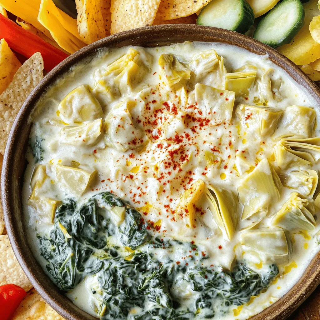 To make this tasty dip, you need these key ingredients: - 1 cup frozen spinach, thoroughly thawed and drained - 1 cup canned artichoke hearts, finely chopped - 1 cup cream cheese, softened to room temperature - 1/2 cup sour cream - 1/2 cup mayonnaise - 1 cup shredded mozzarella cheese, plus more for topping - 1/2 cup grated Parmesan cheese - 2 cloves garlic, minced - 1 teaspoon fresh lemon juice - Salt and pepper to taste These ingredients create a rich and creamy base. The spinach and artichokes add a nice texture and flavor. The cheeses blend perfectly to give that gooey goodness we all love. You can add a few optional ingredients to kick up the taste: - Red pepper flakes for added heat These tiny flakes can really make the dip pop. If you like spice, sprinkle some in. You can always adjust the amount based on your taste. You can easily swap some ingredients for dietary needs: - Use Greek yogurt instead of sour cream for a healthier option. - Replace mayonnaise with an avocado mash for a creamy twist. - For a dairy-free version, try using cashew cream instead of cheese. With these changes, you can still enjoy the dip while meeting your dietary needs. This flexibility makes it easy for everyone to join in on the fun. For the complete recipe, check out the Full Recipe section. Start by gathering all your ingredients. You need frozen spinach, artichoke hearts, cream cheese, sour cream, mayonnaise, mozzarella cheese, Parmesan cheese, garlic, lemon juice, salt, and pepper. Make sure to thaw and drain the spinach well. Chop the artichoke hearts into smaller pieces. This helps distribute the flavors evenly. In a large bowl, mix the softened cream cheese, sour cream, and mayonnaise. Use an electric mixer or a whisk to get a smooth mix. Add the minced garlic and lemon juice. Season with salt and pepper. Taste it and adjust if needed. Now, gently fold in the spinach, artichoke hearts, mozzarella, and Parmesan. Mix until everything is well combined. Preheat your oven to 375°F (190°C). Grease your baking dish with olive oil or non-stick spray. Transfer the dip mixture into the dish and spread it out. Top with extra mozzarella cheese for a gooey finish. Bake for 25 to 30 minutes, or until it’s hot, bubbly, and golden. When it's done, let it sit for a few minutes before serving. - Full Recipe Overview: This creamy spinach artichoke dip takes about 10 minutes to prep and 40 minutes total to make. It serves 6 to 8 people. For a great presentation, serve it warm in a rustic bowl. Add a sprinkle of red pepper flakes on top and pair it with chips, veggies, or toasted baguette slices. To get a great texture in your creamy spinach artichoke dip, start with softened cream cheese. It mixes better and makes the dip smooth. Ensure you drain the spinach well. Excess water can make the dip runny. Mix the dip until it's creamy, with no lumps. Baking it until golden brown helps achieve a nice crust. This makes each scoop a delight. This dip shines when served warm. Use a rustic bowl for a cozy look. Pair it with crispy tortilla chips for crunch. Fresh veggies like bell peppers and carrots add color and health. Crispy toasted baguette slices are a great choice too. For a fun twist, add some red pepper flakes on top. This adds a pop of flavor and color. Flavor is key to making this dip special. Garlic adds depth, while lemon juice brightens the taste. Experiment with spices like smoked paprika or onion powder for more flavor. For a kick, add red pepper flakes. This dip is also good with fresh herbs like parsley or basil. These small changes can really elevate your dish. For the full recipe, check out the detailed instructions above. {{image_4}} Try mixing in different cheeses for a unique taste. You can use sharp cheddar for a bold flavor. Creamy goat cheese gives a rich, tangy twist. You can also add fontina for a smooth melt. Each cheese adds its own character. Feel free to mix and match until you find your favorite blend. Adding proteins makes this dip heartier. Shredded chicken works well and adds protein. Cooked bacon gives a smoky, savory bite. Just fold these ingredients into the mix. This easy change makes your dip even more filling and delicious. If you like heat, add some spice! Diced jalapeños bring a fresh kick. A few dashes of Tabasco or hot sauce can do the trick, too. You can also mix in red pepper flakes for extra warmth. Adjust the heat level to match your taste. Everyone at your party will love the added zing! For the full recipe, check out Creamy Spinach Artichoke Dip. After your party, store any leftover creamy spinach artichoke dip in an airtight container. Make sure to let it cool completely before sealing. It will stay fresh for about three to four days in the fridge. When you want to enjoy it again, simply take it out and check for freshness. You can freeze the dip if you have a lot left. First, let it cool down. Then, place it in a freezer-safe container. Make sure to leave some space at the top, as it may expand. You can freeze it for up to three months. When you are ready to eat it, thaw it in the fridge overnight. To reheat, place the dip in a baking dish. Preheat your oven to 350°F (175°C). Bake for about 20 minutes or until it is warm throughout. You can also microwave it in a microwave-safe bowl. Heat in short bursts, stirring in between. This way, you keep the creamy texture and great taste. Enjoy your dip warm with your favorite dippers! Yes, you can make this dip ahead of time. It’s a great party hack! Prepare the dip, cover it, and store it in the fridge. You can keep it there for up to two days. When you're ready to serve, just pop it in the oven. Bake it until it’s hot and bubbly. This saves you time and lets you enjoy your guests. If you need a substitute for cream cheese, try using Greek yogurt. It gives a similar texture but adds a tangy flavor. Cottage cheese is another option. Just blend it until smooth first. For a dairy-free option, use cashew cream. Soak cashews in water, blend them until creamy, and use that in your dip. Yes, this dip is gluten-free! All the ingredients listed, like spinach and artichokes, are safe for a gluten-free diet. Just make sure your dippers are gluten-free too. Use fresh veggies, corn chips, or gluten-free bread for the best experience. Enjoy this creamy goodness without worry! You learned the key ingredients for creamy spinach artichoke dip and how to prepare it. I also shared helpful tips for the best taste and texture. Finally, we explored tasty variations and storage methods. This dip is easy to customize to fit your needs. Feel free to experiment and find your perfect blend. Enjoy dipping with family and friends!