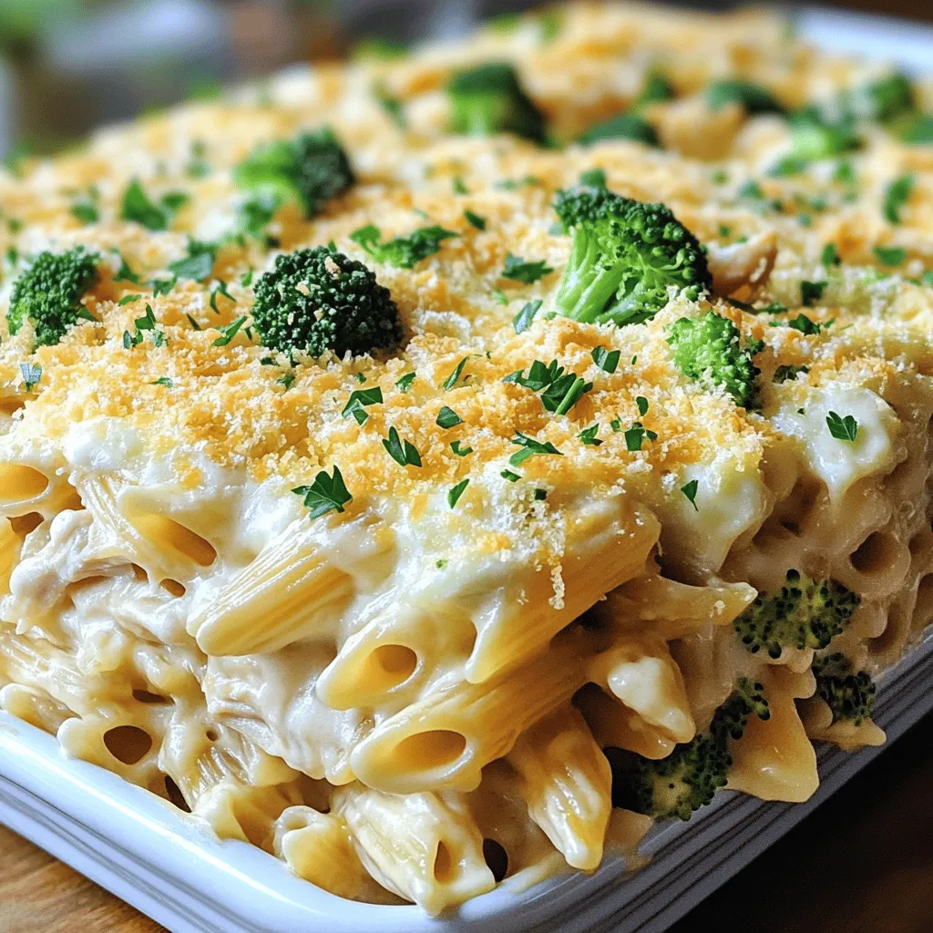 - 12 oz penne pasta - 2 cups cooked chicken breast, shredded - 3 cups Alfredo sauce (store-bought or homemade) - 1 cup mozzarella cheese, shredded The base of this dish is simple. You need penne pasta, cooked chicken, Alfredo sauce, and mozzarella cheese. Penne pasta holds onto the sauce well. Shredded chicken adds protein and flavor. The creamy Alfredo sauce binds everything together. Finally, mozzarella cheese gives that perfect cheesy pull. - 1 cup broccoli florets (fresh or frozen) - 1 teaspoon garlic powder - 1 teaspoon Italian seasoning - 1/2 cup Parmesan cheese, grated You can mix in some broccoli florets for color and health. Garlic powder and Italian seasoning add depth to the flavor. You can also use other cheese types for extra taste. Feel free to get creative with your toppings! - Salt and pepper - Olive oil (optional) - Fresh parsley for garnish Remember to season with salt and pepper to taste. A splash of olive oil can add richness, but it's not required. Fresh parsley on top gives a nice pop of color and freshness. For the full recipe, check the details above. This dish is all about simple, tasty ingredients that turn into a comforting meal. Preheat your oven to 375°F (190°C). This step is key to a great bake. While it heats, prepare your baking dish. Use a large dish to fit all the pasta and sauce. Lightly grease it with cooking spray or olive oil. This will help the pasta not stick. Next, cook the penne pasta. Bring a large pot of salted water to a boil. Add the penne and cook until al dente. This usually takes about 8-10 minutes. Stir occasionally to keep the pasta from sticking. Once done, drain the pasta and let it cool for a few minutes. In a large mixing bowl, combine the cooked chicken, Alfredo sauce, garlic powder, Italian seasoning, and broccoli florets. Mix well so every piece is coated in sauce. This ensures you get great flavor in every bite. Start layering in the baking dish. Place half of the cooked penne at the bottom. Pour half of the chicken mixture over it, spreading it evenly. Then, sprinkle half of the mozzarella cheese on top. Repeat this step with the rest of the pasta, chicken mixture, and finally add the remaining cheese. This will help create a tasty, cheesy top. Cover the dish with aluminum foil. This keeps the moisture in while it bakes. Place it in the oven for 20 minutes. After that, remove the foil and bake for another 10 minutes. This will make the cheese bubbly and golden. Once out of the oven, let it sit for 5 minutes to set. Garnish with freshly chopped parsley for color and flavor. This dish pairs well with a crisp green salad or garlic bread. Trust me; your family will love this meal. Check out the Full Recipe for more details! To recreate the creaminess in your Chicken Alfredo Pasta Bake, use lots of rich Alfredo sauce. It can be store-bought or homemade. If you want to make your own, just blend cream, butter, and Parmesan cheese until smooth. This gives a lovely, creamy texture. For alternative pasta options, penne is great, but you can try rotini or fusilli. These shapes hold the sauce well. You can even use whole wheat pasta for a healthier twist. When you cook your pasta, only boil it until it is al dente. This means it should be firm but not hard. The pasta will cook more in the oven. Layering is key for a great bake. Start with a layer of pasta, then add the chicken mix, and top with cheese. Repeat this until you use all your ingredients. This way, every bite will have flavor. To boost flavor, add spices like garlic powder or Italian seasoning. You can also mix in other veggies like spinach or bell peppers. These will add color and nutrients. If you want a homemade Alfredo sauce, try this simple mix: combine cream, butter, garlic, and cheese. Blend until smooth. It’s easy and tastes amazing! Find the [Full Recipe](#) for all the details to make this dish shine. {{image_4}} You can easily switch the chicken in this dish. If you have leftover turkey, use that instead. It gives a nice twist to the flavor. You can also grab a rotisserie chicken from the store. Just shred it up and mix it in. If you want a vegetarian option, think about using mushrooms or chickpeas. Both add a hearty feel. You can also try tofu for a plant-based protein boost. To change the taste, try adding Italian herbs like basil or oregano. They bring a fresh taste that pairs well with the creamy sauce. For a bit of heat, sprinkle in some red pepper flakes. This adds a spicy kick that makes the dish exciting. You can use different sauces if you want a twist. Try a creamy mushroom sauce for a fun change. If you want to keep it light, look for dairy-free options. Coconut milk or cashew cream works great. They create a rich sauce without dairy. For the full recipe, check the link provided. Keep your Chicken Alfredo Pasta Bake in an airtight container. This helps keep it fresh. Store it in the fridge for up to four days. Make sure to allow it to cool before sealing it. This step prevents moisture buildup, which can make your dish soggy. To freeze your pasta bake, let it cool completely. Cut it into individual servings for easy thawing. Wrap each piece tightly in plastic wrap, then place them in a freezer bag. This way, you save space and keep them fresh. It will last for up to three months. When you’re ready to eat, simply take one out to thaw. Reheat your Chicken Alfredo Pasta Bake using an oven for best results. Preheat the oven to 350°F (175°C). Place the pasta in an oven-safe dish, cover it with foil, and heat for about 20 minutes. This method keeps the cheese melty and the pasta moist. If you prefer the microwave, use a microwave-safe bowl. Heat in short intervals of 1-2 minutes, stirring in between. This helps distribute the heat evenly, so every bite is warm and tasty. Yes, you can make this dish ahead of time. Prepare the pasta bake and layer it in a dish. Cover it tightly and store it in the fridge. You can bake it later when you are ready to eat. Just add a few extra minutes to the bake time. This makes it easy for busy nights or potlucks. If you want to skip store-bought Alfredo, you can make your own. Use heavy cream, butter, and Parmesan cheese. Heat the cream in a pot, add butter, and whisk in cheese until it melts. You can also add garlic for extra flavor. This will give you a fresh and tasty sauce. Yes, this recipe is great for meal prep. You can divide it into individual portions after baking. Store each portion in airtight containers. This way, you have easy meals for the week. Just reheat them in the microwave or oven when you're ready to eat. Absolutely! You can mix and match cheeses. Try adding cheddar for a sharper taste. You can also use gouda or fontina for a creamy texture. Just keep the total amount of cheese the same to maintain the dish's balance. To make it healthier, you can swap out some ingredients. Use whole wheat pasta for more fiber. You can also add more veggies, like spinach or bell peppers, for added nutrients. Try low-fat cheese or a light Alfredo sauce to cut calories while keeping the flavor. This blog post shared a simple and tasty chicken pasta bake recipe. We covered the main ingredients, optional add-ins, and essential cooking tips. You learned how to assemble and bake the dish for a perfect cheesy top. I also shared variations and storage tips. Cooking can be fun and easy. With a few tweaks, you can make it your own. Enjoy this dish with friends and family!