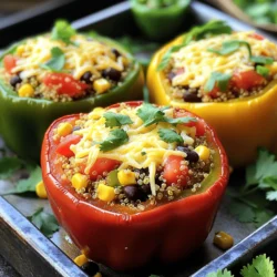 - 4 large bell peppers (any color) - 1 cup quinoa, rinsed under cold water - 2 cups vegetable broth - 1 can (15 oz) black beans, drained and rinsed - 1 cup corn (frozen or canned) - 1 small red onion, finely diced - 2 cloves garlic, minced - 1 teaspoon ground cumin - 1 teaspoon smoked paprika - 1 teaspoon chili powder - 1 cup diced tomatoes (fresh or canned, drained) - Salt and pepper to taste These ingredients create a tasty base for stuffed peppers. The quinoa adds protein, while the black beans and corn bring fiber and texture. Each bell pepper holds a colorful and nutritious filling. - 1 cup shredded cheese (cheddar or Mexican blend) - Fresh cilantro, chopped Adding cheese on top makes the dish creamy and rich. Fresh cilantro gives it a bright finish. You can also try avocado, sour cream, or hot sauce for extra flavor. For the complete recipe, check out the Full Recipe. To start, cut the tops off the bell peppers. Use a sharp knife for a clean cut. After that, scoop out the seeds and membranes inside. This helps the peppers cook evenly. Place them upright in a baking dish. This way, they hold their shape while baking. Next, you need to cook the quinoa. Pour vegetable broth into a medium saucepan. Bring it to a boil over medium-high heat. Once it boils, add the rinsed quinoa. Lower the heat, cover, and let it simmer. It should take about 15 minutes to cook. You want the quinoa to be fluffy and all the liquid should be absorbed. Now, let’s prepare the filling. In a large skillet, heat a drizzle of olive oil. Add the diced onion and minced garlic. Sauté them until the onion is translucent, about 3-4 minutes. Then, add the black beans, corn, and diced tomatoes. Mix in ground cumin, smoked paprika, chili powder, salt, and pepper. Stir well and cook for another 5 minutes. This will help all the flavors blend together. Once the quinoa is ready, fold it into the vegetable mixture. Add half of the shredded cheese and stir until combined. It’s time to stuff the peppers! Use a spoon to fill each pepper with the quinoa and vegetable mix. Press down gently to pack the filling. Top each pepper with the rest of the cheese. Cover the baking dish with aluminum foil. Bake in the preheated oven for 25 minutes. After that, remove the foil and bake for another 10-15 minutes. This helps the cheese melt and gets a nice golden color. When done, let the stuffed peppers cool for a few minutes. Optionally, you can garnish with fresh cilantro for an extra pop of flavor. If you need gluten-free options, use rice or quinoa instead of traditional grains. For vegan cheese, many brands offer great substitutes. Look for shredded cheeses made from nuts or soy. They melt nicely and add flavor. To spice things up, add cayenne pepper or crushed red pepper flakes. These will give your dish a nice kick. You can also mix in different veggies. Try zucchini, spinach, or mushrooms for added texture and taste. Each choice brings new flavors to your stuffed peppers. Serve your stuffed peppers on a bright platter. Add a small bowl of extra cilantro for guests to use. This creates a fun, interactive element. You can also pair them with a light salad. A fresh side balances the richness of the peppers. For a creative touch, place each pepper upright and top with a sprinkle of cheese before serving. These ideas make your dish look as good as it tastes. {{image_4}} You can change up your vegetarian stuffed bell peppers in fun ways! One option is the Mediterranean twist. For this, use a mix of feta cheese, olives, and herbs like oregano and basil. This mix brings bright flavors and a taste of the Mediterranean sea. Another great idea is to make Mexican-style stuffed peppers. You can swap the quinoa for rice and add some taco seasoning. Black beans, corn, and diced tomatoes work well here too. Top with avocado and salsa for extra flavor. If you want to make this dish vegan, simply skip the cheese or use a vegan cheese. You can also load up on more veggies. Try adding mushrooms, zucchini, or spinach to boost nutrition and flavor. For those looking for low-carb options, you can replace quinoa with cauliflower rice. This keeps the dish filling while lowering the carbs. You can also add more beans for protein. When it comes to sides, a light salad pairs well with these peppers. Consider a simple cucumber and tomato salad for a refreshing crunch. You can also serve with a side of guacamole and tortilla chips if you go with a Mexican twist. For sauces, a drizzle of balsamic glaze adds a sweet touch to the Mediterranean version. If you make the Mexican style, try serving with salsa or a tangy lime dressing. For the full recipe, check out the Colorful Veggie Fiesta Stuffed Peppers! After enjoying your stuffed bell peppers, store any leftovers in an airtight container. Make sure they are cooled to room temperature first. They stay fresh in the fridge for about 3 to 5 days. If you want to keep them for longer, freezing is a great option. To freeze stuffed bell peppers, wrap each one tightly in plastic wrap. Then, place them in a freezer bag or container. They can last up to 3 months frozen. When you want to eat them, thaw in the fridge overnight. Reheat in the oven at 375°F (190°C) until hot, about 20-25 minutes. If you are busy during the week, make these stuffed peppers in advance. Prepare the filling and stuff the peppers a day ahead. Store them in the fridge until you are ready to bake. For the best taste, reheat in the oven. This keeps the peppers fresh and tasty. Enjoy your meal prep with the full recipe for a flavorful dish! Bake vegetarian stuffed bell peppers for about 25 minutes covered with foil. After that, remove the foil and bake for another 10 to 15 minutes. This makes the cheese melt and bubble nicely. Check if they are soft when you poke them with a fork. Soft peppers mean they are ready to eat. Yes, you can use brown rice instead of quinoa. Just make sure to cook the rice first. Brown rice takes longer to cook than quinoa, so plan for that. The texture will change a bit, but it will still taste great. You can use any color of bell peppers. Red, yellow, orange, and green all work well. Each color has a different taste. Red peppers are sweeter, while green ones are more bitter. Choose your favorite or mix them up for fun! To spice up your stuffed peppers, add jalapeños or hot sauce. You can also use spicy chili powder instead of regular. Another option is to sprinkle crushed red pepper on top before baking. Adjust the spice level to your liking. Yes, you can prep stuffed peppers ahead of time. You can stuff the peppers and keep them in the fridge for a day. Just bake them when you are ready to eat. This makes dinner easy on busy nights. You can find the full recipe for these vegetarian stuffed bell peppers [here](#). This link will give you all the steps you need to make this tasty dish. Vegetarian stuffed bell peppers are a fun, tasty dish. You learned about the main ingredients, how to prepare them, and some great tips. Using different veggies and spices makes this meal your own. Remember to store leftovers properly so you enjoy them later. Try new toppings and variations for fun flavors. This dish is not just good; it’s flexible. You can change it up to fit your needs! Enjoy cooking and sharing this healthy meal with friends and family.