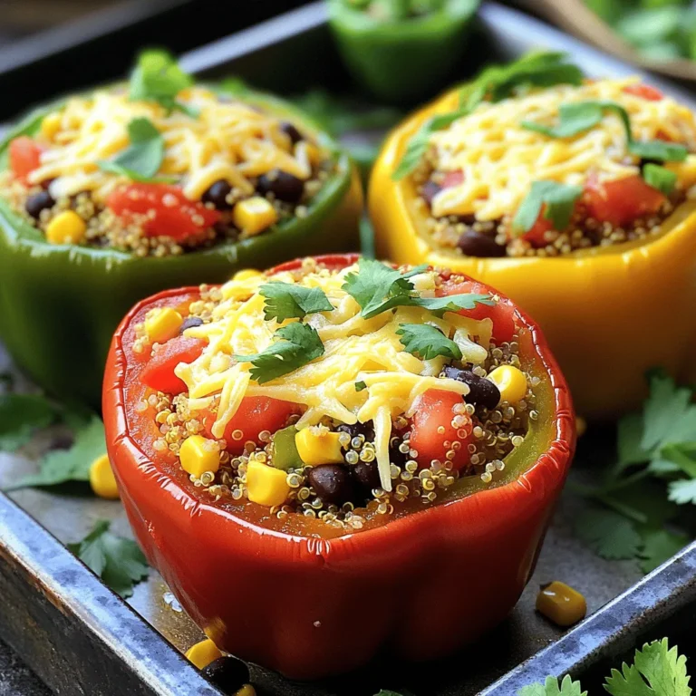 - 4 large bell peppers (any color) - 1 cup quinoa, rinsed under cold water - 2 cups vegetable broth - 1 can (15 oz) black beans, drained and rinsed - 1 cup corn (frozen or canned) - 1 small red onion, finely diced - 2 cloves garlic, minced - 1 teaspoon ground cumin - 1 teaspoon smoked paprika - 1 teaspoon chili powder - 1 cup diced tomatoes (fresh or canned, drained) - Salt and pepper to taste These ingredients create a tasty base for stuffed peppers. The quinoa adds protein, while the black beans and corn bring fiber and texture. Each bell pepper holds a colorful and nutritious filling. - 1 cup shredded cheese (cheddar or Mexican blend) - Fresh cilantro, chopped Adding cheese on top makes the dish creamy and rich. Fresh cilantro gives it a bright finish. You can also try avocado, sour cream, or hot sauce for extra flavor. For the complete recipe, check out the Full Recipe. To start, cut the tops off the bell peppers. Use a sharp knife for a clean cut. After that, scoop out the seeds and membranes inside. This helps the peppers cook evenly. Place them upright in a baking dish. This way, they hold their shape while baking. Next, you need to cook the quinoa. Pour vegetable broth into a medium saucepan. Bring it to a boil over medium-high heat. Once it boils, add the rinsed quinoa. Lower the heat, cover, and let it simmer. It should take about 15 minutes to cook. You want the quinoa to be fluffy and all the liquid should be absorbed. Now, let’s prepare the filling. In a large skillet, heat a drizzle of olive oil. Add the diced onion and minced garlic. Sauté them until the onion is translucent, about 3-4 minutes. Then, add the black beans, corn, and diced tomatoes. Mix in ground cumin, smoked paprika, chili powder, salt, and pepper. Stir well and cook for another 5 minutes. This will help all the flavors blend together. Once the quinoa is ready, fold it into the vegetable mixture. Add half of the shredded cheese and stir until combined. It’s time to stuff the peppers! Use a spoon to fill each pepper with the quinoa and vegetable mix. Press down gently to pack the filling. Top each pepper with the rest of the cheese. Cover the baking dish with aluminum foil. Bake in the preheated oven for 25 minutes. After that, remove the foil and bake for another 10-15 minutes. This helps the cheese melt and gets a nice golden color. When done, let the stuffed peppers cool for a few minutes. Optionally, you can garnish with fresh cilantro for an extra pop of flavor. If you need gluten-free options, use rice or quinoa instead of traditional grains. For vegan cheese, many brands offer great substitutes. Look for shredded cheeses made from nuts or soy. They melt nicely and add flavor. To spice things up, add cayenne pepper or crushed red pepper flakes. These will give your dish a nice kick. You can also mix in different veggies. Try zucchini, spinach, or mushrooms for added texture and taste. Each choice brings new flavors to your stuffed peppers. Serve your stuffed peppers on a bright platter. Add a small bowl of extra cilantro for guests to use. This creates a fun, interactive element. You can also pair them with a light salad. A fresh side balances the richness of the peppers. For a creative touch, place each pepper upright and top with a sprinkle of cheese before serving. These ideas make your dish look as good as it tastes. {{image_4}} You can change up your vegetarian stuffed bell peppers in fun ways! One option is the Mediterranean twist. For this, use a mix of feta cheese, olives, and herbs like oregano and basil. This mix brings bright flavors and a taste of the Mediterranean sea. Another great idea is to make Mexican-style stuffed peppers. You can swap the quinoa for rice and add some taco seasoning. Black beans, corn, and diced tomatoes work well here too. Top with avocado and salsa for extra flavor. If you want to make this dish vegan, simply skip the cheese or use a vegan cheese. You can also load up on more veggies. Try adding mushrooms, zucchini, or spinach to boost nutrition and flavor. For those looking for low-carb options, you can replace quinoa with cauliflower rice. This keeps the dish filling while lowering the carbs. You can also add more beans for protein. When it comes to sides, a light salad pairs well with these peppers. Consider a simple cucumber and tomato salad for a refreshing crunch. You can also serve with a side of guacamole and tortilla chips if you go with a Mexican twist. For sauces, a drizzle of balsamic glaze adds a sweet touch to the Mediterranean version. If you make the Mexican style, try serving with salsa or a tangy lime dressing. For the full recipe, check out the Colorful Veggie Fiesta Stuffed Peppers! After enjoying your stuffed bell peppers, store any leftovers in an airtight container. Make sure they are cooled to room temperature first. They stay fresh in the fridge for about 3 to 5 days. If you want to keep them for longer, freezing is a great option. To freeze stuffed bell peppers, wrap each one tightly in plastic wrap. Then, place them in a freezer bag or container. They can last up to 3 months frozen. When you want to eat them, thaw in the fridge overnight. Reheat in the oven at 375°F (190°C) until hot, about 20-25 minutes. If you are busy during the week, make these stuffed peppers in advance. Prepare the filling and stuff the peppers a day ahead. Store them in the fridge until you are ready to bake. For the best taste, reheat in the oven. This keeps the peppers fresh and tasty. Enjoy your meal prep with the full recipe for a flavorful dish! Bake vegetarian stuffed bell peppers for about 25 minutes covered with foil. After that, remove the foil and bake for another 10 to 15 minutes. This makes the cheese melt and bubble nicely. Check if they are soft when you poke them with a fork. Soft peppers mean they are ready to eat. Yes, you can use brown rice instead of quinoa. Just make sure to cook the rice first. Brown rice takes longer to cook than quinoa, so plan for that. The texture will change a bit, but it will still taste great. You can use any color of bell peppers. Red, yellow, orange, and green all work well. Each color has a different taste. Red peppers are sweeter, while green ones are more bitter. Choose your favorite or mix them up for fun! To spice up your stuffed peppers, add jalapeños or hot sauce. You can also use spicy chili powder instead of regular. Another option is to sprinkle crushed red pepper on top before baking. Adjust the spice level to your liking. Yes, you can prep stuffed peppers ahead of time. You can stuff the peppers and keep them in the fridge for a day. Just bake them when you are ready to eat. This makes dinner easy on busy nights. You can find the full recipe for these vegetarian stuffed bell peppers [here](#). This link will give you all the steps you need to make this tasty dish. Vegetarian stuffed bell peppers are a fun, tasty dish. You learned about the main ingredients, how to prepare them, and some great tips. Using different veggies and spices makes this meal your own. Remember to store leftovers properly so you enjoy them later. Try new toppings and variations for fun flavors. This dish is not just good; it’s flexible. You can change it up to fit your needs! Enjoy cooking and sharing this healthy meal with friends and family.