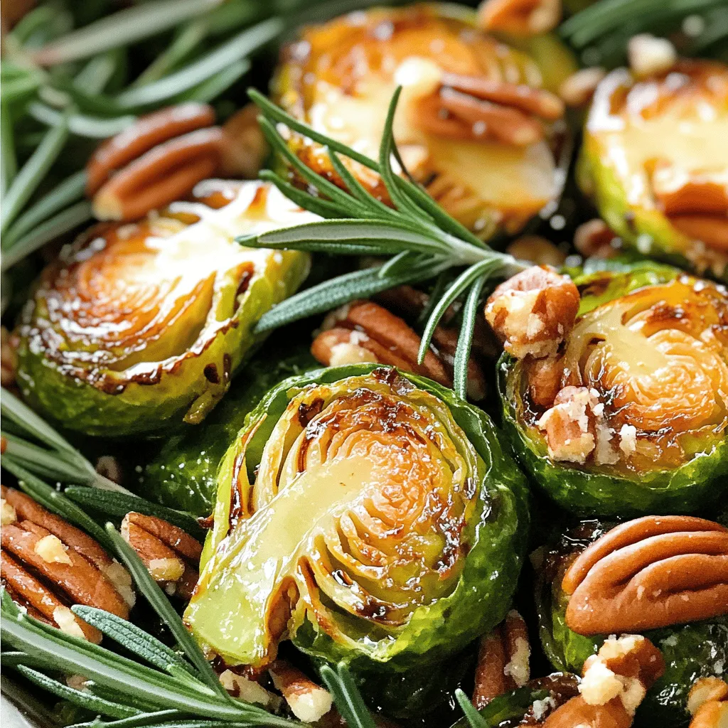 - 1 lb Brussels sprouts, trimmed and halved - 3 tablespoons balsamic vinegar - 2 tablespoons honey or maple syrup - 2 tablespoons extra virgin olive oil - 1 teaspoon garlic powder - 1/2 teaspoon sea salt - 1/4 teaspoon freshly cracked black pepper - 1/2 cup pecans, roughly chopped - 1/4 cup freshly grated Parmesan cheese - Fresh rosemary or thyme sprigs for garnish When I cook Balsamic Glazed Brussels Sprouts, I always start with fresh Brussels sprouts. Trimming them helps remove any tough outer leaves. Cutting them in half allows the balsamic glaze to coat each piece well. Next, I grab my balsamic vinegar. This vinegar brings a rich, tangy flavor. I mix it with honey or maple syrup for sweetness. This balance makes the dish shine. The extra virgin olive oil adds a nice, smooth texture. I also add garlic powder, salt, and pepper. These simple spices enhance the taste without overpowering it. If you want to add a little crunch, toss in some pecans. They give a lovely texture and nutty flavor. Grated Parmesan cheese is another option. It melts perfectly on the hot sprouts. For a fresh touch, I love to garnish with rosemary or thyme. This adds a pop of color and aroma. All these ingredients come together for a delightful side dish. You can find the Full Recipe for more details on how to prepare this dish. - Preheat the oven to 400°F (200°C). - Create the marinade using balsamic vinegar, honey, olive oil, garlic powder, salt, and pepper. Mix well in a large bowl. - Coat the Brussels sprouts in the marinade. Toss gently until each sprout is covered. - Arrange the Brussels sprouts on a baking sheet for roasting. Make sure they are in a single layer for even cooking. - Roast the Brussels sprouts for 20–25 minutes, stirring halfway through. This helps them cook evenly and get that nice brown color. - Toast the pecans during the last minutes of roasting. This adds a lovely crunch. - Add Parmesan cheese before serving, if desired. The warm sprouts will slightly melt the cheese. - Garnish with fresh herbs for presentation. This adds a pop of color and fresh flavor. For the full recipe, check out the details above! To get that perfect glaze, marinating is key. Let the Brussels sprouts sit in the marinade for at least 15 minutes. This helps them soak in all the yummy flavors. The roasting conditions matter too. Always preheat your oven to 400°F. This high heat caramelizes the sprouts, giving them a nice, sweet coating. One common mistake is overcrowding the baking sheet. If you pile too many sprouts on, they won't roast well. Instead, keep them in a single layer. Another pitfall is forgetting to stir during roasting. Stirring halfway through helps them cook evenly and develop that lovely caramel color. To amp up the flavor, consider adding spices like smoked paprika or crushed red pepper. They add a nice kick. Balancing sweetness with acidity is also important. If your glaze is too sweet, add a splash more balsamic vinegar. This will brighten the dish and make it more exciting. If you want to dive deeper into the recipe, check out the Full Recipe. {{image_4}} You can switch sweeteners in this recipe. Agave syrup works well instead of honey. It gives a nice, smooth sweetness. Maple syrup is another great choice. It adds a rich flavor that pairs perfectly with balsamic. Each sweetener gives a unique taste, so feel free to experiment. For a heartier dish, try adding bacon or sausage. The salty meat brings a wonderful depth. You can also mix in sweet potatoes or carrots. They add color and sweetness. Just chop them small so they cook evenly with the Brussels sprouts. Mixing textures can make your meal more exciting. To make this dish vegan, swap honey for agave or maple syrup. This keeps the sweetness without animal products. You can also leave out Parmesan cheese. Instead, use nutritional yeast for a cheesy flavor. These swaps keep the dish delicious and plant-based. Enjoy your flavorful, wholesome side dish with these variations! To store cooked Brussels sprouts, let them cool first. Place them in an airtight container. This helps keep them fresh. They can last for up to three days in the fridge. If you notice any sliminess, it’s time to toss them. When reheating, I prefer the oven. It keeps the sprouts crispy and tasty. Just set your oven to 350°F (175°C). Spread the sprouts on a baking sheet. Heat them for about 10 minutes. You can use a microwave, but they might get soft. If you do, heat them in short bursts to control moisture. Yes, you can freeze cooked Brussels sprouts! To do this, let them cool completely. Place them in a freezer-safe bag. Make sure to remove as much air as possible. They will stay fresh for three to six months. When ready to eat, thaw them in the fridge overnight. Reheat them in the oven for best results. Avoid refreezing them after thawing. For the full recipe of balsamic glazed Brussels sprouts, check the section above! The best way to prepare Brussels sprouts starts with cutting and cleaning them. First, trim the stem end and remove any yellow or damaged leaves. Then, cut each sprout in half to help them cook evenly. Rinse them under cold water to remove dirt. Dry them well with a clean towel. This step is key for achieving a nice sear when roasting. Yes, you can make balsamic glazed Brussels sprouts ahead of time. To do this, roast the sprouts and let them cool. Store them in an airtight container in the fridge for up to three days. When ready to eat, simply reheat them in the oven at 350°F (175°C) for about 10-15 minutes. This will help keep them crispy and tasty. To make Brussels sprouts less bitter, balance the flavors in your dish. Adding a sweet element, like honey or maple syrup, can help. Roasting also brings out their natural sweetness. Another trick is to add a pinch of salt. It enhances their flavor and reduces bitterness. Mixing in other veggies can also help balance the taste. You can add more flavor to balsamic glazed Brussels sprouts in several ways. Try adding a sprinkle of red pepper flakes for heat. Fresh herbs like thyme or rosemary add a lovely aroma. You can also toss in garlic or shallots before roasting. For a crunch, consider adding toasted nuts or seeds. Freshly grated Parmesan cheese adds a rich, savory note. Check the Full Recipe for additional ideas. This blog explored how to make delicious balsamic glazed Brussels sprouts. We covered the key ingredients, cooking steps, and tips for perfect results. I shared various ways to enhance flavors and included storage advice for leftovers. Remember, the right marinade makes a big difference. Avoid overcrowding your baking sheet, and don’t skip the stirring. These simple steps lead to tasty, caramelized sprouts that everyone will enjoy. With these guidelines, you'll create a dish that shines at any meal. Enjoy perfecting your Brussels sprouts!