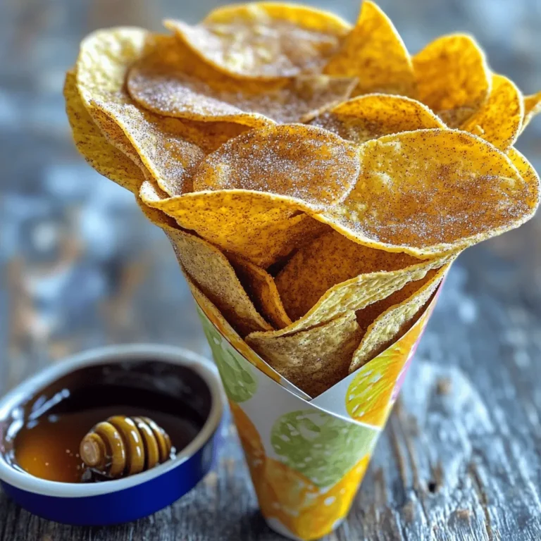 When making cinnamon sugar tortilla chips, having the right ingredients is key. Here’s what you need: - 6 flour tortillas - 1/4 cup granulated sugar - 2 tablespoons ground cinnamon - 1/4 cup unsalted butter, melted - Pinch of salt - Optional: 1/2 cup honey or chocolate sauce for dipping These simple ingredients come together to create a tasty treat. The flour tortillas give a soft base, while the cinnamon and sugar add sweetness. The melted butter helps the sugar stick and gives the chips a rich flavor. The pinch of salt balances the sweetness just right! If you want to dip your chips, honey or chocolate sauce makes a great choice. You can find the full recipe in the earlier sections. Enjoy the process of making these delightful chips! - Preheat the oven to 350°F (175°C). - In a bowl, mix sugar, cinnamon, and salt. - Coat each tortilla with melted butter. - Cut the tortillas into triangles. - Sprinkle the cinnamon sugar mix on the tortillas. - Place them on a baking sheet without overlap. - Bake for 10-12 minutes until crispy. I love this step! The sweet scent fills the kitchen as they bake. You might want to flip the chips halfway for even crispiness. When they turn golden brown, they are ready. Enjoy them warm or cool with honey or chocolate sauce for dipping. Don't forget the full recipe for more details! To get the best texture, start with an even butter coating. Use a brush to spread the melted butter on the tortillas. This step is key for making the chips crispy. Also, remember to flip the chips halfway through baking. This ensures both sides get golden and crunchy. For even more flavor, add an extra sprinkle of cinnamon sugar when the chips come out of the oven. This adds a nice touch of sweetness. Using fresh tortillas can also improve the taste. Fresh ones are softer and more flavorful than older tortillas. Get creative with how you serve your chips. You can stack them in a cone-shaped holder for fun. Place them on a colorful plate to make the dish pop. Dipping sauces can also enhance your chips. Try honey or chocolate sauce for a sweet treat. Drizzle the sauce on the side for a nice touch! {{image_4}} You can easily jazz up your cinnamon sugar tortilla chips. One great way is by adding vanilla extract to the melted butter. This simple touch gives a sweet, warm flavor. Just mix in a teaspoon of vanilla before you brush the tortillas. Feel free to experiment with different spices too. You might try nutmeg or cardamom for a unique twist. Each spice adds its own character, and you can create a new favorite! If you want a healthier version, consider using whole wheat tortillas. They add fiber and nutrients while keeping the delicious taste. Just follow the same steps as with regular tortillas. You can also make low-sugar options. Use a sugar substitute like stevia or monk fruit sweetener. This way, you can enjoy the crunch without too much sugar. Seasonal flavors make your snack special. In fall, try adding pumpkin spice to the cinnamon sugar mix. This will give your chips a cozy, festive feel. For chocolate lovers, a chocolate version is a must-try! Simply melt some dark chocolate and drizzle it over the finished chips. This rich flavor pairs perfectly with the cinnamon sugar. These variations keep the fun alive in your kitchen! You can find the full recipe to get started. To keep your cinnamon sugar tortilla chips fresh, store them in an airtight container. I recommend using a zip-top bag or a glass jar. This helps prevent moisture from ruining the crispiness. You can store them at room temperature. They will stay good for about three days. If you want them to last longer, you can freeze them. Just make sure to layer them with parchment paper to avoid sticking. When you're ready to enjoy your chips again, reheating them is key. Use an oven to keep them crispy. Preheat your oven to 350°F (175°C) and place the chips on a baking sheet. Bake them for about 5 minutes. This method revives their crunch. Avoid using a microwave, as it makes them soggy. If you're in a rush, a toaster oven works well, too. After storing, you might want to bring back the flavors. A light sprinkle of cinnamon sugar can do wonders. This simple step refreshes their taste. Pair your chips with dips like honey or chocolate sauce for a sweet treat. You can even try them with fruit salsa for a fun twist. You can use coconut oil, olive oil, or applesauce instead of butter. These options keep the chips tasty while making them dairy-free. If you choose olive oil, use a light flavor to avoid overpowering the cinnamon sugar. Coconut oil gives a nice hint of sweetness. Applesauce is a fun choice for a healthier twist. Just spread your choice evenly on the tortillas before adding the cinnamon sugar mixture. Yes, you can prepare the chips in advance. After baking, let them cool completely. Store them in an airtight container for up to three days. This keeps them fresh and crunchy. If you want to serve them later, reheat them in the oven for a few minutes. This helps restore their crispiness. These chips have a fun mix of flavors but also some sugar. Each serving has about 150 calories. You get 5 grams of fat, mostly from the butter or oil. There are 23 grams of carbs and 1 gram of protein. They are great as a treat, but keep an eye on portion size if you're watching your intake. In this article, we covered how to make delicious cinnamon sugar tortilla chips. You learned the key ingredients and followed easy steps to bake them. We also shared tips for the perfect crunch and fun serving ideas. You can even try different flavors or healthier options. Remember, you can store and reheat these chips to enjoy later. With the right techniques, your snacks can always taste fresh! Experiment and find your perfect twist on this fun recipe. Enjoy your cooking!