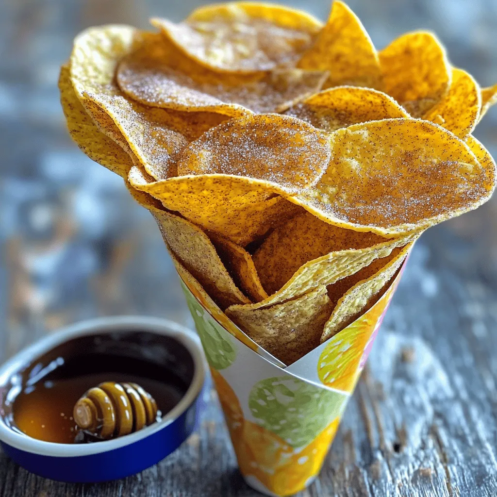 When making cinnamon sugar tortilla chips, having the right ingredients is key. Here’s what you need: - 6 flour tortillas - 1/4 cup granulated sugar - 2 tablespoons ground cinnamon - 1/4 cup unsalted butter, melted - Pinch of salt - Optional: 1/2 cup honey or chocolate sauce for dipping These simple ingredients come together to create a tasty treat. The flour tortillas give a soft base, while the cinnamon and sugar add sweetness. The melted butter helps the sugar stick and gives the chips a rich flavor. The pinch of salt balances the sweetness just right! If you want to dip your chips, honey or chocolate sauce makes a great choice. You can find the full recipe in the earlier sections. Enjoy the process of making these delightful chips! - Preheat the oven to 350°F (175°C). - In a bowl, mix sugar, cinnamon, and salt. - Coat each tortilla with melted butter. - Cut the tortillas into triangles. - Sprinkle the cinnamon sugar mix on the tortillas. - Place them on a baking sheet without overlap. - Bake for 10-12 minutes until crispy. I love this step! The sweet scent fills the kitchen as they bake. You might want to flip the chips halfway for even crispiness. When they turn golden brown, they are ready. Enjoy them warm or cool with honey or chocolate sauce for dipping. Don't forget the full recipe for more details! To get the best texture, start with an even butter coating. Use a brush to spread the melted butter on the tortillas. This step is key for making the chips crispy. Also, remember to flip the chips halfway through baking. This ensures both sides get golden and crunchy. For even more flavor, add an extra sprinkle of cinnamon sugar when the chips come out of the oven. This adds a nice touch of sweetness. Using fresh tortillas can also improve the taste. Fresh ones are softer and more flavorful than older tortillas. Get creative with how you serve your chips. You can stack them in a cone-shaped holder for fun. Place them on a colorful plate to make the dish pop. Dipping sauces can also enhance your chips. Try honey or chocolate sauce for a sweet treat. Drizzle the sauce on the side for a nice touch! {{image_4}} You can easily jazz up your cinnamon sugar tortilla chips. One great way is by adding vanilla extract to the melted butter. This simple touch gives a sweet, warm flavor. Just mix in a teaspoon of vanilla before you brush the tortillas. Feel free to experiment with different spices too. You might try nutmeg or cardamom for a unique twist. Each spice adds its own character, and you can create a new favorite! If you want a healthier version, consider using whole wheat tortillas. They add fiber and nutrients while keeping the delicious taste. Just follow the same steps as with regular tortillas. You can also make low-sugar options. Use a sugar substitute like stevia or monk fruit sweetener. This way, you can enjoy the crunch without too much sugar. Seasonal flavors make your snack special. In fall, try adding pumpkin spice to the cinnamon sugar mix. This will give your chips a cozy, festive feel. For chocolate lovers, a chocolate version is a must-try! Simply melt some dark chocolate and drizzle it over the finished chips. This rich flavor pairs perfectly with the cinnamon sugar. These variations keep the fun alive in your kitchen! You can find the full recipe to get started. To keep your cinnamon sugar tortilla chips fresh, store them in an airtight container. I recommend using a zip-top bag or a glass jar. This helps prevent moisture from ruining the crispiness. You can store them at room temperature. They will stay good for about three days. If you want them to last longer, you can freeze them. Just make sure to layer them with parchment paper to avoid sticking. When you're ready to enjoy your chips again, reheating them is key. Use an oven to keep them crispy. Preheat your oven to 350°F (175°C) and place the chips on a baking sheet. Bake them for about 5 minutes. This method revives their crunch. Avoid using a microwave, as it makes them soggy. If you're in a rush, a toaster oven works well, too. After storing, you might want to bring back the flavors. A light sprinkle of cinnamon sugar can do wonders. This simple step refreshes their taste. Pair your chips with dips like honey or chocolate sauce for a sweet treat. You can even try them with fruit salsa for a fun twist. You can use coconut oil, olive oil, or applesauce instead of butter. These options keep the chips tasty while making them dairy-free. If you choose olive oil, use a light flavor to avoid overpowering the cinnamon sugar. Coconut oil gives a nice hint of sweetness. Applesauce is a fun choice for a healthier twist. Just spread your choice evenly on the tortillas before adding the cinnamon sugar mixture. Yes, you can prepare the chips in advance. After baking, let them cool completely. Store them in an airtight container for up to three days. This keeps them fresh and crunchy. If you want to serve them later, reheat them in the oven for a few minutes. This helps restore their crispiness. These chips have a fun mix of flavors but also some sugar. Each serving has about 150 calories. You get 5 grams of fat, mostly from the butter or oil. There are 23 grams of carbs and 1 gram of protein. They are great as a treat, but keep an eye on portion size if you're watching your intake. In this article, we covered how to make delicious cinnamon sugar tortilla chips. You learned the key ingredients and followed easy steps to bake them. We also shared tips for the perfect crunch and fun serving ideas. You can even try different flavors or healthier options. Remember, you can store and reheat these chips to enjoy later. With the right techniques, your snacks can always taste fresh! Experiment and find your perfect twist on this fun recipe. Enjoy your cooking!