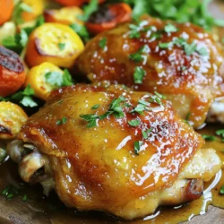 To make Honey Mustard Chicken Thighs, you will need: - 4 bone-in, skin-on chicken thighs - 1/4 cup honey - 1/4 cup Dijon mustard - 2 tablespoons olive oil - 2 cloves garlic, minced - 1 tablespoon apple cider vinegar - 1 teaspoon dried thyme - 1 teaspoon paprika - Salt and pepper to taste These ingredients mix well to create a glaze that is both sweet and tangy. The chicken thighs are perfect for this dish. Their skin keeps them juicy, and the bones add flavor. You can enhance your dish with: - Fresh parsley, chopped (for serving) - Suggested sides: roasted vegetables or a green salad Fresh parsley adds color and a hint of freshness. Roasted vegetables or a salad make great sides. They balance the rich flavors of the chicken. Each serving of Honey Mustard Chicken Thighs contains about 350 calories. Key nutritional benefits include: - Chicken thighs provide protein and iron. - Honey offers natural sweetness and antioxidants. - Dijon mustard may aid digestion. This meal is both delicious and nutritious, making it a great choice for any dinner. For the full recipe, follow the steps to enjoy this tasty dish. Preheat your oven to 400°F (200°C). This step is key to making the chicken cook evenly. A hot oven helps the skin crisp up nicely. Next, prepare the marinade. In a medium bowl, mix together 1/4 cup honey, 1/4 cup Dijon mustard, and 2 tablespoons of olive oil. Add 2 minced garlic cloves, 1 tablespoon apple cider vinegar, 1 teaspoon dried thyme, and 1 teaspoon paprika. Don’t forget a pinch of salt and pepper. Whisk until it’s well blended and smooth. Now, take a large baking dish and arrange the chicken thighs in it. Place them skin side up. This position helps the skin get that perfect golden brown color. Pour the honey mustard marinade over the chicken. Make sure to coat each piece well. You can use a brush or the back of a spoon to spread it evenly. Place the baking dish in the oven. Bake the chicken for 35 to 40 minutes. You know it’s done when the juices run clear, and the internal temperature hits 165°F (75°C). For extra crispy skin, switch the oven to broil for the last 2-3 minutes. Keep an eye on it to avoid burning. Once cooked, take the chicken out and let it rest for about 5 minutes. This resting time helps keep the meat juicy. Before serving, sprinkle freshly chopped parsley on top for a nice touch. For a full recipe, check out the details above. To make the best honey mustard chicken thighs, you must balance the flavors. The sweet honey pairs well with the tangy Dijon mustard. You want the taste to shine. Add garlic and herbs for extra depth. Marinating time is key for great flavor. Aim for at least 30 minutes. If you have more time, let it sit longer. This will deepen the taste and make your chicken even better. Keeping the chicken juicy is important. Always start with skin-on, bone-in thighs. They stay moist during cooking. Use a meat thermometer to check for doneness. You want the internal temperature to reach 165°F (75°C). This ensures safety and great flavor. For best results, avoid overcrowding the pan. Give each thigh space to cook evenly. This helps get that perfect golden brown color and crisp skin. Plating can elevate your meal. Arrange the chicken thighs on a large platter. Drizzle with pan juices for a glossy look. Fresh parsley adds color and a nice touch. Pair your chicken with sides that complement its flavor. Roasted seasonal vegetables work well. A refreshing green salad also makes a perfect match. These sides balance the dish and add nutrition. For the full recipe, refer to the earlier sections. {{image_4}} You can change the flavors in honey mustard chicken thighs easily. Adding spices or herbs can give your dish a new twist. Try adding cumin, rosemary, or even chili powder for some heat. You can also swap ingredients to meet dietary needs. If you want a lower sugar option, use sugar-free honey. For a vegan alternative, try maple syrup instead of honey. You can cook honey mustard chicken thighs in different ways. Grilling them gives a nice smoky flavor. Just marinate the chicken, then grill it for about 6-8 minutes on each side. Baking is also simple. Just follow the [Full Recipe] for a tasty oven-baked version. If you're short on time, try a slow cooker. Place the marinated chicken in the slow cooker and set it on low for 6-7 hours. This method keeps the chicken juicy and tender. You can serve honey mustard chicken thighs in many ways. Try making wraps by placing the chicken in a tortilla with greens and veggies. This makes a quick lunch. You can also turn it into a salad by slicing the chicken and adding it to mixed greens. If you like meal prep, cook a batch of chicken thighs. Store them in the fridge for quick meals all week. Just reheat and enjoy! To store leftovers from your honey mustard chicken thighs, let them cool first. Place the chicken in an airtight container. This will keep it fresh and tasty. I suggest using glass containers for best results. They help keep moisture in and odors out. If you want to freeze the chicken, wrap each piece in plastic wrap. Then place them in a freezer-safe bag. This helps prevent freezer burn. When you're ready to eat, thaw it overnight in the fridge. Reheat the chicken in the oven at 350°F (175°C) until it's hot. This keeps the chicken juicy and flavorful. In the fridge, your honey mustard chicken will last about 3 to 4 days. Always check for signs of spoilage. Look for off smells, discoloration, or a slimy texture. If you see any of these, it’s best to toss it out. Enjoying your chicken safely is key! How long does it take to cook honey mustard chicken thighs? It takes about 35 to 40 minutes to cook honey mustard chicken thighs in the oven at 400°F. You want them to reach an internal temperature of 165°F to ensure they are safe to eat. I suggest checking the chicken a bit early. This way, you avoid overcooking and drying them out. Can I use boneless chicken thighs instead? Yes, you can use boneless chicken thighs. They will cook faster, usually in about 25 to 30 minutes. Keep an eye on them to prevent dryness. The marinade will still work great, giving you that sweet and tangy flavor. What can I use instead of Dijon mustard? If you don’t have Dijon mustard, try using yellow mustard. It’s milder but still adds a nice flavor. You can also mix honey with a little bit of apple cider vinegar for a sweet and tangy kick. Is there a honey alternative for this recipe? You can use maple syrup as a honey alternative. It will offer a different taste but still keep the dish sweet. Agave nectar is another good option. Just use the same amount as honey to keep the balance right. Can I prepare the marinade in advance? Yes, you can prepare the marinade a day ahead. This helps the flavors meld together better. Just store it in the fridge until you're ready to use it. What should I serve with honey mustard chicken thighs? I recommend serving honey mustard chicken thighs with roasted vegetables or a fresh salad. They pair well with rice or mashed potatoes, too. The sweet and tangy flavor works great with many sides, making it a versatile dish. In this blog post, we explored how to make delicious honey mustard chicken thighs. We covered the key ingredients, cooking steps, and useful tips. Each part helps you create a great meal. You can even adjust flavors to fit your taste. Remember to store leftovers properly for later enjoyment. With this recipe, you can impress family and friends easily. Enjoy this tasty dish and have fun cooking!