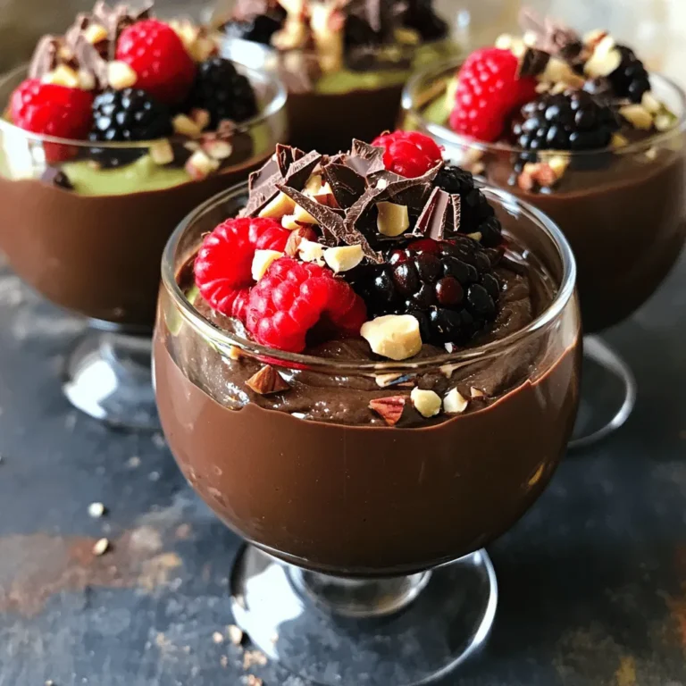 - 2 ripe avocados - 1/2 cup unsweetened cocoa powder - 1/4 cup pure maple syrup or honey - 1/4 cup almond milk or milk of choice I love using ripe avocados for this mousse. They add a rich, creamy texture. You can tell an avocado is ripe when it yields slightly to gentle pressure. The unsweetened cocoa powder brings deep chocolate flavor without adding extra sugar. For sweetness, I use maple syrup or honey, depending on your preference. Almond milk keeps it light, but any milk works well. - Shaved dark chocolate - Chopped nuts - Fresh berries Toppings can elevate your mousse. Shaved dark chocolate adds a touch of luxury. Chopped nuts bring a nice crunch and flavor. Fresh berries add brightness and a hint of tartness. Feel free to mix and match your favorites for a unique twist. You can find the full recipe for this mousse in the next section. To start, you need ripe avocados for this mousse. A ripe avocado feels slightly soft when you press it gently. Look for dark green or black skin. Avoid any with large dark spots. To peel and pit an avocado, first, slice it in half lengthwise around the pit. Twist the halves to separate them. Use a spoon to scoop the flesh out of each half. Be careful not to damage the flesh. For the pit, you can tap it with a knife and twist to remove it safely. Next, it’s time to blend. A food processor works best here. Place the avocado flesh in the bowl with the cocoa powder. Pulse until it becomes creamy. You want a silky smooth texture for the mousse. After blending the avocado and cocoa, add maple syrup, almond milk, vanilla extract, and sea salt. Blend again until everything mixes well. If needed, pause and scrape down the sides to combine all the ingredients. Taste the mousse and add more sweetener if you like it sweeter. Chilling is key for a great mousse. After blending, spoon the mixture into bowls. Place them in the fridge for at least 30 minutes. This time helps the mousse set up. It also lets the flavors come together nicely. Once chilled, you can add toppings. Shaved dark chocolate, nuts, or fresh berries make great choices. They add texture and color to your dessert. Serve the mousse in glass cups for a lovely look. You’ll impress everyone with this simple yet tasty treat! To make your mousse sweeter, taste it after blending. If it needs more sweetness, add a little maple syrup or honey. Blend briefly after each addition. Chocolate and avocado work well together. Try adding a pinch of espresso for depth. You can also mix in mint or orange zest for a fresh twist. Using a food processor helps create a smooth blend. When you mix the ingredients, stop to scrape down the bowl. This ensures all the bits get blended well. If you notice lumps, keep blending until everything is silky and creamy. A smooth texture is key to a great mousse. Think about how you want to serve your mousse. Glass cups show off the rich color nicely. For a fun touch, use small jars or dessert bowls. Before serving, add a garnish. Shaved dark chocolate or chopped nuts look great on top. Fresh berries add a burst of color and flavor too. A mint leaf can give a nice pop! {{image_4}} You can easily change the flavor of your mousse. Adding espresso or coffee gives it a nice richness. It pairs well with chocolate and makes it even more indulgent. If you want a fresh taste, try infusing it with mint or orange zest. Just a little zest can brighten the flavor without overpowering it. If you follow a strict vegan diet, there are easy swaps. For sweeteners, use agave syrup instead of honey. You can also switch almond milk for any plant-based milk you prefer. This keeps the mousse creamy and delicious without any animal products. Need more or less mousse? You can scale the recipe up or down. Doubling or halving the ingredients works well. Just remember to adjust the chilling time if you make a larger batch. It may need a bit longer to set and be ready to enjoy. For the full recipe, check out the original instructions above and get ready to indulge! To keep your mousse fresh, use airtight containers. Glass jars or plastic containers work well. Make sure they seal tightly. This keeps air out and preserves flavor. Store the mousse in the fridge for best results. The cool temperature helps it stay creamy and delicious. Chocolate avocado mousse can last about three days in the fridge. After that, it may spoil. Check for signs like a change in color or smell. If it looks brown or has an off smell, it’s best to toss it. Always trust your senses when it comes to food! Yes, Chocolate Avocado Mousse is healthy! Avocados are full of good fats, fiber, and vitamins. They help your heart and keep you full. Cocoa powder adds antioxidants, which can boost your mood and health. Together, these ingredients make a tasty dessert that offers great nutrition. Absolutely! You can prepare this mousse a day in advance. Just follow the steps in the Full Recipe and chill it in the fridge. Cover the bowls with plastic wrap to keep it fresh. When it’s time to eat, just add your toppings. This makes it easy for parties or busy days! If you don’t have maple syrup, honey works well too. It adds sweetness and flavor. You can also use agave nectar or coconut sugar. Just remember, these may change the taste a little. Start with the same amount and adjust to your liking. Chocolate avocado mousse is simple and delicious. You learned about key ingredients, like avocados and cocoa powder, and how to blend them. I shared tips for enhancing flavor and gave you variations to try. Think about how fun it is to personalize this treat with toppings! Enjoy making this healthy dessert for yourself or loved ones. Trust me, you’ll love how chocolatey and smooth it can be. Plus, it’s easy to store for later. Get creative, have fun, and savor each bite!