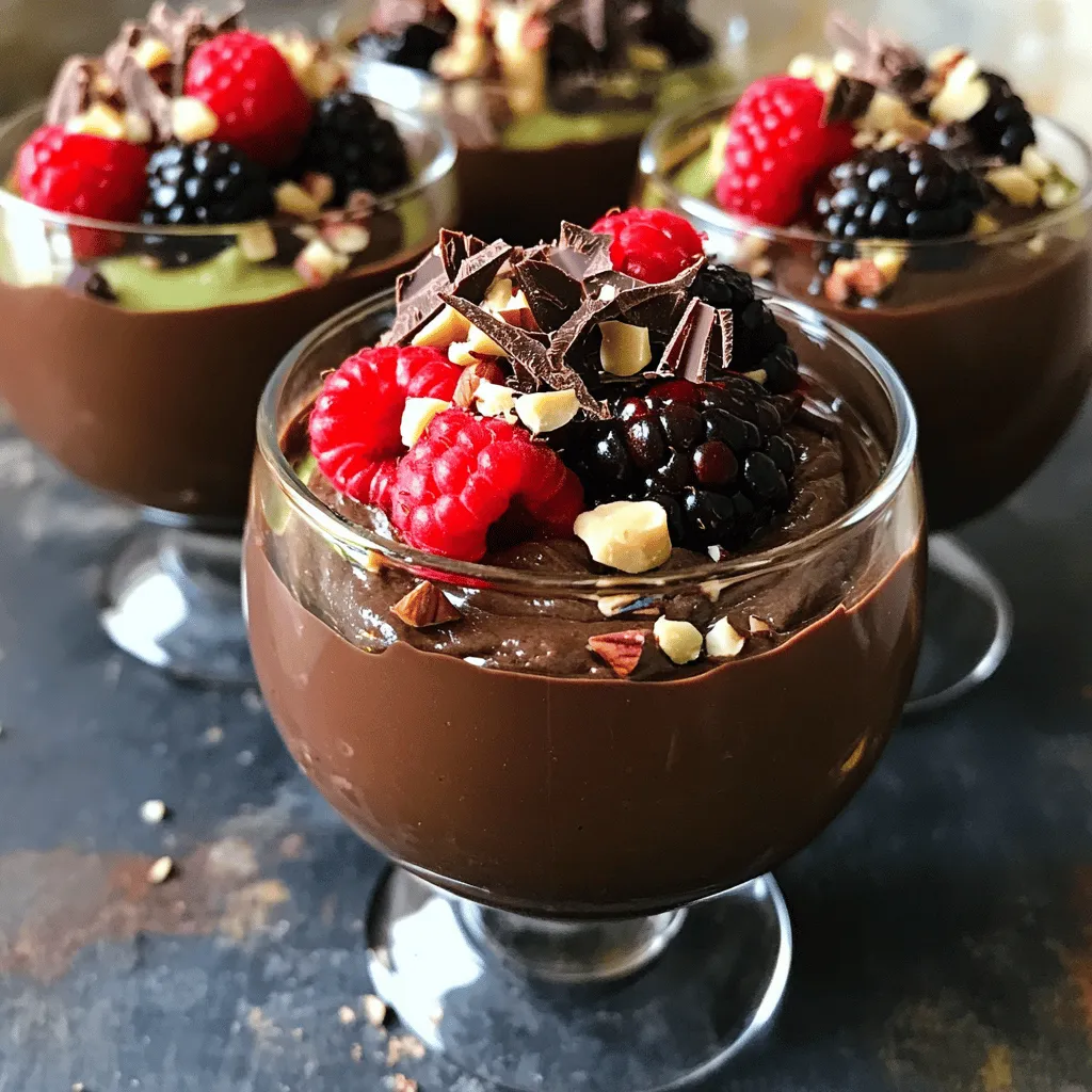 - 2 ripe avocados - 1/2 cup unsweetened cocoa powder - 1/4 cup pure maple syrup or honey - 1/4 cup almond milk or milk of choice I love using ripe avocados for this mousse. They add a rich, creamy texture. You can tell an avocado is ripe when it yields slightly to gentle pressure. The unsweetened cocoa powder brings deep chocolate flavor without adding extra sugar. For sweetness, I use maple syrup or honey, depending on your preference. Almond milk keeps it light, but any milk works well. - Shaved dark chocolate - Chopped nuts - Fresh berries Toppings can elevate your mousse. Shaved dark chocolate adds a touch of luxury. Chopped nuts bring a nice crunch and flavor. Fresh berries add brightness and a hint of tartness. Feel free to mix and match your favorites for a unique twist. You can find the full recipe for this mousse in the next section. To start, you need ripe avocados for this mousse. A ripe avocado feels slightly soft when you press it gently. Look for dark green or black skin. Avoid any with large dark spots. To peel and pit an avocado, first, slice it in half lengthwise around the pit. Twist the halves to separate them. Use a spoon to scoop the flesh out of each half. Be careful not to damage the flesh. For the pit, you can tap it with a knife and twist to remove it safely. Next, it’s time to blend. A food processor works best here. Place the avocado flesh in the bowl with the cocoa powder. Pulse until it becomes creamy. You want a silky smooth texture for the mousse. After blending the avocado and cocoa, add maple syrup, almond milk, vanilla extract, and sea salt. Blend again until everything mixes well. If needed, pause and scrape down the sides to combine all the ingredients. Taste the mousse and add more sweetener if you like it sweeter. Chilling is key for a great mousse. After blending, spoon the mixture into bowls. Place them in the fridge for at least 30 minutes. This time helps the mousse set up. It also lets the flavors come together nicely. Once chilled, you can add toppings. Shaved dark chocolate, nuts, or fresh berries make great choices. They add texture and color to your dessert. Serve the mousse in glass cups for a lovely look. You’ll impress everyone with this simple yet tasty treat! To make your mousse sweeter, taste it after blending. If it needs more sweetness, add a little maple syrup or honey. Blend briefly after each addition. Chocolate and avocado work well together. Try adding a pinch of espresso for depth. You can also mix in mint or orange zest for a fresh twist. Using a food processor helps create a smooth blend. When you mix the ingredients, stop to scrape down the bowl. This ensures all the bits get blended well. If you notice lumps, keep blending until everything is silky and creamy. A smooth texture is key to a great mousse. Think about how you want to serve your mousse. Glass cups show off the rich color nicely. For a fun touch, use small jars or dessert bowls. Before serving, add a garnish. Shaved dark chocolate or chopped nuts look great on top. Fresh berries add a burst of color and flavor too. A mint leaf can give a nice pop! {{image_4}} You can easily change the flavor of your mousse. Adding espresso or coffee gives it a nice richness. It pairs well with chocolate and makes it even more indulgent. If you want a fresh taste, try infusing it with mint or orange zest. Just a little zest can brighten the flavor without overpowering it. If you follow a strict vegan diet, there are easy swaps. For sweeteners, use agave syrup instead of honey. You can also switch almond milk for any plant-based milk you prefer. This keeps the mousse creamy and delicious without any animal products. Need more or less mousse? You can scale the recipe up or down. Doubling or halving the ingredients works well. Just remember to adjust the chilling time if you make a larger batch. It may need a bit longer to set and be ready to enjoy. For the full recipe, check out the original instructions above and get ready to indulge! To keep your mousse fresh, use airtight containers. Glass jars or plastic containers work well. Make sure they seal tightly. This keeps air out and preserves flavor. Store the mousse in the fridge for best results. The cool temperature helps it stay creamy and delicious. Chocolate avocado mousse can last about three days in the fridge. After that, it may spoil. Check for signs like a change in color or smell. If it looks brown or has an off smell, it’s best to toss it. Always trust your senses when it comes to food! Yes, Chocolate Avocado Mousse is healthy! Avocados are full of good fats, fiber, and vitamins. They help your heart and keep you full. Cocoa powder adds antioxidants, which can boost your mood and health. Together, these ingredients make a tasty dessert that offers great nutrition. Absolutely! You can prepare this mousse a day in advance. Just follow the steps in the Full Recipe and chill it in the fridge. Cover the bowls with plastic wrap to keep it fresh. When it’s time to eat, just add your toppings. This makes it easy for parties or busy days! If you don’t have maple syrup, honey works well too. It adds sweetness and flavor. You can also use agave nectar or coconut sugar. Just remember, these may change the taste a little. Start with the same amount and adjust to your liking. Chocolate avocado mousse is simple and delicious. You learned about key ingredients, like avocados and cocoa powder, and how to blend them. I shared tips for enhancing flavor and gave you variations to try. Think about how fun it is to personalize this treat with toppings! Enjoy making this healthy dessert for yourself or loved ones. Trust me, you’ll love how chocolatey and smooth it can be. Plus, it’s easy to store for later. Get creative, have fun, and savor each bite!