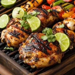 - 4 boneless, skinless chicken breasts - 1/4 cup olive oil - 3 tablespoons fresh lime juice - 2 tablespoons chili powder - 1 tablespoon garlic powder - 1 teaspoon onion powder - 1 teaspoon smoked paprika - 1 teaspoon ground cumin - 1 teaspoon salt - 1/2 teaspoon black pepper - Zest of 1 lime - Fresh cilantro, finely chopped (for garnish) - Lime wedges (for serving) To make the best chili lime grilled chicken, you need the right ingredients. Start with four boneless, skinless chicken breasts. They cook evenly and stay juicy. Olive oil helps to keep the chicken moist and adds flavor. Fresh lime juice is key for that zesty kick. Use three tablespoons to ensure a bright taste. Chili powder gives the chicken its signature heat. I like to use two tablespoons for a nice spice level. Garlic powder and onion powder add depth and richness. You will need one tablespoon of garlic powder and one teaspoon of onion powder. Smoked paprika lends a subtle smokiness that rounds out the flavor. One teaspoon does the trick. Ground cumin adds earthiness. One teaspoon of this spice balances the other flavors. Don't forget salt and black pepper. They enhance every bite. You’ll need one teaspoon of salt and half a teaspoon of black pepper. Lastly, lime zest brings more lime flavor. Gather one lime for zesting. Garnish the finished dish with finely chopped cilantro for a fresh touch. Lime wedges on the side add a burst of brightness. - Add-ins for flavor enhancement (e.g., cayenne pepper, fresh herbs) - Suggestions for marinades alternatives If you want to change it up, add some optional ingredients. A pinch of cayenne pepper can boost the heat. Fresh herbs like oregano or thyme can add layers of flavor. You can also explore different marinades. Try a yogurt-based marinade for creaminess or a honey-lime mix for sweetness. Check out the Full Recipe for more details on those options! To make the marinade, you need to combine a few key ingredients. Gather these items: - 1/4 cup olive oil - 3 tablespoons fresh lime juice - 2 tablespoons chili powder - 1 tablespoon garlic powder - 1 teaspoon onion powder - 1 teaspoon smoked paprika - 1 teaspoon ground cumin - 1 teaspoon salt - 1/2 teaspoon black pepper - Zest of 1 lime In a medium-sized bowl, whisk all these ingredients together. Mix well until the marinade looks smooth and blended. If you want a stronger flavor, let it sit for a few minutes. This step helps the spices mix better. After you prepare the marinade, it’s time to marinate the chicken. Place the 4 boneless, skinless chicken breasts in a shallow dish or a resealable plastic bag. Pour the marinade over the chicken, making sure all pieces are coated. Seal the bag or cover the dish with plastic wrap. For the best flavor, let the chicken marinate for at least 1 hour. If you have time, marinate it for up to 4 hours. This gives the chicken more time to soak up those tasty flavors. Now, let’s grill the chicken! First, preheat your grill to medium-high heat, around 450°F (230°C). If you're using a grill pan, heat it on the stovetop until it’s hot. When the grill is ready, take the chicken out of the marinade. Let any extra marinade drip off. Place the chicken on the grill. Cook each side for about 6-7 minutes. Check the internal temperature with a meat thermometer. It should reach 165°F (75°C) to be sure it’s safe to eat. Once the chicken is done, remove it from the grill and set it on a plate. Let it rest for about 5 minutes. Resting is important because it helps the juices stay inside, making the chicken juicy and tender. After resting, you can slice the grilled chicken into strips. Garnish it with finely chopped fresh cilantro and serve with lime wedges. This adds a nice touch of zest to your meal. For a great presentation, pair it with colorful grilled veggies or a fresh salad. Enjoy your delicious Chili Lime Grilled Chicken! For the full recipe, refer to the recipe section above. To get perfect grill marks, follow these steps: - Preheat your grill to medium-high heat. - Place the chicken on the grill at a 45-degree angle. - Don't move the chicken for the first few minutes. - After a few minutes, rotate the chicken to create crosshatch marks. Common grilling mistakes include: - Not preheating the grill. - Flipping the chicken too soon. - Using too much marinade; excess can cause flare-ups. If you have dietary preferences, try these swaps: - Use skinless turkey breasts instead of chicken. - Swap the olive oil for avocado oil for a different flavor. - For a low-sodium version, reduce or skip the salt. You can adjust the spice level by: - Adding more chili powder for heat. - Using smoked paprika for a smoky flavor. - Adding a pinch of cayenne for extra kick. To keep your chicken juicy, use these methods: - Reheat in the oven at 350°F for about 10-15 minutes. - Cover the chicken with foil to trap moisture. When using a microwave: - Set it to medium power. - Heat the chicken in short bursts of 30 seconds. - Check for warmth to avoid drying it out. These tips help you enjoy the best chili lime grilled chicken even after reheating! For a detailed guide, refer to the Full Recipe. {{image_4}} You can change the taste of your chili lime grilled chicken by adding new spices or herbs. For a fresh twist, try using fresh cilantro, thyme, or oregano. Each herb brings its own taste. You can also add some cayenne pepper for a spicy kick. Many cultures have their own take on citrus flavors. For a Mexican-inspired version, use orange juice and zest instead of lime. This gives the chicken a sweet and tangy profile. You could also add fresh jalapeños for extra heat. Don’t worry if you don’t have a grill! You can bake the chicken in the oven. Preheat your oven to 400°F (200°C). Place the marinated chicken on a baking sheet. Bake for about 20-25 minutes or until the internal temperature reaches 165°F (75°C). If you prefer using a skillet, heat a bit of oil in a pan over medium heat. Add the marinated chicken and cook for about 6-7 minutes on each side. This method gives you nice sear marks too. Chili lime grilled chicken pairs well with many sides. You can serve it with a light salad, rice, or grilled corn. These sides balance the flavors nicely. For special occasions, slice the chicken into strips and arrange them on a platter. Add lime wedges and a sprinkle of fresh cilantro for a beautiful touch. You can also serve it with colorful grilled vegetables. This not only looks good but also adds more flavor. For the complete cooking details, check out the Full Recipe. To keep your chili lime grilled chicken fresh, store it in airtight containers. Cover it well to avoid drying out. Use glass or plastic containers with tight-fitting lids. This helps keep the chicken moist. You can freeze grilled chicken for later. Wrap it tightly in plastic wrap or foil. Then, place it in a freezer bag. This keeps out air and prevents freezer burn. Chicken can stay fresh in the freezer for up to three months. When you want to use it, thaw it in the fridge overnight. To reheat grilled chicken, use an oven for the best results. Preheat the oven to 350°F (175°C). Place the chicken on a baking tray and cover it with foil to keep it moist. Heat for about 15-20 minutes until warm. You can also use a microwave, but be careful not to overcook it. Enjoy your chicken while keeping its great flavor and texture! For the full recipe, check out [Full Recipe]. You can marinate chicken for at least 1 hour. For the best taste, marinate for up to 4 hours. This time lets the flavors soak in well. If you marinate longer than 4 hours, the chicken may get mushy. Always keep the chicken in the fridge while it marinates. Chili lime grilled chicken pairs well with many sides. Here are some great options: - Grilled corn on the cob - Fresh avocado salad - Cilantro lime rice - Black bean and corn salsa - Chilled beverages like limeade or iced tea These sides will boost the fresh flavors of your meal. Grilling chicken from frozen is not the best choice. It can cook unevenly and take longer to grill. For safe grilling, always thaw chicken first. To thaw, place the chicken in the fridge overnight. If you're short on time, you can use the microwave. Just be careful to cook it right after thawing. The best way to check if chicken is done is by using a meat thermometer. Insert it into the thickest part of the chicken. It should read 165°F (75°C). This temperature ensures the chicken is safe to eat. If you don’t have a thermometer, check that the juices run clear and the meat is no longer pink. In this post, we covered the essential ingredients, preparation, and grilling tips for chili lime grilled chicken. We discussed marinating times, cooking methods, and serving ideas to enhance your dish. You now have the tools to create a flavorful meal. Remember, grilling is as much about safety as it is about taste. By following these steps, you can enjoy juicy, delicious chicken every time. Happy grilling!