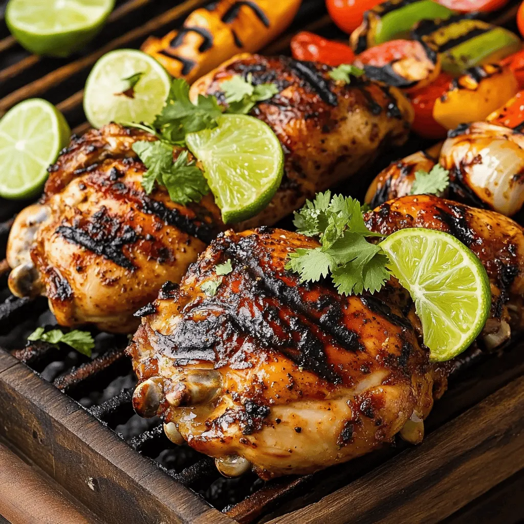 - 4 boneless, skinless chicken breasts - 1/4 cup olive oil - 3 tablespoons fresh lime juice - 2 tablespoons chili powder - 1 tablespoon garlic powder - 1 teaspoon onion powder - 1 teaspoon smoked paprika - 1 teaspoon ground cumin - 1 teaspoon salt - 1/2 teaspoon black pepper - Zest of 1 lime - Fresh cilantro, finely chopped (for garnish) - Lime wedges (for serving) To make the best chili lime grilled chicken, you need the right ingredients. Start with four boneless, skinless chicken breasts. They cook evenly and stay juicy. Olive oil helps to keep the chicken moist and adds flavor. Fresh lime juice is key for that zesty kick. Use three tablespoons to ensure a bright taste. Chili powder gives the chicken its signature heat. I like to use two tablespoons for a nice spice level. Garlic powder and onion powder add depth and richness. You will need one tablespoon of garlic powder and one teaspoon of onion powder. Smoked paprika lends a subtle smokiness that rounds out the flavor. One teaspoon does the trick. Ground cumin adds earthiness. One teaspoon of this spice balances the other flavors. Don't forget salt and black pepper. They enhance every bite. You’ll need one teaspoon of salt and half a teaspoon of black pepper. Lastly, lime zest brings more lime flavor. Gather one lime for zesting. Garnish the finished dish with finely chopped cilantro for a fresh touch. Lime wedges on the side add a burst of brightness. - Add-ins for flavor enhancement (e.g., cayenne pepper, fresh herbs) - Suggestions for marinades alternatives If you want to change it up, add some optional ingredients. A pinch of cayenne pepper can boost the heat. Fresh herbs like oregano or thyme can add layers of flavor. You can also explore different marinades. Try a yogurt-based marinade for creaminess or a honey-lime mix for sweetness. Check out the Full Recipe for more details on those options! To make the marinade, you need to combine a few key ingredients. Gather these items: - 1/4 cup olive oil - 3 tablespoons fresh lime juice - 2 tablespoons chili powder - 1 tablespoon garlic powder - 1 teaspoon onion powder - 1 teaspoon smoked paprika - 1 teaspoon ground cumin - 1 teaspoon salt - 1/2 teaspoon black pepper - Zest of 1 lime In a medium-sized bowl, whisk all these ingredients together. Mix well until the marinade looks smooth and blended. If you want a stronger flavor, let it sit for a few minutes. This step helps the spices mix better. After you prepare the marinade, it’s time to marinate the chicken. Place the 4 boneless, skinless chicken breasts in a shallow dish or a resealable plastic bag. Pour the marinade over the chicken, making sure all pieces are coated. Seal the bag or cover the dish with plastic wrap. For the best flavor, let the chicken marinate for at least 1 hour. If you have time, marinate it for up to 4 hours. This gives the chicken more time to soak up those tasty flavors. Now, let’s grill the chicken! First, preheat your grill to medium-high heat, around 450°F (230°C). If you're using a grill pan, heat it on the stovetop until it’s hot. When the grill is ready, take the chicken out of the marinade. Let any extra marinade drip off. Place the chicken on the grill. Cook each side for about 6-7 minutes. Check the internal temperature with a meat thermometer. It should reach 165°F (75°C) to be sure it’s safe to eat. Once the chicken is done, remove it from the grill and set it on a plate. Let it rest for about 5 minutes. Resting is important because it helps the juices stay inside, making the chicken juicy and tender. After resting, you can slice the grilled chicken into strips. Garnish it with finely chopped fresh cilantro and serve with lime wedges. This adds a nice touch of zest to your meal. For a great presentation, pair it with colorful grilled veggies or a fresh salad. Enjoy your delicious Chili Lime Grilled Chicken! For the full recipe, refer to the recipe section above. To get perfect grill marks, follow these steps: - Preheat your grill to medium-high heat. - Place the chicken on the grill at a 45-degree angle. - Don't move the chicken for the first few minutes. - After a few minutes, rotate the chicken to create crosshatch marks. Common grilling mistakes include: - Not preheating the grill. - Flipping the chicken too soon. - Using too much marinade; excess can cause flare-ups. If you have dietary preferences, try these swaps: - Use skinless turkey breasts instead of chicken. - Swap the olive oil for avocado oil for a different flavor. - For a low-sodium version, reduce or skip the salt. You can adjust the spice level by: - Adding more chili powder for heat. - Using smoked paprika for a smoky flavor. - Adding a pinch of cayenne for extra kick. To keep your chicken juicy, use these methods: - Reheat in the oven at 350°F for about 10-15 minutes. - Cover the chicken with foil to trap moisture. When using a microwave: - Set it to medium power. - Heat the chicken in short bursts of 30 seconds. - Check for warmth to avoid drying it out. These tips help you enjoy the best chili lime grilled chicken even after reheating! For a detailed guide, refer to the Full Recipe. {{image_4}} You can change the taste of your chili lime grilled chicken by adding new spices or herbs. For a fresh twist, try using fresh cilantro, thyme, or oregano. Each herb brings its own taste. You can also add some cayenne pepper for a spicy kick. Many cultures have their own take on citrus flavors. For a Mexican-inspired version, use orange juice and zest instead of lime. This gives the chicken a sweet and tangy profile. You could also add fresh jalapeños for extra heat. Don’t worry if you don’t have a grill! You can bake the chicken in the oven. Preheat your oven to 400°F (200°C). Place the marinated chicken on a baking sheet. Bake for about 20-25 minutes or until the internal temperature reaches 165°F (75°C). If you prefer using a skillet, heat a bit of oil in a pan over medium heat. Add the marinated chicken and cook for about 6-7 minutes on each side. This method gives you nice sear marks too. Chili lime grilled chicken pairs well with many sides. You can serve it with a light salad, rice, or grilled corn. These sides balance the flavors nicely. For special occasions, slice the chicken into strips and arrange them on a platter. Add lime wedges and a sprinkle of fresh cilantro for a beautiful touch. You can also serve it with colorful grilled vegetables. This not only looks good but also adds more flavor. For the complete cooking details, check out the Full Recipe. To keep your chili lime grilled chicken fresh, store it in airtight containers. Cover it well to avoid drying out. Use glass or plastic containers with tight-fitting lids. This helps keep the chicken moist. You can freeze grilled chicken for later. Wrap it tightly in plastic wrap or foil. Then, place it in a freezer bag. This keeps out air and prevents freezer burn. Chicken can stay fresh in the freezer for up to three months. When you want to use it, thaw it in the fridge overnight. To reheat grilled chicken, use an oven for the best results. Preheat the oven to 350°F (175°C). Place the chicken on a baking tray and cover it with foil to keep it moist. Heat for about 15-20 minutes until warm. You can also use a microwave, but be careful not to overcook it. Enjoy your chicken while keeping its great flavor and texture! For the full recipe, check out [Full Recipe]. You can marinate chicken for at least 1 hour. For the best taste, marinate for up to 4 hours. This time lets the flavors soak in well. If you marinate longer than 4 hours, the chicken may get mushy. Always keep the chicken in the fridge while it marinates. Chili lime grilled chicken pairs well with many sides. Here are some great options: - Grilled corn on the cob - Fresh avocado salad - Cilantro lime rice - Black bean and corn salsa - Chilled beverages like limeade or iced tea These sides will boost the fresh flavors of your meal. Grilling chicken from frozen is not the best choice. It can cook unevenly and take longer to grill. For safe grilling, always thaw chicken first. To thaw, place the chicken in the fridge overnight. If you're short on time, you can use the microwave. Just be careful to cook it right after thawing. The best way to check if chicken is done is by using a meat thermometer. Insert it into the thickest part of the chicken. It should read 165°F (75°C). This temperature ensures the chicken is safe to eat. If you don’t have a thermometer, check that the juices run clear and the meat is no longer pink. In this post, we covered the essential ingredients, preparation, and grilling tips for chili lime grilled chicken. We discussed marinating times, cooking methods, and serving ideas to enhance your dish. You now have the tools to create a flavorful meal. Remember, grilling is as much about safety as it is about taste. By following these steps, you can enjoy juicy, delicious chicken every time. Happy grilling!