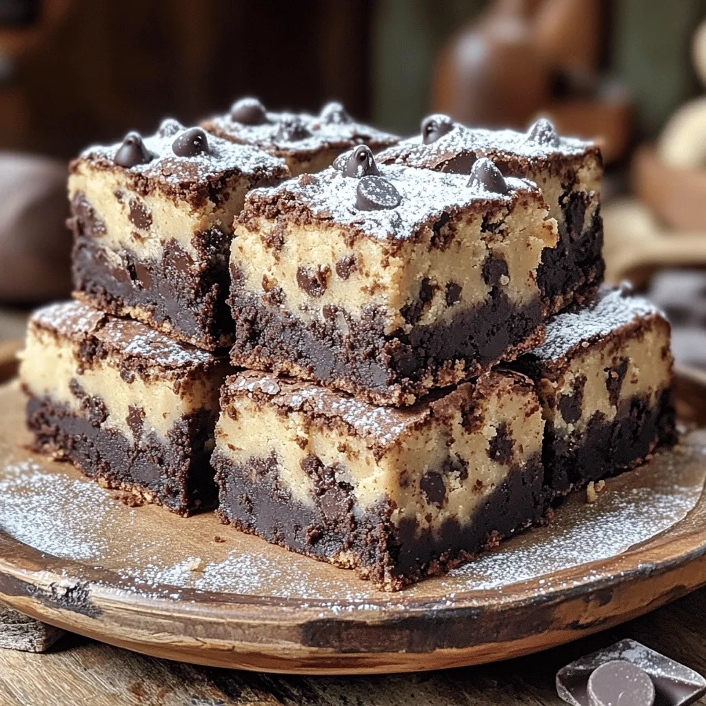 - 1 cup unsalted butter, melted - 2 cups granulated sugar - 1 cup packed brown sugar - 4 large eggs - 2 teaspoons vanilla extract - 1 cup all-purpose flour - 1 cup unsweetened cocoa powder - 1/2 teaspoon baking powder - 1/4 teaspoon salt - 1 cup semi-sweet chocolate chips - 1/2 cup unsalted butter, softened - 3/4 cup granulated sugar - 1/4 cup packed brown sugar - 2 tablespoons milk - 1 teaspoon vanilla extract - 1 cup all-purpose flour - 1/2 cup semi-sweet chocolate chips When making Chocolate Chip Cookie Dough Brownies, you need quality ingredients. The brownie layer starts with melted butter, giving a rich base. Granulated and brown sugars add sweetness and depth. Eggs help bind the mixture, while vanilla adds flavor. Next, all-purpose flour and cocoa powder create that fudgy texture. Baking powder helps the brownies rise, and salt enhances the flavor. Semi-sweet chocolate chips add bursts of chocolate goodness. For the cookie dough layer, softened butter is key. It blends well with both sugars, creating a fluffy mix. Milk and vanilla add moisture and taste. All-purpose flour gives the dough structure, and more chocolate chips make it irresistible. With these ingredients, you craft a dessert that layers rich brownie and sweet cookie dough. You can find the full recipe in the article to make this tasty treat. - Preheat the oven to 350°F (175°C). - Grease a 9x13 inch baking pan and line it with parchment paper. - Combine melted butter, granulated sugar, and brown sugar in a bowl. - Incorporate eggs, one at a time, and stir in vanilla extract. - Gradually add the dry ingredients and fold in chocolate chips. - Cream together softened butter, granulated sugar, and brown sugar until fluffy. - Mix in milk and vanilla extract until smooth and creamy. - Gradually incorporate flour and fold in chocolate chips. - Spread half of the brownie batter in the prepared pan. - Drop spoonfuls of cookie dough evenly over the brownie layer. - Pour the remaining brownie batter over the cookie dough layer. - Bake for 30-35 minutes in the preheated oven. - Use a toothpick to check for doneness; it should have moist crumbs attached. - Allow brownies to cool in the pan for 15 minutes after baking. - Lift out using the parchment paper and cool completely on a wire rack. For the full recipe, check out the detailed instructions above. Enjoy these delicious treats! To get the best texture in your brownies, avoid overmixing the batter. Overmixing can make the brownies tough. Mix just until the dry and wet ingredients blend. For the cookie dough, use room temperature ingredients. This helps the dough come together smoothly and makes it easier to scoop. Serve your brownies on a decorative platter for a lovely look. You can dust the tops with powdered sugar for a sweet touch. Another option is to drizzle melted chocolate over the brownies. This adds style and makes them even more tempting. Always preheat your oven fully before baking. A hot oven ensures even baking. To check if your brownies are done, use a toothpick. Insert it into the center; it should come out with moist crumbs, not wet batter. This trick helps you achieve that perfect bake every time. For the full recipe, check here: [Full Recipe]. {{image_4}} You can easily change the Chocolate Chip Cookie Dough Brownies to fit your needs. Here are some great options: To make these brownies gluten-free, just swap the all-purpose flour for a gluten-free flour blend. Many blends work well. They will still taste amazing, and no one will know! If you want a vegan treat, you can use flax eggs instead of regular eggs. Just mix 1 tablespoon of ground flaxseed with 2.5 tablespoons of water for each egg. You can also use dairy-free butter alternatives to keep it vegan. This way, everyone can enjoy these delicious brownies. You can make your brownies even better by adding different flavors. Try mixing in nuts like walnuts or pecans for some crunch. You can also use white chocolate chips or dark chocolate chips instead of semi-sweet ones. This gives a fun twist to the classic recipe. Store your brownies in an airtight container at room temperature. They stay fresh for up to 5 days. This way, you can enjoy them daily without losing flavor or texture. If you have leftovers, freeze them in an airtight container. They can last for up to 3 months. Just make sure to wrap them well to avoid freezer burn. This method lets you enjoy these treats later without any fuss. To bring back the warm, gooey goodness, warm the brownies in the microwave. Just a few seconds will do the trick. You want them warm, not hot, to keep the texture just right. Yes, you can prepare them a day in advance. Just store them in an airtight container. This helps keep them fresh and ready to enjoy when you are. Look for set edges and a toothpick test for moist crumbs. Insert a toothpick in the center. If it comes out with moist crumbs, they are ready! Yes, there are multiple variations for different dietary needs. You can use gluten-free flour or swap in dairy-free butter. Just make sure to use the same amounts. Use a sharp knife and clean it between cuts for neat squares. This keeps them looking great and makes serving easier! This blog post laid out a simple recipe for delicious brownie-cookie dough bars. You learned how to make both layers, assemble them, and bake them to perfection. I shared tips for the best texture and ways to customize your bars. Finally, I covered storage options and answered common questions. Enjoy baking these treats! You won’t just please your taste buds but also impress your friends and family. Happy baking!