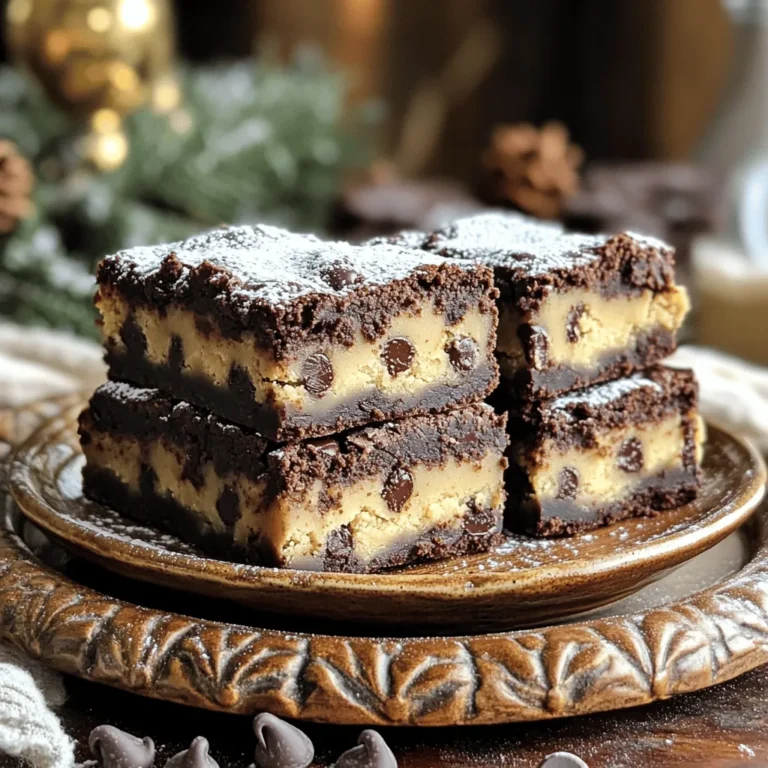 - 1 cup unsalted butter, melted - 2 cups granulated sugar - 1 cup packed brown sugar - 4 large eggs - 2 teaspoons vanilla extract - 1 cup all-purpose flour - 1 cup unsweetened cocoa powder - 1/2 teaspoon baking powder - 1/4 teaspoon salt - 1 cup semi-sweet chocolate chips - 1/2 cup unsalted butter, softened - 3/4 cup granulated sugar - 1/4 cup packed brown sugar - 2 tablespoons milk - 1 teaspoon vanilla extract - 1 cup all-purpose flour - 1/2 cup semi-sweet chocolate chips When making Chocolate Chip Cookie Dough Brownies, you need quality ingredients. The brownie layer starts with melted butter, giving a rich base. Granulated and brown sugars add sweetness and depth. Eggs help bind the mixture, while vanilla adds flavor. Next, all-purpose flour and cocoa powder create that fudgy texture. Baking powder helps the brownies rise, and salt enhances the flavor. Semi-sweet chocolate chips add bursts of chocolate goodness. For the cookie dough layer, softened butter is key. It blends well with both sugars, creating a fluffy mix. Milk and vanilla add moisture and taste. All-purpose flour gives the dough structure, and more chocolate chips make it irresistible. With these ingredients, you craft a dessert that layers rich brownie and sweet cookie dough. You can find the full recipe in the article to make this tasty treat. - Preheat the oven to 350°F (175°C). - Grease a 9x13 inch baking pan and line it with parchment paper. - Combine melted butter, granulated sugar, and brown sugar in a bowl. - Incorporate eggs, one at a time, and stir in vanilla extract. - Gradually add the dry ingredients and fold in chocolate chips. - Cream together softened butter, granulated sugar, and brown sugar until fluffy. - Mix in milk and vanilla extract until smooth and creamy. - Gradually incorporate flour and fold in chocolate chips. - Spread half of the brownie batter in the prepared pan. - Drop spoonfuls of cookie dough evenly over the brownie layer. - Pour the remaining brownie batter over the cookie dough layer. - Bake for 30-35 minutes in the preheated oven. - Use a toothpick to check for doneness; it should have moist crumbs attached. - Allow brownies to cool in the pan for 15 minutes after baking. - Lift out using the parchment paper and cool completely on a wire rack. For the full recipe, check out the detailed instructions above. Enjoy these delicious treats! To get the best texture in your brownies, avoid overmixing the batter. Overmixing can make the brownies tough. Mix just until the dry and wet ingredients blend. For the cookie dough, use room temperature ingredients. This helps the dough come together smoothly and makes it easier to scoop. Serve your brownies on a decorative platter for a lovely look. You can dust the tops with powdered sugar for a sweet touch. Another option is to drizzle melted chocolate over the brownies. This adds style and makes them even more tempting. Always preheat your oven fully before baking. A hot oven ensures even baking. To check if your brownies are done, use a toothpick. Insert it into the center; it should come out with moist crumbs, not wet batter. This trick helps you achieve that perfect bake every time. For the full recipe, check here: [Full Recipe]. {{image_4}} You can easily change the Chocolate Chip Cookie Dough Brownies to fit your needs. Here are some great options: To make these brownies gluten-free, just swap the all-purpose flour for a gluten-free flour blend. Many blends work well. They will still taste amazing, and no one will know! If you want a vegan treat, you can use flax eggs instead of regular eggs. Just mix 1 tablespoon of ground flaxseed with 2.5 tablespoons of water for each egg. You can also use dairy-free butter alternatives to keep it vegan. This way, everyone can enjoy these delicious brownies. You can make your brownies even better by adding different flavors. Try mixing in nuts like walnuts or pecans for some crunch. You can also use white chocolate chips or dark chocolate chips instead of semi-sweet ones. This gives a fun twist to the classic recipe. Store your brownies in an airtight container at room temperature. They stay fresh for up to 5 days. This way, you can enjoy them daily without losing flavor or texture. If you have leftovers, freeze them in an airtight container. They can last for up to 3 months. Just make sure to wrap them well to avoid freezer burn. This method lets you enjoy these treats later without any fuss. To bring back the warm, gooey goodness, warm the brownies in the microwave. Just a few seconds will do the trick. You want them warm, not hot, to keep the texture just right. Yes, you can prepare them a day in advance. Just store them in an airtight container. This helps keep them fresh and ready to enjoy when you are. Look for set edges and a toothpick test for moist crumbs. Insert a toothpick in the center. If it comes out with moist crumbs, they are ready! Yes, there are multiple variations for different dietary needs. You can use gluten-free flour or swap in dairy-free butter. Just make sure to use the same amounts. Use a sharp knife and clean it between cuts for neat squares. This keeps them looking great and makes serving easier! This blog post laid out a simple recipe for delicious brownie-cookie dough bars. You learned how to make both layers, assemble them, and bake them to perfection. I shared tips for the best texture and ways to customize your bars. Finally, I covered storage options and answered common questions. Enjoy baking these treats! You won’t just please your taste buds but also impress your friends and family. Happy baking!