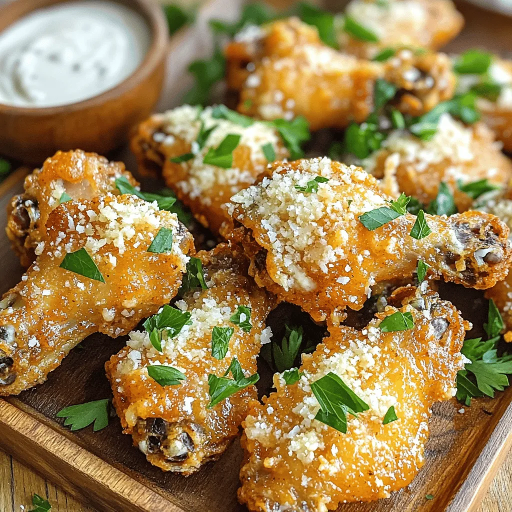 - 2 lbs chicken wings - 1/2 cup unsalted butter, melted - 6 cloves garlic, finely minced The main stars of this dish are the chicken wings. They bring the perfect base for flavor. I love using fresh, high-quality wings for the best taste. Unsalted butter adds richness and helps the garlic shine. Minced garlic is key. It gives that strong, tasty kick. - 1 cup freshly grated Parmesan cheese - 2 tablespoons fresh parsley, finely chopped - 1 teaspoon garlic powder Parmesan cheese adds a salty, nutty flavor that pairs well with the wings. I always use fresh cheese for the best taste and texture. Fresh parsley not only adds color but also a bright flavor. Garlic powder intensifies that garlic taste, making every bite delicious. - 1/2 teaspoon red pepper flakes (optional, for a spicy kick) - 1 teaspoon onion powder - Salt and black pepper to taste For those who like a bit of heat, red pepper flakes are perfect. They add spice without overpowering the dish. Onion powder enhances the savory flavor of the wings. Salt and black pepper are must-haves to bring out all the flavors. If you want to explore more, check out the Full Recipe for more details! - Preheat your oven to 400°F (200°C). - Line a baking tray with parchment paper. This helps with easy cleanup. - In a large bowl, combine melted butter and minced garlic. - Add garlic powder, onion powder, salt, black pepper, and optional red pepper flakes. - Mix until everything is well-blended. The aroma will be amazing! - Toss the chicken wings in the butter-garlic mixture. - Use tongs or your hands to coat each wing evenly. - Arrange the wings on the baking tray in a single layer. - Bake the wings for 40 to 45 minutes, turning them halfway. - While they bake, prepare the garlic Parmesan sauce. - When the wings are golden and crispy, remove them from the oven. - Toss the hot wings in the garlic Parmesan sauce until they are fully coated. - Place the wings back on the baking tray and return them to the oven for 5 to 10 more minutes. - This allows the cheese to melt and stick to the wings. Follow this process to create a batch of mouth-watering wings. For the complete details, check the Full Recipe. To make your wings crispy, space them well on the baking tray. This helps air flow around each wing. When wings are too close, they steam instead of bake. Flipping the wings halfway through cooking is key. This ensures both sides become golden and crunchy. You can play with garlic in this recipe. Add more minced garlic for a stronger taste. For a milder flavor, use less. Spice lovers can adjust the red pepper flakes. A bit more will give you that heat you crave! Plating is important for a great presentation. Serve the wings on a large platter. Add some fresh parsley and a sprinkle of Parmesan on top. This makes the dish look inviting. Consider serving ranch or blue cheese dressing on the side. These dips add a creamy touch that pairs perfectly with the wings. For the complete cooking process, check the Full Recipe. {{image_4}} You can play with flavors to make garlic Parmesan wings even better. One fun option is buffalo garlic Parmesan wings. You get the heat from buffalo sauce and the rich, creamy taste of garlic Parmesan. To try this, mix some buffalo sauce into the garlic butter mix. Toss the wings in this blend and bake as usual. Another way to change up the flavor is by using different herbs and cheeses. You can add fresh basil or thyme for a fresh kick. Try using Pecorino Romano cheese instead of Parmesan for a sharper taste. These simple swaps can take your wings to a new level. You can use different cooking methods to make these wings. If you want crispy wings without deep frying, try the air fryer. Cook them at 375°F (190°C) for about 25 minutes. Flip them halfway for extra crispiness. The air fryer gives you a nice crunch with less oil. You can also grill the wings for a smoky flavor. Marinate the wings in the garlic butter mix before grilling. Grill them over medium heat for about 20 to 25 minutes. This method adds a wonderful char that goes well with the garlic and cheese. If you need gluten-free wings, use gluten-free soy sauce in the garlic butter mix. This small change keeps the flavor while making it safe for gluten-sensitive eaters. For a low-fat version, you can bake the wings without the butter. Instead, use a light oil spray to coat them. You can also skip the cheese or use a low-fat cheese option. This way, you still enjoy wings but with fewer calories. Looking for the full recipe? You can find it above and see how easy it is to make these delicious wings! To store leftover wings, cool them completely first. Place them in an airtight container. This keeps them fresh and avoids any odors from your fridge. You can also use a resealable plastic bag. Make sure to remove as much air as possible. Leftover wings can stay in the fridge for up to three days. For longer storage, freezing wings works well. First, arrange the wings in a single layer on a baking sheet. Freeze them for about an hour. Once frozen, transfer them to a freezer-safe bag. This method helps prevent them from sticking together. You can keep frozen wings for up to three months. To thaw, place them in the fridge overnight. If you're in a hurry, you can also use cold water. Just submerge the sealed bag in cold water for about an hour. The oven is the best way to reheat wings. Preheat your oven to 350°F (175°C). Place the wings on a baking sheet and reheat for about 15-20 minutes. This keeps them crispy. If you're short on time, you can use the microwave. Place the wings on a microwave-safe plate and cover them. Heat in 30-second intervals until warm. Just know that the microwave may make them a bit soggy. For the best results, I recommend the oven. Try these storage tips so you can enjoy your homemade garlic Parmesan wings later! For the complete recipe, check out the Full Recipe. Bake chicken wings for 40 to 45 minutes at 400°F (200°C). This time helps them become golden and crispy. Make sure to turn them halfway for even cooking. Yes, you can use frozen wings. Just add 10 to 15 minutes to the baking time. Ensure they reach an internal temperature of 165°F (74°C) before serving. Serve garlic Parmesan wings with celery sticks, carrot sticks, or a fresh salad. Pair with ranch or blue cheese for dipping. A cold beer or soda complements these wings well. To make crispy wings, space them out on the baking tray. This allows hot air to circulate. Flip them halfway through baking for even crispiness. You can make these wings ahead. Cook them, then store in the fridge for up to two days. To reheat, bake at 350°F (175°C) for 15 to 20 minutes until hot and crispy. This blog post covered how to make tasty garlic Parmesan chicken wings. You learned about the key ingredients, from chicken wings to fresh garlic. I shared step-by-step instructions that make it easy to bake them perfectly. I also included tips for achieving crispiness and fun variations to try. Enjoy making these wings and impressing your friends or family. Whether for game day or a simple dinner, these wings will surely please everyone. Get cooking and savor every bite!