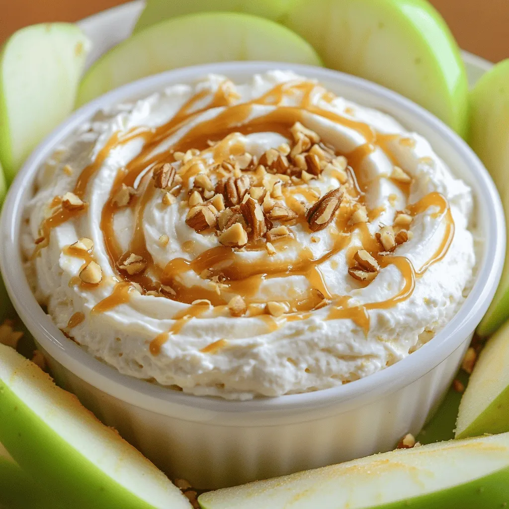 - Apples: I recommend using Granny Smith or Honeycrisp apples. They are crisp and tart, making a great contrast to the sweet dip. - Key components: The dip needs caramel sauce, cream cheese, and brown sugar. These give it a smooth and rich taste. - Optional toppings: You can add chopped nuts, like peanuts, pecans, or walnuts, for crunch. Mini chocolate chips and colorful sprinkles can also add fun and flair. For the full recipe, you can check out the Caramel Apple Dream Dip . It’s simple and quick to make. 1. Mixing the cream cheese and sugar Start with a big bowl. Add 1/2 cup of softened cream cheese and 1/4 cup of brown sugar. Beat them together with an electric mixer. Mix until it is smooth and creamy. You won’t want any lumps in your dip. 2. Incorporating the caramel sauce Next, slowly pour in 1 cup of caramel sauce. Keep mixing until it looks velvety. This makes the dip rich and sweet. You can use store-bought caramel or make your own for a fresh taste. 3. Adding spices and nuts for flavor Now, add 1 teaspoon of vanilla extract and 1/2 teaspoon of ground cinnamon. These ingredients add depth and warmth to your dip. If you like a crunch, fold in 1/4 cup of chopped nuts, like peanuts or pecans. This will give your dip texture and flavor. - How to present the dip Transfer your creamy dip to a nice serving bowl. Use a spatula to smooth the top. Drizzle some extra caramel over the top for a beautiful finish. - Ideal accompaniments for dipping Arrange sliced apple wedges around your dip. Apples like Granny Smith or Honeycrisp work great. You can also use pretzel sticks or graham crackers. These will add variety and fun to your platter. - Creative serving ideas for events For parties, try adding mini chocolate chips or colorful sprinkles on top. This adds a festive look. You can also serve it in small cups for easy grabbing. Everyone will love this treat! Enjoy making your Caramel Apple Dip. For the full recipe, check out the details above. To make the best caramel apple dip, focus on texture. Mix your cream cheese and sugar well. Use an electric mixer for a smooth blend. This helps to avoid lumps and makes the dip creamy. You want a velvety dip that holds together well. When it comes to caramel, you have two choices: homemade or store-bought. Homemade sauce often tastes fresher. It can also be thicker, which gives a richer flavor. Store-bought is quick and easy but check for quality. Pick a brand with natural ingredients for the best taste. Balancing sweetness is key. If your caramel is too sweet, add a pinch of salt. This will enhance the dip's flavor and make it less cloying. Mixing in ground cinnamon also adds depth. It complements the apples and brings a warm taste to the dip. Presentation matters. Use garnishes to make your dip eye-catching. Chopped nuts on top not only add crunch but also color. Mini chocolate chips can add a fun touch. You can even drizzle more caramel over the top for a decadent look. Choose the right serving dish. A wide, shallow bowl works best. It allows for easy access to the dip. Consider using a rustic wooden board for a homey feel. This adds charm and makes your dip stand out. Seasonal themes can elevate your display. In fall, add small pumpkins or leaves around the dip. For spring, use fresh flowers or vibrant fruits. This makes your caramel apple dip a festive treat, perfect for any occasion. For the full recipe, check out the Caramel Apple Dream Dip section. {{image_4}} You can make your caramel apple dip even more fun with different flavors. Here are some ideas: - Cream cheese variations: Try using flavored cream cheeses. You can find options like strawberry or blueberry. These will add a nice twist. - Nutty twists: Experiment with different nuts. Chopped pecans, walnuts, or even peanuts can add crunch and flavor. Choose what you love best. - Alternative sweeteners: If you want healthier options, look for natural sweeteners. Honey or maple syrup can work well in place of regular caramel. You can easily adapt this dip to fit different diets. Here are some tips: - Gluten-free options: Most of the ingredients are gluten-free. Just ensure your caramel sauce is also gluten-free for safe serving. - Vegan adaptations: To make a vegan dip, swap the cream cheese for a plant-based version. There are many tasty options available now. - Low-sugar alternatives: If you're health-conscious, consider using lower-sugar caramel. You can also reduce the brown sugar or skip it altogether. These variations make your caramel apple dip versatile and fun for everyone! For the complete recipe, check the [Full Recipe]. To keep your caramel apple dip fresh, choose a tight container. A glass jar or a plastic container with a lid works well. Make sure to seal it tightly. Your dip can stay fresh in the fridge for about three days. After that, the flavors may fade. If you see any changes in texture or smell, it’s best to toss it out. If you plan a party, you can make the dip a day early. This saves time and lets the flavors mix well. Store it in the fridge in the same container. When you’re ready to serve, just give it a quick stir. If you need to transport the dip, bring it in a cooler. Use ice packs to keep it cold. You can also pack apple wedges or dippers in a separate bag for easy serving. Can I use different fruits for dipping? Yes, you can use many fruits. Pears, bananas, and strawberries work well too. Just slice them into easy-to-dip pieces. This adds fun and variety to your snack! How do I make a healthier version? To make a healthier dip, try these tips: - Use Greek yogurt instead of cream cheese. - Choose a sugar-free caramel sauce. - Add fresh fruit slices as the main feature. These changes keep the taste while lowering calories. Where can I buy pre-made caramel apple dip? You can find pre-made dips at grocery stores. Look in the snack aisle or near the fruit section. Stores like Walmart and Target often carry them. You can also check online for local options. Why is my dip too runny? A runny dip often means too much caramel or not enough cream cheese. Try adding more cream cheese to thicken it. You can also chill the dip for a bit to help firm it up. How can I make the dip less sweet? To reduce sweetness, cut back on caramel sauce. You can also add plain yogurt or cream cheese. A pinch of salt can balance the sweetness too. What to do if the cream cheese won't blend smoothly? If your cream cheese is lumpy, make sure it's at room temperature. This helps it mix well. If it’s still lumpy, try using a hand mixer instead of a spoon. This makes it creamy and smooth. For the full recipe, check out the details above. Caramel apple dip is a fun and tasty treat. We explored its main ingredients, including apples, cream cheese, and caramel. You learned how to prepare and serve it, plus tips for perfecting your dip. We also discussed variations for every taste, including vegan and low-sugar options. Finally, storing leftovers and making the dip ahead of time can make your life easier. Enjoy making this dip at your next gathering, and let your creativity shine through! Your friends and family will love it!