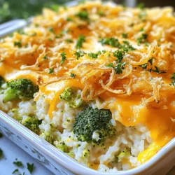 - 2 cups cooked white rice - 3 cups broccoli florets (fresh or frozen) - 1 cup shredded sharp cheddar cheese - 1 cup cream of mushroom soup (or homemade equivalent) - 1/2 cup milk - 1/4 cup grated Parmesan cheese - 1/2 teaspoon garlic powder - 1/2 teaspoon onion powder - Salt and pepper to taste - 1 cup crispy fried onions (for topping) Using precise measurements helps create the best results. For example, if you use too much rice, the casserole may become dry. Too little cheese can lead to a less cheesy flavor. Always level off your measuring cups. If you need to make substitutions for dietary needs, consider using brown rice for a healthier option or a gluten-free cream of mushroom soup. Each serving has about 300 calories. You get around 10 grams of protein and 15 grams of fat. The carbs come mainly from rice and broccoli. This dish is not just tasty but also fills you up. It's a great way to enjoy vegetables in a fun and cheesy way. - Preheat your oven to 350°F (175°C). - Grease a 9x13 inch baking dish. - In a big bowl, mix the cooked rice, broccoli, cheddar cheese, soup, and milk. - Stir until all the ingredients blend well. - Add garlic powder, onion powder, salt, and pepper. Mix well to combine. - Place the casserole in the oven for 30 minutes. Check it halfway to ensure it heats evenly. - After 30 minutes, take it out and sprinkle crispy onions on top. - Return it to the oven for another 10-15 minutes until the onions turn golden brown. - Let it cool for about 5 minutes before serving. This helps the dish set. For the full recipe, check the link above. Enjoy your cheesy broccoli rice casserole! To get your casserole just right, ensure even cooking. Mix all ingredients well. This helps the cheese melt smoothly. After baking, let it rest for about five minutes. This time allows the flavors to blend and the dish to set. Avoid overcooking or undercooking the broccoli. Overcooked broccoli can turn mushy, while undercooked can be tough. Always check the texture before mixing. Also, be careful with ingredient swaps. Using different soups or cheeses can change the flavor. Stick to the recipe for best results. You can boost the flavor with spices or herbs. A dash of paprika adds warmth, while thyme can bring freshness. Mixing different cheeses also creates a unique taste. Try adding mozzarella for creaminess or pepper jack for spice. Experimenting can lead to delightful surprises! {{image_4}} You can make this dish healthier with just a few swaps. - Use brown rice or quinoa instead of white rice. These grains add fiber and nutrients. - Opt for low-fat cheese or plant-based options. This change cuts calories but keeps flavor. Adding proteins or new veggies can change the taste. - Add chicken or tofu for a protein boost. It makes the dish more filling and tasty. - Try different veggie mix-ins. Carrots, bell peppers, or peas can add color and crunch. You can change this casserole with seasonal veggies. - Use what is fresh in your area. Asparagus in spring or squash in fall can add unique flavors. - Adapt the recipe for holidays, like adding cranberries for Thanksgiving. This twist makes your casserole special for any occasion. For the full recipe, refer to the section above. After you enjoy your cheesy broccoli rice casserole, store leftovers in the fridge. Use an airtight container to keep the dish fresh. Aim to refrigerate within two hours of cooking. This helps keep harmful bacteria at bay. When reheating, use your oven or microwave. For the oven, heat to 350°F (175°C) and warm for about 15-20 minutes. In the microwave, heat in short bursts. Stir between intervals to ensure even warming. You can freeze the casserole before or after baking. If you freeze it before baking, assemble the dish and wrap it tightly with plastic wrap. Then, cover it with foil to prevent freezer burn. If you freeze it after baking, let it cool first. Transfer it to a freezer-safe container. To thaw, place it in the fridge overnight. For reheating, bake from frozen at 350°F (175°C) for about 45-60 minutes. Check that it is hot all the way through before serving. In the fridge, the leftovers last about 3-5 days. Always check for signs of spoilage. If you see mold or the smell is off, throw it away. If the casserole seems dry or has changed color, these are also signs it has gone bad. It's best to be safe with food storage! You can use several options. One choice is cream of chicken soup. Another is cream of celery soup. You can also make a homemade version. Just mix milk, flour, and sautéed mushrooms. This gives a fresh taste without canned soup. Yes, you can prepare it in advance. Mix all ingredients and store in the fridge. Just cover the dish tightly with plastic wrap. When ready to bake, add about 10 more minutes to the cooking time. This way, it stays delicious and fresh. Absolutely! Use gluten-free cream of mushroom soup. You can find many brands at stores. Also, check your rice for gluten-free labels. This helps keep the dish safe for those who avoid gluten. There are many easy ideas. Substitute cream of mushroom soup with a vegetable version. You can also add more veggies like carrots or bell peppers. These will add flavor and texture. Consider adding cooked lentils or chickpeas for extra protein. This keeps it filling and meatless. This blog post covered a delicious Cheesy Broccoli Rice Casserole. We discussed the main ingredients, helpful measurement tips, and nutritional information. You learned step-by-step instructions for preparation, baking, and how to avoid common mistakes. We explored variations, storage options, and answered frequent questions. In closing, this dish is flexible and easy to make. Use it as a base and personalize it to your taste. Enjoy creating your own version of this comforting casserole. Happy cooking!