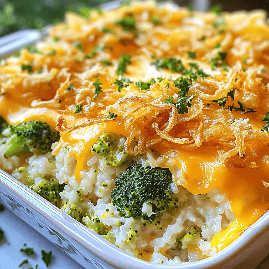 - 2 cups cooked white rice - 3 cups broccoli florets (fresh or frozen) - 1 cup shredded sharp cheddar cheese - 1 cup cream of mushroom soup (or homemade equivalent) - 1/2 cup milk - 1/4 cup grated Parmesan cheese - 1/2 teaspoon garlic powder - 1/2 teaspoon onion powder - Salt and pepper to taste - 1 cup crispy fried onions (for topping) Using precise measurements helps create the best results. For example, if you use too much rice, the casserole may become dry. Too little cheese can lead to a less cheesy flavor. Always level off your measuring cups. If you need to make substitutions for dietary needs, consider using brown rice for a healthier option or a gluten-free cream of mushroom soup. Each serving has about 300 calories. You get around 10 grams of protein and 15 grams of fat. The carbs come mainly from rice and broccoli. This dish is not just tasty but also fills you up. It's a great way to enjoy vegetables in a fun and cheesy way. - Preheat your oven to 350°F (175°C). - Grease a 9x13 inch baking dish. - In a big bowl, mix the cooked rice, broccoli, cheddar cheese, soup, and milk. - Stir until all the ingredients blend well. - Add garlic powder, onion powder, salt, and pepper. Mix well to combine. - Place the casserole in the oven for 30 minutes. Check it halfway to ensure it heats evenly. - After 30 minutes, take it out and sprinkle crispy onions on top. - Return it to the oven for another 10-15 minutes until the onions turn golden brown. - Let it cool for about 5 minutes before serving. This helps the dish set. For the full recipe, check the link above. Enjoy your cheesy broccoli rice casserole! To get your casserole just right, ensure even cooking. Mix all ingredients well. This helps the cheese melt smoothly. After baking, let it rest for about five minutes. This time allows the flavors to blend and the dish to set. Avoid overcooking or undercooking the broccoli. Overcooked broccoli can turn mushy, while undercooked can be tough. Always check the texture before mixing. Also, be careful with ingredient swaps. Using different soups or cheeses can change the flavor. Stick to the recipe for best results. You can boost the flavor with spices or herbs. A dash of paprika adds warmth, while thyme can bring freshness. Mixing different cheeses also creates a unique taste. Try adding mozzarella for creaminess or pepper jack for spice. Experimenting can lead to delightful surprises! {{image_4}} You can make this dish healthier with just a few swaps. - Use brown rice or quinoa instead of white rice. These grains add fiber and nutrients. - Opt for low-fat cheese or plant-based options. This change cuts calories but keeps flavor. Adding proteins or new veggies can change the taste. - Add chicken or tofu for a protein boost. It makes the dish more filling and tasty. - Try different veggie mix-ins. Carrots, bell peppers, or peas can add color and crunch. You can change this casserole with seasonal veggies. - Use what is fresh in your area. Asparagus in spring or squash in fall can add unique flavors. - Adapt the recipe for holidays, like adding cranberries for Thanksgiving. This twist makes your casserole special for any occasion. For the full recipe, refer to the section above. After you enjoy your cheesy broccoli rice casserole, store leftovers in the fridge. Use an airtight container to keep the dish fresh. Aim to refrigerate within two hours of cooking. This helps keep harmful bacteria at bay. When reheating, use your oven or microwave. For the oven, heat to 350°F (175°C) and warm for about 15-20 minutes. In the microwave, heat in short bursts. Stir between intervals to ensure even warming. You can freeze the casserole before or after baking. If you freeze it before baking, assemble the dish and wrap it tightly with plastic wrap. Then, cover it with foil to prevent freezer burn. If you freeze it after baking, let it cool first. Transfer it to a freezer-safe container. To thaw, place it in the fridge overnight. For reheating, bake from frozen at 350°F (175°C) for about 45-60 minutes. Check that it is hot all the way through before serving. In the fridge, the leftovers last about 3-5 days. Always check for signs of spoilage. If you see mold or the smell is off, throw it away. If the casserole seems dry or has changed color, these are also signs it has gone bad. It's best to be safe with food storage! You can use several options. One choice is cream of chicken soup. Another is cream of celery soup. You can also make a homemade version. Just mix milk, flour, and sautéed mushrooms. This gives a fresh taste without canned soup. Yes, you can prepare it in advance. Mix all ingredients and store in the fridge. Just cover the dish tightly with plastic wrap. When ready to bake, add about 10 more minutes to the cooking time. This way, it stays delicious and fresh. Absolutely! Use gluten-free cream of mushroom soup. You can find many brands at stores. Also, check your rice for gluten-free labels. This helps keep the dish safe for those who avoid gluten. There are many easy ideas. Substitute cream of mushroom soup with a vegetable version. You can also add more veggies like carrots or bell peppers. These will add flavor and texture. Consider adding cooked lentils or chickpeas for extra protein. This keeps it filling and meatless. This blog post covered a delicious Cheesy Broccoli Rice Casserole. We discussed the main ingredients, helpful measurement tips, and nutritional information. You learned step-by-step instructions for preparation, baking, and how to avoid common mistakes. We explored variations, storage options, and answered frequent questions. In closing, this dish is flexible and easy to make. Use it as a base and personalize it to your taste. Enjoy creating your own version of this comforting casserole. Happy cooking!