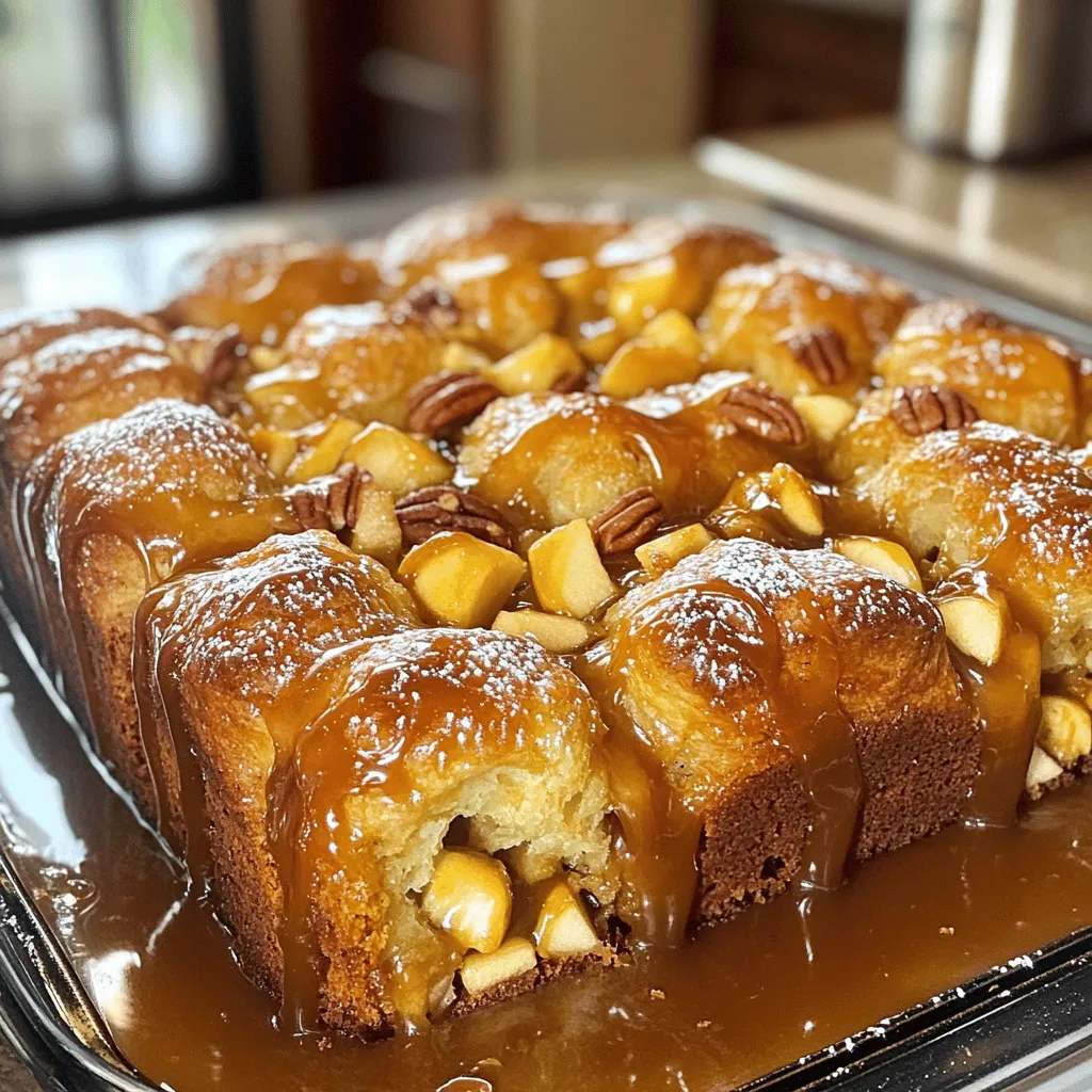For the perfect Caramel Apple Monkey Bread, you need: - 2 cans (16 oz each) refrigerated biscuit dough - 1 cup granulated sugar - 1 tablespoon ground cinnamon - 1/2 cup unsalted butter, melted - 2 apples (Granny Smith or Honeycrisp), peeled, cored, and diced - 1 cup caramel sauce (store-bought or homemade) - 1/2 cup chopped pecans or walnuts (optional) - Powdered sugar, for dusting If you need gluten-free options, you can swap the biscuit dough for gluten-free dough. Make sure the caramel sauce is also gluten-free. You can add a twist to your monkey bread by including different nuts or fruits. Try: - Chopped hazelnuts or almonds for a nutty crunch - Diced pears or peaches for a fruity flavor For caramel sauce, you can use: - Salted caramel for a sweet and salty mix - Chocolate caramel sauce for an indulgent treat These options can make your Caramel Apple Monkey Bread even more delightful! Start by preheating your oven to 350°F (175°C). This is key for perfect baking. Next, grease a bundt pan well with non-stick cooking spray. This helps the monkey bread come out easily later. In a large bowl, mix 1 cup of granulated sugar with 1 tablespoon of ground cinnamon. Stir it until it blends well. Open both cans of refrigerated biscuit dough. Cut each biscuit into quarters. Toss these biscuit pieces into the cinnamon sugar mix until they are fully coated. This step brings out that sweet flavor. Now it’s time to layer the ingredients. Place half of the coated biscuit pieces in the bottom of the greased bundt pan. Spread them evenly to form the first layer. Next, add half of the diced apples on top of the biscuit layer. Make sure to distribute them evenly. If you chose to use nuts, sprinkle half of the chopped pecans or walnuts over the apples. Drizzle about 1/4 cup of caramel sauce over this first layer. This will make each bite rich and tasty. Repeat the layering with the remaining biscuit pieces, apples, and nuts. Drizzle more caramel sauce on top again. This ensures every layer is sweet and gooey. Place the bundt pan in your preheated oven and bake for 30-35 minutes. You’ll know it’s done when the top is golden brown and a toothpick comes out clean. This means the biscuits are fully cooked. Once baked, take it out and let it cool in the pan for about 10 minutes. This helps it set. To serve, gently invert the bundt pan onto a plate. Carefully lift off the pan. Drizzle any remaining caramel sauce over the top. A light dusting of powdered sugar adds a sweet finish. For the full recipe, refer to the section above. Enjoy every bite of your warm and delicious caramel apple monkey bread! To avoid soggy bread, make sure to coat the biscuit pieces well. The sugar mix helps absorb moisture. Layering is key. Place those biscuit pieces in a single layer in the pan. This keeps the air flowing during baking. For even baking, rotate the pan halfway through. This ensures all parts get the same heat. Keep an eye on the color. The top should turn golden brown. If it looks too dark, cover it with foil. Garnishing can make your monkey bread stand out. I love adding extra diced apples on top. A dollop of whipped cream also adds sweetness. Pair your monkey bread with warm apple cider or a cup of coffee. You could also serve it with vanilla ice cream on the side for a special touch. These drinks enhance the flavors and create a fun experience. Enjoy your Caramel Apple Monkey Bread with family and friends! For the complete recipe, check out the [Full Recipe]. {{image_4}} To elevate your caramel apple monkey bread, try adding different spices. Nutmeg and allspice can add warmth and depth. A pinch of vanilla extract also enhances the flavor. You can switch up the fruit too. Instead of apples, use pears or bananas for a fresh twist. Both fruits add sweetness and moisture. If you want a vegan version, replace the butter with coconut oil. Use plant-based milk in place of regular milk in your caramel sauce. For gluten-free options, choose gluten-free biscuit dough. This way, everyone can enjoy this sweet treat without worry. Just ensure all other ingredients are also gluten-free. To keep your Caramel Apple Monkey Bread fresh, store it in an airtight container. This helps prevent it from drying out. If you have leftovers, let them cool first. Then, wrap them tightly in plastic wrap before placing them in the container. You can also use aluminum foil for extra protection. When reheating, preheat your oven to 350°F (175°C). Place the monkey bread in an oven-safe dish. Cover it with foil to keep it moist. Heat for about 10-15 minutes or until warm. This method helps maintain the soft texture and gooey caramel. Avoid using the microwave, as it can make the bread tough. In the fridge, your monkey bread can last up to 3 days. Make sure it remains covered to avoid drying out. If you want to keep it longer, freeze it. Wrap the bread in plastic wrap and then in foil. It can last for about 2 months in the freezer. Watch for signs of spoilage, like a sour smell or mold. If you see any signs, it's best to throw it away. Keeping track of storage times helps you enjoy this treat at its best! Monkey bread is a sweet pull-apart bread. It comes from the United States. The dish gets its name from how people tear it apart. You can enjoy it warm or at room temperature. Many families serve it at brunch or special occasions. It often includes dough pieces coated in cinnamon and sugar. Yes, you can prepare this recipe ahead of time. You can assemble the monkey bread and store it in the fridge. Cover the bundt pan with plastic wrap. Bake it the next day. Just remember to let it sit at room temperature for about 30 minutes before baking. This allows for even cooking. You can also refrigerate leftovers for up to three days. Caramel Apple Monkey Bread pairs well with many things. Consider serving it with a scoop of vanilla ice cream. The cold ice cream complements the warm bread. You can also serve it with fresh fruit, like berries or sliced bananas. For drinks, consider coffee or warm apple cider. These choices enhance the flavors and make your meal memorable. This blog post covered the essential ingredients and easy steps to make monkey bread. You learned how to layer, bake, and store it well. We shared tips, variations, and serving ideas to make your dish the best. Monkey bread is fun to share with others. You can switch ingredients to fit your taste. With these tips, your caramel apple monkey bread will impress everyone! Enjoy making this delightful dish and happy baking!