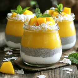 - 1 cup canned or carton coconut milk - 1/2 cup almond milk (or any milk of your choice) - 1/4 cup chia seeds - 2 tablespoons maple syrup (or honey, for sweetness) - 1 teaspoon pure vanilla extract - 1 ripe mango, diced into small cubes - 1/4 cup shredded coconut (unsweetened for a healthier option) - Fresh mint leaves for garnish To make mango coconut chia pudding, gather these ingredients. Start with coconut milk. It gives a creamy base and rich flavor. Almond milk adds a nice touch of nuttiness. You can use any milk you like, though. Next, grab chia seeds. They are tiny but mighty. They soak up liquid and form a gel-like texture. This is what makes the pudding thick and smooth. For sweetness, you have options. Use maple syrup for a plant-based touch. Honey works great too if you are not vegan. Pure vanilla extract adds depth to the flavor. Just a teaspoon will brighten everything up. Then, pick a ripe mango. The mango gives a burst of fresh fruit flavor. Dice it into small cubes for easy eating. Shredded coconut brings in a tropical crunch. Unsweetened is best for a healthier choice. Finally, fresh mint leaves will garnish your pudding. They add color and a fresh aroma. Now you have everything you need for this fun and tasty recipe! 1. Mixing the liquid ingredients Start by pouring 1 cup of coconut milk and 1/2 cup of almond milk into a medium bowl. Add 2 tablespoons of maple syrup and 1 teaspoon of vanilla extract. Use a whisk to blend everything until smooth. You want all the flavors mixed well. 2. Incorporating chia seeds Gradually add 1/4 cup of chia seeds to the liquid mixture. Stir continuously to keep the seeds from clumping together. This step is important! Chia seeds will absorb the liquid and help create that creamy texture. 3. Chilling the mixture Cover the bowl tightly with plastic wrap or pour the mixture into a lidded jar. Place it in the fridge for at least 4 hours, or better yet, overnight. This resting time allows the chia seeds to swell, creating a thick pudding that’s ready for the next step. 1. Portioning and garnishing Once chilled, take the pudding out of the fridge and stir it well. Spoon the pudding into individual bowls or glasses. For a tasty touch, top each one with diced mango. You can add a sprinkle of shredded coconut on top for extra flavor and crunch. 2. Creative serving ideas Want to impress? Serve the pudding in clear cups to show off the layers. You can also add other fruits, like berries or bananas, for a mix of flavors. Fresh mint leaves make a great garnish, adding both color and a nice scent. For the complete recipe, check out the Full Recipe section. For the best mango coconut chia pudding, chilling is key. I recommend chilling the mixture for at least 4 hours. For a creamier pudding, letting it sit overnight works wonders. The chia seeds soak up the milk, creating a thick texture. If you find the pudding too thick, add a splash of milk. Stir it in until you reach your desired creaminess. Adding extra fruit can make this dish even better. Sliced bananas, berries, or kiwi are great choices. You can also try different sweeteners. If you want a low-calorie option, use stevia. Honey or agave nectar works well too. Mix and match to find your favorite flavor combo. You can explore more ideas in the Full Recipe. {{image_4}} You can change the milk in this recipe to suit your taste. If you want a different flavor, try oat milk or soy milk. Both options add a nice twist to the pudding. These milks have a creamy texture and blend well with chia seeds. If you want a nut-free option, coconut milk and oat milk pair nicely together. This keeps the tropical vibe while making it suitable for more people. While mango is delicious, you can swap it for other fruits. Try using ripe bananas, berries, or even peaches. Each of these fruits adds its unique taste. You can also mix fruits for a fun twist. If you want to spice things up, consider adding cinnamon or nutmeg. A few drops of almond or coconut extract can enhance the flavor too. These small changes can create a whole new pudding experience. For the full recipe, don’t forget to check out the steps above. Enjoy your mango coconut chia pudding! To keep your Mango Coconut Chia Pudding fresh, store it in the fridge. Use a sealed container or cover the bowl tightly. This keeps out air and moisture. The pudding can soak up flavors, so avoid strong-smelling food nearby. Your chia pudding lasts for about five days in the fridge. For the best taste, eat it within three days. After that, the pudding may lose creaminess and flavor. If you notice any odd smell or texture, it’s best to toss it. Enjoy it fresh for the best experience! For the full recipe, check out the earlier section. How long can I store Mango Coconut Chia Pudding? You can store this pudding in the fridge for up to five days. Keep it in an airtight container to maintain freshness. Can I make this recipe vegan? Yes! This recipe is vegan-friendly. Just use maple syrup instead of honey, and you're good to go. What are the health benefits of chia seeds? Chia seeds are high in fiber, protein, and omega-3 fatty acids. They help with digestion and keep you full longer. Can I use fresh mango instead of diced? Absolutely! Fresh mango adds great flavor. Just chop it into small pieces to mix in. How to troubleshoot clumping chia seeds? To avoid clumps, stir the chia seeds into the liquid slowly. This helps them spread out evenly as they soak. For more tips, check out the Full Recipe. This blog post covered how to make Mango Coconut Chia Pudding step-by-step. We detailed the key ingredients and their benefits, like coconut milk and chia seeds. I shared tips to achieve the right texture and enhance flavors. You learned about serving ideas and storage practices to keep your pudding fresh. In closing, this dish is nutritious and customizable. Enjoy experimenting with different fruits and flavors. You'll find a version you love!