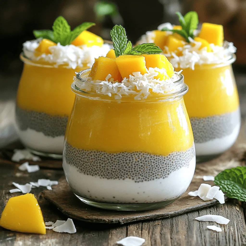- 1 cup canned or carton coconut milk - 1/2 cup almond milk (or any milk of your choice) - 1/4 cup chia seeds - 2 tablespoons maple syrup (or honey, for sweetness) - 1 teaspoon pure vanilla extract - 1 ripe mango, diced into small cubes - 1/4 cup shredded coconut (unsweetened for a healthier option) - Fresh mint leaves for garnish To make mango coconut chia pudding, gather these ingredients. Start with coconut milk. It gives a creamy base and rich flavor. Almond milk adds a nice touch of nuttiness. You can use any milk you like, though. Next, grab chia seeds. They are tiny but mighty. They soak up liquid and form a gel-like texture. This is what makes the pudding thick and smooth. For sweetness, you have options. Use maple syrup for a plant-based touch. Honey works great too if you are not vegan. Pure vanilla extract adds depth to the flavor. Just a teaspoon will brighten everything up. Then, pick a ripe mango. The mango gives a burst of fresh fruit flavor. Dice it into small cubes for easy eating. Shredded coconut brings in a tropical crunch. Unsweetened is best for a healthier choice. Finally, fresh mint leaves will garnish your pudding. They add color and a fresh aroma. Now you have everything you need for this fun and tasty recipe! 1. Mixing the liquid ingredients Start by pouring 1 cup of coconut milk and 1/2 cup of almond milk into a medium bowl. Add 2 tablespoons of maple syrup and 1 teaspoon of vanilla extract. Use a whisk to blend everything until smooth. You want all the flavors mixed well. 2. Incorporating chia seeds Gradually add 1/4 cup of chia seeds to the liquid mixture. Stir continuously to keep the seeds from clumping together. This step is important! Chia seeds will absorb the liquid and help create that creamy texture. 3. Chilling the mixture Cover the bowl tightly with plastic wrap or pour the mixture into a lidded jar. Place it in the fridge for at least 4 hours, or better yet, overnight. This resting time allows the chia seeds to swell, creating a thick pudding that’s ready for the next step. 1. Portioning and garnishing Once chilled, take the pudding out of the fridge and stir it well. Spoon the pudding into individual bowls or glasses. For a tasty touch, top each one with diced mango. You can add a sprinkle of shredded coconut on top for extra flavor and crunch. 2. Creative serving ideas Want to impress? Serve the pudding in clear cups to show off the layers. You can also add other fruits, like berries or bananas, for a mix of flavors. Fresh mint leaves make a great garnish, adding both color and a nice scent. For the complete recipe, check out the Full Recipe section. For the best mango coconut chia pudding, chilling is key. I recommend chilling the mixture for at least 4 hours. For a creamier pudding, letting it sit overnight works wonders. The chia seeds soak up the milk, creating a thick texture. If you find the pudding too thick, add a splash of milk. Stir it in until you reach your desired creaminess. Adding extra fruit can make this dish even better. Sliced bananas, berries, or kiwi are great choices. You can also try different sweeteners. If you want a low-calorie option, use stevia. Honey or agave nectar works well too. Mix and match to find your favorite flavor combo. You can explore more ideas in the Full Recipe. {{image_4}} You can change the milk in this recipe to suit your taste. If you want a different flavor, try oat milk or soy milk. Both options add a nice twist to the pudding. These milks have a creamy texture and blend well with chia seeds. If you want a nut-free option, coconut milk and oat milk pair nicely together. This keeps the tropical vibe while making it suitable for more people. While mango is delicious, you can swap it for other fruits. Try using ripe bananas, berries, or even peaches. Each of these fruits adds its unique taste. You can also mix fruits for a fun twist. If you want to spice things up, consider adding cinnamon or nutmeg. A few drops of almond or coconut extract can enhance the flavor too. These small changes can create a whole new pudding experience. For the full recipe, don’t forget to check out the steps above. Enjoy your mango coconut chia pudding! To keep your Mango Coconut Chia Pudding fresh, store it in the fridge. Use a sealed container or cover the bowl tightly. This keeps out air and moisture. The pudding can soak up flavors, so avoid strong-smelling food nearby. Your chia pudding lasts for about five days in the fridge. For the best taste, eat it within three days. After that, the pudding may lose creaminess and flavor. If you notice any odd smell or texture, it’s best to toss it. Enjoy it fresh for the best experience! For the full recipe, check out the earlier section. How long can I store Mango Coconut Chia Pudding? You can store this pudding in the fridge for up to five days. Keep it in an airtight container to maintain freshness. Can I make this recipe vegan? Yes! This recipe is vegan-friendly. Just use maple syrup instead of honey, and you're good to go. What are the health benefits of chia seeds? Chia seeds are high in fiber, protein, and omega-3 fatty acids. They help with digestion and keep you full longer. Can I use fresh mango instead of diced? Absolutely! Fresh mango adds great flavor. Just chop it into small pieces to mix in. How to troubleshoot clumping chia seeds? To avoid clumps, stir the chia seeds into the liquid slowly. This helps them spread out evenly as they soak. For more tips, check out the Full Recipe. This blog post covered how to make Mango Coconut Chia Pudding step-by-step. We detailed the key ingredients and their benefits, like coconut milk and chia seeds. I shared tips to achieve the right texture and enhance flavors. You learned about serving ideas and storage practices to keep your pudding fresh. In closing, this dish is nutritious and customizable. Enjoy experimenting with different fruits and flavors. You'll find a version you love!