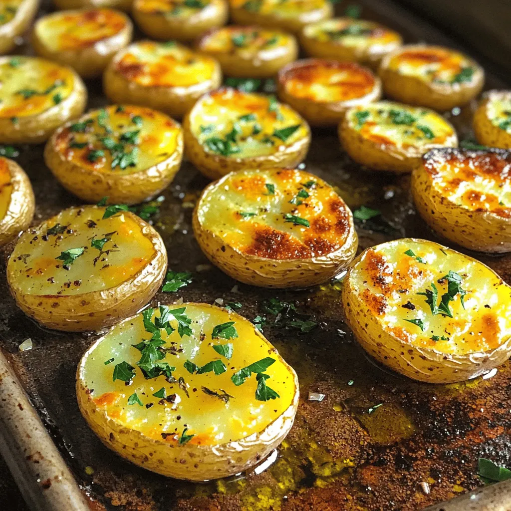 - 2 pounds baby potatoes, halved - 4 cloves of garlic, finely minced - 3 tablespoons extra virgin olive oil - 1 teaspoon dried thyme - 1 teaspoon dried rosemary - 1 teaspoon smoked paprika - Salt and freshly cracked black pepper, to taste - Fresh parsley, chopped (for garnish) Choosing the right type of potatoes: I recommend using baby potatoes. They are small, tender, and cook evenly. You can also use Yukon Gold or red potatoes for a nice texture. Fresh versus dried herbs: Fresh herbs bring bright flavors, but dried herbs are great too. For this recipe, feel free to use either. If you use fresh, double the amount for a richer taste. Importance of quality olive oil: Always go for high-quality extra virgin olive oil. It adds a lovely flavor and helps the potatoes crisp up nicely. The oil should be fresh and fruity. This is key to achieving that perfect roasted taste. For the full recipe, you can find it detailed above. - Preheat your oven to 425°F (220°C). This heat helps create crispy edges. - Rinse the baby potatoes under cold water. Halve each potato for even cooking. - In a big bowl, add the halved potatoes, minced garlic, and olive oil. - Sprinkle in the thyme, rosemary, smoked paprika, salt, and pepper. - Use your hands to mix well. Coat each potato evenly with the tasty mix. - Spread the coated potatoes on a baking sheet in a single layer. - Leave some space between them for air to flow. This helps them get crispy. - Place the baking sheet in the oven. Roast the potatoes for 25-30 minutes. - Flip them halfway through. This ensures they brown nicely on all sides. - Once golden and crispy, take them out. They should be soft inside and crunchy outside. Enjoy these garlic herb roasted potatoes as a perfect side dish or snack. For the full recipe, check out the section above. Choose the right potatoes for roasting. I suggest using baby potatoes for their small size and tender skin. They cook evenly and give a great texture. Red or Yukon Gold potatoes are also excellent choices. These varieties have a creamy inside and crisp skin. To avoid mushy potatoes, do not overcook them. Make sure they are firm when poked with a fork. To make these potatoes even tastier, consider adding extra seasonings. Lemon zest gives a bright note. Grated parmesan adds a savory touch. You can also mix in some chili flakes for heat. Adjust the seasoning to your taste. Start with the suggested amounts, then taste and add more if needed. For crispy potatoes, follow some key techniques. First, make sure to preheat your oven well. A hot oven helps achieve that golden crust. Spread the potatoes out on the baking sheet. Leave space between each one. This allows the hot air to circulate and crisp them up. Flip the potatoes halfway through cooking for even browning. Enjoy these garlic herb roasted potatoes as a great side dish with any meal. For the full recipe, click [Full Recipe]. {{image_4}} You can play with herbs in this recipe. Try using fresh basil, oregano, or dill instead of thyme and rosemary. Each herb brings its own flavor. You can also mix herbs for a deeper taste. For a fun twist, add a pinch of cumin or curry powder for fusion flavors. These spices give a unique spin to your potatoes. You can make your dish even better by adding other veggies. Carrots and bell peppers work well. Just chop them into bite-sized pieces. Mix them with the potatoes and adjust the cooking time. If you add softer vegetables, check them earlier to avoid mushiness. This way, everything cooks evenly and tastes great. This recipe is already vegan and gluten-free. You can serve it with a side of hummus or a fresh salad for a full meal. If you want a creamy dip, try a vegan yogurt sauce. It complements the crispy potatoes well. This keeps your meal tasty and meets dietary needs. To store leftovers, let the roasted potatoes cool. Place them in an airtight container. This helps keep them fresh. Glass or plastic containers work well. Make sure to seal them tightly. You can reheat garlic herb roasted potatoes in three ways: oven, microwave, or skillet. - Oven: Preheat your oven to 375°F (190°C). Spread the potatoes on a baking sheet. Heat for about 10-15 minutes until warm and crispy. - Microwave: Place the potatoes on a microwave-safe plate. Heat in 30-second intervals. Check often to avoid overcooking. - Skillet: Heat a little olive oil in a skillet over medium heat. Add the potatoes and cook for about 5-7 minutes. Stir to get all sides crispy. To keep the flavor and texture, avoid microwaving for too long. Garlic herb roasted potatoes last about 3-5 days in the fridge. Store in an airtight container to maintain freshness. Watch for signs of spoilage. If you see mold or smell an off odor, it’s time to toss them. Always trust your senses! To get that perfect crunch, follow these tips: - Choose small potatoes. Baby potatoes roast better and cook evenly. - Cut them in half for more surface area. This helps them crisp up. - Use enough oil. The oil helps the potatoes brown and adds flavor. - Spread them out on the baking sheet. Leave space between each potato for airflow. - Flip them halfway. This ensures they brown on all sides. - Roast at high heat, like 425°F (220°C). The hot air makes them crispy. Yes, you can prep these potatoes ahead of time. Here’s how: - Wash and cut the potatoes. Store them in cold water to prevent browning. - Mix the oil and seasonings. Keep them separate until you’re ready to cook. - You can toss the potatoes in oil and herbs a few hours before roasting. - Store them in the fridge. Just remember to bring them back to room temp before cooking. These potatoes pair well with many dishes. Here are some great ideas: - Serve them alongside grilled meats like chicken or steak. - They go well with roasted vegetables for a colorful plate. - Add a zesty salad to balance the flavors. - Enjoy them as a snack with a dip. They are tasty on their own! For the full recipe, check out the [Full Recipe]. In this post, we explored how to make garlic herb roasted potatoes. We covered the best ingredients, cooking methods, and tips for great flavor and texture. Remember, choosing quality potatoes and fresh herbs makes a big difference. You can add your twist with various seasonings or vegetables. Proper storage ensures your leftovers stay fresh. Follow these steps, and you’ll enjoy a tasty dish every time. Happy cooking!