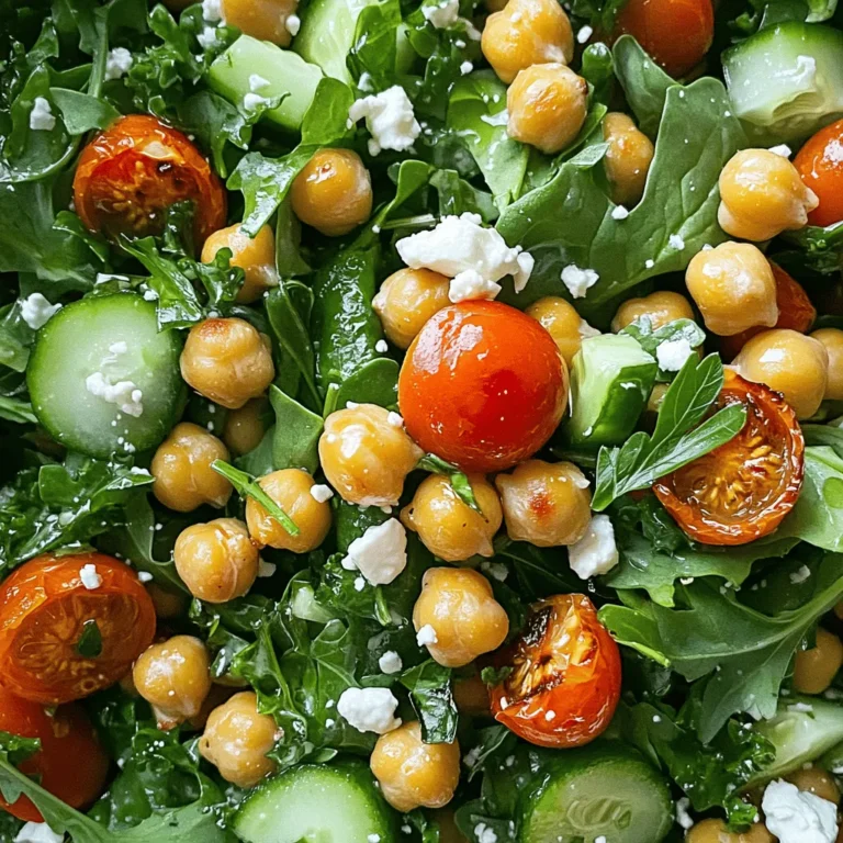 - 1 can (15 oz) chickpeas, thoroughly drained and rinsed - 4 cups fresh mixed greens (spinach, arugula, and kale) - 1 cup cherry tomatoes, halved - 1 cucumber, diced - 1/4 red onion, thinly sliced - 1/4 cup feta cheese, crumbled (optional) - 2 tablespoons high-quality olive oil - 1 teaspoon smoked paprika - 1 teaspoon garlic powder - 1/2 teaspoon ground cumin - Salt and freshly ground black pepper to taste - Juice of 1 fresh lemon - 1 tablespoon balsamic vinegar - Fresh herbs (parsley or cilantro) for garnish To create a crispy chickpea salad, you need great ingredients. Start with a can of chickpeas. Rinse them well; this removes excess salt. Next, gather fresh mixed greens. I love using spinach, arugula, and kale for texture and flavor. Don’t forget the veggies! Cherry tomatoes add sweetness, while cucumber gives a nice crunch. Thinly sliced red onion adds a sharp bite. If you like cheese, feta is a top choice for creaminess. For the seasoning, quality olive oil is key. Smoked paprika brings depth, while garlic powder adds a nice kick. Ground cumin gives an earthy flavor. Salt and pepper to taste will enhance everything. For the dressing, use juice from a fresh lemon for brightness. Balsamic vinegar adds tang. Finally, I recommend fresh herbs as a garnish. They make your salad pop in color and flavor. This combination of ingredients will create a fresh, healthy delight with every bite. Check out the Full Recipe for step-by-step guidance on how to prepare this dish! - Preheat oven to 400°F (200°C). - Pat chickpeas dry with a paper towel to ensure crispiness. - Mix chickpeas with oil and spices in a bowl. To start, you need to preheat your oven. Set it to a hot 400°F (200°C). This heat will help the chickpeas get nice and crispy. Next, take your can of chickpeas. Drain them well in a colander and rinse under cold water. After that, grab a clean paper towel. Pat the chickpeas dry as much as you can. This step is key for that perfect crunch! Now, it's time to add flavor. In a mixing bowl, combine the dry chickpeas with 2 tablespoons of olive oil. Then, sprinkle in 1 teaspoon of smoked paprika, 1 teaspoon of garlic powder, and 1/2 teaspoon of ground cumin. Don't forget to add salt and black pepper to taste. Mix everything well until the chickpeas look coated in the spice mix. - Spread seasoned chickpeas on a lined baking sheet. - Roast in the oven for 25-30 minutes, stirring halfway. Now, you need a baking sheet. Line it with parchment paper to help with cleanup. Take your seasoned chickpeas and spread them out in a single layer. This will let them roast evenly. Place the baking sheet in the preheated oven. Roast the chickpeas for 25 to 30 minutes. Remember to stir them halfway through to ensure they brown nicely. Keep an eye on them to prevent burning! - Combine mixed greens, tomatoes, cucumber, and onion in a large bowl. - Whisk together lemon juice and balsamic vinegar for dressing. - Add chickpeas once they cool, gently toss all ingredients together. While the chickpeas are roasting, it's time to create the salad. In a large bowl, combine 4 cups of fresh mixed greens, 1 cup of halved cherry tomatoes, 1 diced cucumber, and 1 thinly sliced red onion. If you like, add 1/4 cup of crumbled feta cheese for extra flavor. For the dressing, whisk together the juice of 1 fresh lemon and 1 tablespoon of balsamic vinegar. Drizzle this tangy mix over the salad and toss gently. After the chickpeas finish roasting, let them cool for a few minutes. Then, add the chickpeas to the salad. Toss everything together carefully so you keep the greens intact. Garnish with fresh herbs for a pop of color. Enjoy your Crispy Chickpea Salad! You can find the Full Recipe for more details. To make crispy chickpeas, start by drying them well. Use paper towels to remove all moisture. This step is key for getting that perfect crunch. If the chickpeas are wet, they will not crisp up in the oven. Next, roast them at 400°F (200°C). Keep an eye on them while they cook. Stir them halfway through to ensure even browning. Avoid over-browning; you want a nice golden color, not dark brown. Spice up your chickpeas with fun flavors! Try adding a pinch of cumin or chili powder. You can also mix in dried herbs like oregano or thyme. Feel free to experiment with your favorite spices. For dressings, a simple lemon vinaigrette works well. You could also use tahini or yogurt-based dressings for a creamy touch. These flavors will make your salad pop! For a beautiful presentation, serve your salad in a large bowl. Layer the colorful greens and veggies first. Then, top it with crispy chickpeas for that crunch. Adding a sprig of fresh herb on top can make it look even better. For side dishes, consider fresh bread or a light soup. These pair well and make a filling meal. Enjoy every bite of your crispy chickpea salad! {{image_4}} You can easily boost the protein in your crispy chickpea salad. Consider adding grilled chicken for a hearty touch. Shrimp brings a nice pop of flavor and pairs well with the salad. If you prefer a vegetarian option, tofu works great. Tofu absorbs flavors well, making it a tasty choice. You can also add beans for extra protein if you want. While mixed greens are a great base, feel free to mix it up. Kale adds a robust texture and is packed with nutrients. Romaine is another crunchy option that holds up well. You might also want to include bell peppers or radishes. These add a nice crunch and vibrant color to your salad. Dressing can change the whole salad experience. You can try making a tahini dressing for a nutty flavor. A yogurt-based dressing offers a creamy texture that balances the crispy chickpeas. If you're short on time, store-bought dressings work well. A lemon vinaigrette or balsamic dressing can be perfect with this salad. You can find the full recipe to try these variations and create your own version of this delightful dish! To store your crispy chickpea salad, place it in an airtight container. This keeps the greens fresh and prevents wilting. If you have leftovers, store the salad without the chickpeas. This way, they stay crispy. Add them just before serving for the best crunch. You can freeze portions of the salad, but it's best to freeze only the chickpeas. Place them in a freezer-safe bag and remove as much air as possible. To reheat, bake them at 400°F (200°C) for about 10 minutes. This will make them crispy again. For the salad, it's better to enjoy it fresh. If you freeze it, the greens will lose their texture. For the full recipe, check the main section. To make crispy chickpeas, start by drying them well. After draining and rinsing, use a paper towel. Pat them dry to remove all moisture. This step is key for crispiness. Next, mix the dried chickpeas with olive oil and spices. I like to add smoked paprika, garlic powder, and cumin. Toss them well so they are fully coated. Spread them in a single layer on a baking sheet. Roast in a preheated oven at 400°F for 25-30 minutes. Stir them halfway to cook evenly. Keep an eye on them to avoid burning. Yes, you can prepare parts of the salad ahead of time. Wash and chop the veggies, then store them in the fridge. Keep the chickpeas separate to stay crispy. You can also mix the dressing and store it in a jar. Just toss everything together before serving. This way, your salad stays fresh and crunchy. If you want alternatives to chickpeas, try other legumes. Black beans or white beans work well. You can also use lentils; they add a different texture. For a grain option, quinoa or farro are great choices. Each will give a unique flavor to your salad. Yes, this salad is gluten-free. Chickpeas are naturally gluten-free. All the veggies and the dressing do not contain gluten. If you want to add other toppings, check their labels. Always ensure that any added ingredients are gluten-free. The Full Recipe yields about 4 servings. Each serving is filling and packed with flavor. This makes it perfect for lunch or a light dinner. You can adjust the ingredients if you need more. Just keep the ratios similar for the best results. This recipe for a chickpea salad is easy and tasty. You learned how to prepare, roast, and assemble the salad. You also saw tips to make crispy chickpeas and ideas for tasty variations. This salad is good for meals or as a side. You can store leftovers well, too. Enjoy making this dish your own by adding favorite proteins or greens. Each bite will be healthy, flavorful, and fun to eat. Dive in and savor these fresh ingredients!
