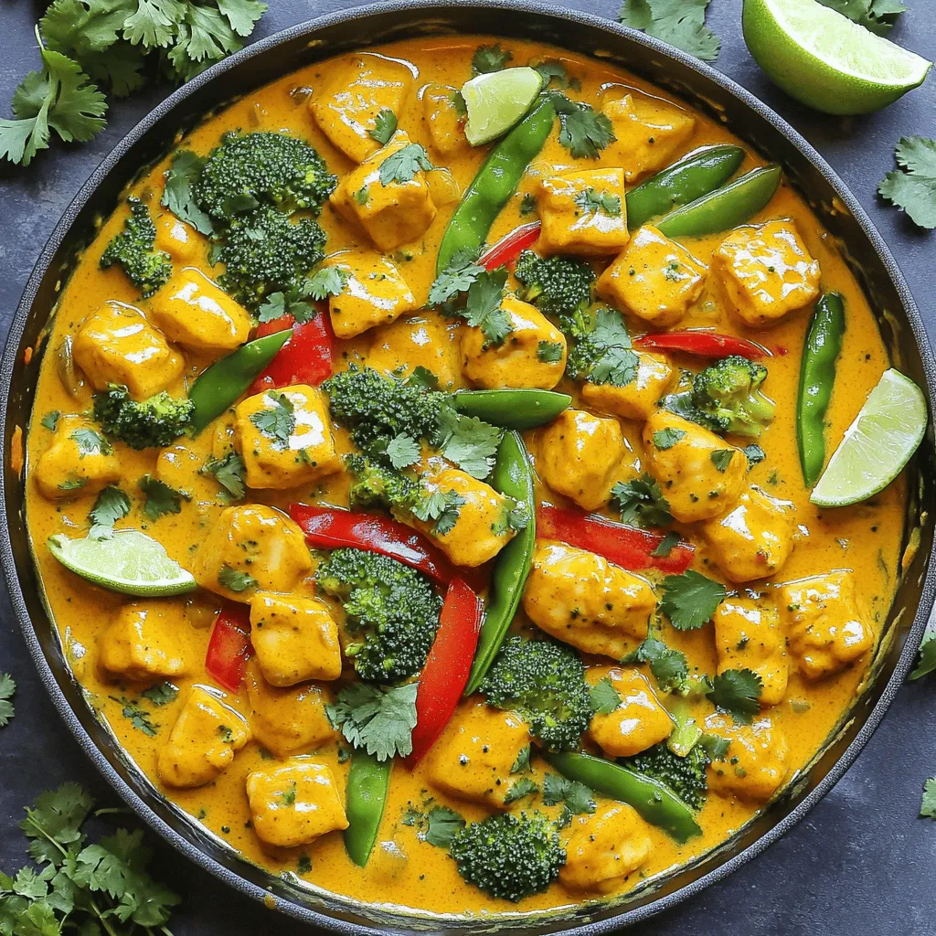 To make this Coconut Curry Chicken, you need: - 1 lb (450g) boneless, skinless chicken breast, cut into bite-sized cubes - 1 can (14 oz) full-fat coconut milk - 2 tablespoons coconut oil - 1 medium onion, finely chopped - 2 cloves garlic, minced - 1 tablespoon fresh ginger, minced - 2 tablespoons red curry paste (adjust to taste for spice) - 1 tablespoon fish sauce for umami depth - 1 tablespoon brown sugar to balance flavors - 1 fresh red bell pepper, chopped into bite-sized pieces - 1 cup broccoli florets, cut small for quick cooking - 1 cup snap peas, trimmed - Fresh cilantro leaves, for garnish - Lime wedges, for a zesty finish - Sea salt and freshly cracked black pepper to taste If you have allergies, here are some easy swaps: - Use tofu or chickpeas instead of chicken for a vegan option. - Replace fish sauce with soy sauce for a vegetarian version. - Use almond milk if you can't have coconut milk. - For a nut-free option, check the labels on curry paste. Choosing the right ingredients makes your dish shine. - Pick fresh chicken that looks pink and moist. Avoid any that looks dull or gray. - Use full-fat coconut milk for a rich and creamy sauce. Check for the highest fat content. - Select vibrant, firm vegetables. The red bell pepper should be shiny and smooth. - Fresh herbs like cilantro should be bright green with no wilting. - Always smell your spices; they should be fragrant, not stale. For the full recipe, check out the Tropical Coconut Curry Chicken section. Detailed preparation steps Start by gathering your ingredients. You will need chicken, coconut milk, and spices. Cut the chicken into small cubes. Chop the onion, garlic, and ginger. Prepare the veggies like bell pepper, broccoli, and snap peas. This makes cooking easier and faster. 1. Heat 2 tablespoons of coconut oil in a large skillet over medium heat. 2. Add the chopped onion and sauté for 3-4 minutes until soft. 3. Next, add minced garlic and ginger. Stir for one minute until fragrant. 4. Now, add the cubed chicken. Season with sea salt and black pepper. 5. Cook the chicken for about 5-7 minutes, stirring often, until it's browned. 6. Add 2 tablespoons of red curry paste. Stir well to coat the chicken. 7. Pour in 1 can of coconut milk, plus fish sauce and brown sugar. 8. Bring this to a gentle simmer. Stir all ingredients together. 9. Add the chopped red bell pepper, broccoli, and snap peas. Cook for 5-7 minutes, until veggies are tender. Cooking times and temperature guidance Keep the heat on medium throughout. This helps the chicken cook evenly. After you add the veggies, check them after 5 minutes. You want them bright and tender, not mushy. The total cooking time should be about 30 minutes from start to finish. Visual aids for each step I recommend taking pictures as you cook. This helps you see your progress. You can also look up images of Coconut Curry Chicken for inspiration. This visual guide will help you match your dish to the final look from the Full Recipe. When making Coconut Curry Chicken, you might face some common errors. One mistake is overcooking the chicken. Cook it just until it’s no longer pink. This keeps the meat juicy. Another mistake is not letting the flavors blend. Simmer the curry long enough for all the tastes to mix well. Avoid using low-quality coconut milk. A full-fat version gives a rich, creamy texture. Lastly, don’t skip the lime juice. It adds brightness to the dish. To boost flavors in your Coconut Curry Chicken, try these tips. First, toast the red curry paste in the coconut oil before adding other ingredients. This deepens its flavor. Second, add a splash of lime juice at the end. It brings a fresh zing. You can also include a pinch of brown sugar if the dish tastes too salty. Finally, fresh herbs like basil or mint can elevate the dish. They add a nice, fragrant finish. Coconut Curry Chicken pairs well with many sides. Serve it over fluffy jasmine rice. The rice soaks up the delicious sauce. You can also try warm naan bread for dipping. For a crunchy contrast, serve with a simple cucumber salad. Drizzle some yogurt on top for extra creaminess. If you want to add a drink, try coconut water or a light beer. These complement the curry's flavors perfectly. For the full recipe, check the section above. {{image_4}} You can use other proteins in this dish. Tofu works well for a vegetarian option. Just press and cube it before cooking. Shrimp is another great choice. It cooks quickly and adds a nice flavor. If you like beef, try thinly sliced flank steak. It will give the curry a rich taste. Adjust the spice to fit your taste. Use less red curry paste for milder flavor. You can also add more spices like cumin or coriander for depth. Want some heat? Toss in a chopped chili or some cayenne pepper. Experiment with fresh herbs like basil or mint for a fresh twist. Making this dish vegan is simple. Replace the chicken with tofu or chickpeas. Use vegetable broth instead of fish sauce. You can add more veggies like carrots or zucchini for added texture. Coconut milk keeps it creamy and rich. This way, everyone can enjoy a delicious bowl of coconut curry! For the full recipe, check out the Tropical Coconut Curry Chicken section. To keep your Coconut Curry Chicken fresh, let it cool first. Then, transfer it to an airtight container. This helps prevent spoilage and keeps flavors intact. Store it in the fridge for up to three days. If you want to save it longer, consider freezing. For freezing, use a freezer-safe container or heavy-duty freezer bags. Make sure to leave some space at the top, as the food will expand. Label the bags with the date for easy tracking. You can freeze the coconut curry for up to three months. Thaw it overnight in the fridge before reheating. When it's time to enjoy your leftovers, reheating properly is key. The best way is to use a skillet over medium heat. Stir occasionally to heat it evenly. If the curry seems thick, add a splash of coconut milk or water. You can also microwave it in a bowl with a cover. Heat in short bursts, stirring in between, until hot. Enjoy the rich flavors just like the first time! To make Coconut Curry Chicken from scratch, follow these steps: 1. Heat coconut oil in a skillet over medium heat. 2. Sauté chopped onion for 3-4 minutes until soft. 3. Add minced garlic and ginger; stir for one minute. 4. Add cubed chicken, seasoning with salt and pepper. Cook until brown. 5. Mix in red curry paste to coat the chicken. 6. Pour in coconut milk, fish sauce, and brown sugar. Simmer gently. 7. Add chopped bell pepper, broccoli, and snap peas. Cook until tender. 8. Taste and adjust seasoning if needed. 9. Serve hot, garnished with cilantro and lime wedges. You can find the Full Recipe for more detailed steps and tips. Coconut Curry Chicken pairs well with: - Steamed jasmine rice for a classic combo. - Warm naan bread for a nice dip. - Quinoa for a protein-packed option. - A fresh cucumber salad for crunch. - Roasted vegetables to add color and flavor. These sides enhance the taste and make the meal more filling. Yes, you can make Coconut Curry Chicken ahead of time! Just follow these tips: - Cook the curry and let it cool completely. - Store in an airtight container in the fridge for up to 3 days. - Reheat gently on the stove or in the microwave. - If you freeze it, use within 2 months for best taste. Making it ahead saves time and allows flavors to meld. In this article, we explored every aspect of making Coconut Curry Chicken. You learned about the key ingredients and substitutions for allergies. We detailed step-by-step cooking instructions, along with common mistakes to avoid. I provided tips for flavor enhancements and storage methods. Coconut Curry Chicken is adaptable to many diets, with variations for all tastes. Now, you have all the tools to create a delicious dish. Enjoy cooking and sharing this meal with others!