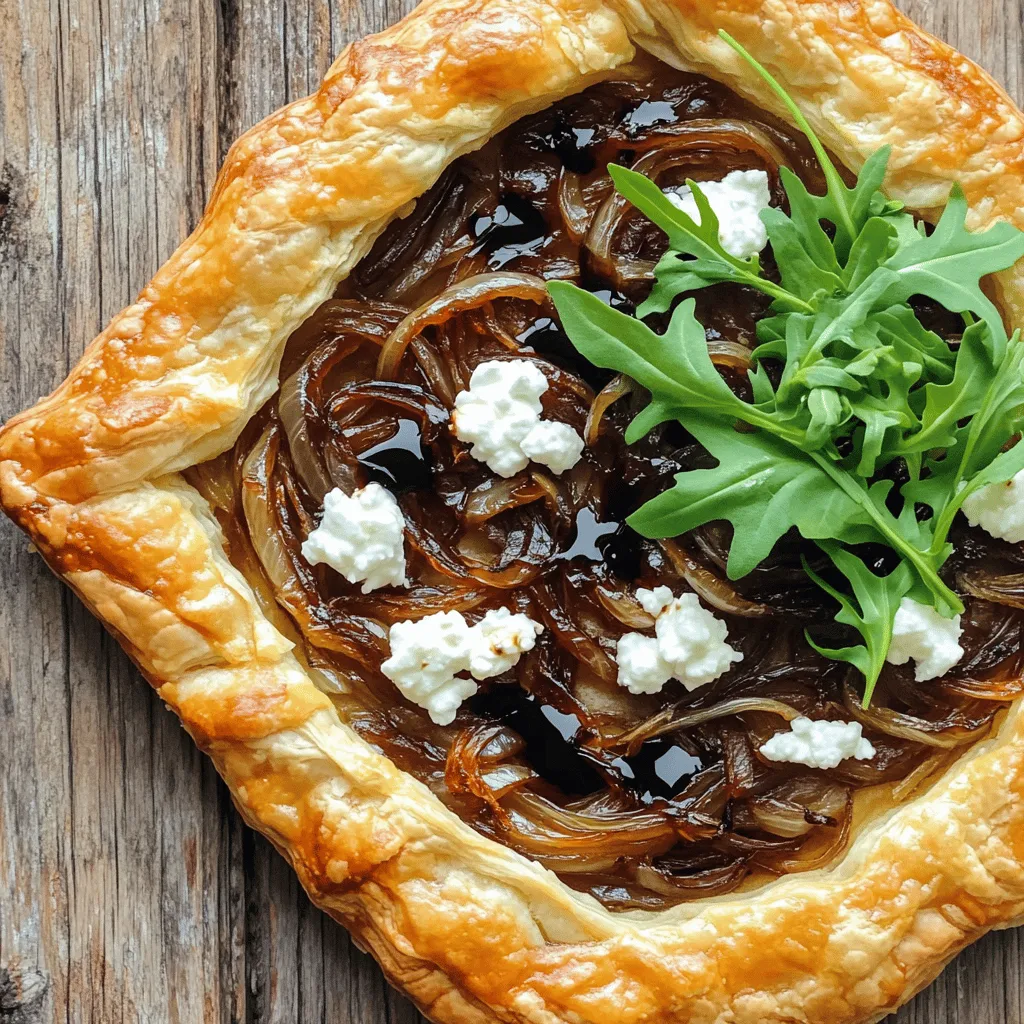 To create your own Caramelized Onion and Goat Cheese Tart, you'll need: - 1 sheet of puff pastry, thawed - 3 large onions, thinly sliced - 3 tablespoons unsalted butter - 2 tablespoons olive oil - 1 teaspoon granulated sugar - 1 teaspoon fresh or dried thyme - 4 oz goat cheese, crumbled - 1 tablespoon balsamic vinegar - Salt and freshly ground black pepper, to taste - A handful of fresh arugula, for garnish You can swap ingredients based on what you have. Here are some ideas: - Puff pastry: Use a pie crust if needed. - Onions: Sweet onions or shallots work well too. - Goat cheese: Feta or cream cheese can be good substitutes. - Balsamic vinegar: Red wine vinegar adds a nice tang. - Thyme: Oregano or rosemary can give a different flavor. These swaps keep the essence of the dish while allowing creativity. Make sure you have the right tools for this recipe: - A large skillet for caramelizing the onions - A baking sheet for the tart - Parchment paper to prevent sticking - A sharp knife for scoring the pastry - A spatula for spreading the onions Having these tools will help you make the tart easily and efficiently. For the full recipe, refer to the provided instructions to guide you through the cooking process. First, set your oven to 400°F (200°C). This step is key. A hot oven makes the pastry rise well. Next, grab a large skillet. Add three tablespoons of butter and two tablespoons of olive oil. Heat over medium heat until the butter melts. Then, add three thinly sliced onions and a pinch of salt. Sprinkle in one teaspoon of sugar. Stir this mix gently. Cook for about 25-30 minutes. The onions should turn soft and golden. In the last few minutes, add one teaspoon of thyme and one tablespoon of balsamic vinegar. This gives them a rich flavor. Once done, set them aside to cool. Now, take your thawed puff pastry. Roll it out on a floured surface. This helps smooth out any creases. Place it on a baking sheet lined with parchment paper. Using a sharp knife, score a 1-inch border around the edges. Be careful not to cut all the way through. This will help the edges puff up nicely. Spread the caramelized onions evenly within the border of the puff pastry. Next, crumble four ounces of goat cheese over the onions. Distribute it evenly. This will add a creamy texture and flavor. Put the assembled tart in the oven. Bake for 20-25 minutes. Keep an eye on it. You'll see the pastry puff up and turn golden brown. That’s your cue to take it out! Let the tart cool for a few minutes after baking. Before serving, scatter fresh arugula on top. This adds a nice color and a peppery taste. Cut into slices and enjoy warm or at room temperature. This makes a great dish for gatherings. For the full recipe, check out the details above! To caramelize onions well, use low heat. Start by melting butter and oil in a skillet. Add thinly sliced onions and a pinch of salt. Stir them often for about 25-30 minutes. You want them soft and golden brown. The sugar helps with the sweetness, making them rich. Near the end, mix in thyme and balsamic vinegar. This gives the onions a deeper flavor. If you rush this process, the onions may burn instead of caramelizing. For a flaky puff pastry, keep it cold. Thaw the pastry in the fridge, not at room temperature. When rolling it out, use a lightly floured surface to avoid sticking. Be gentle; too much pressure can flatten the layers. When you score the border, don’t cut all the way through. This leftover edge helps the pastry puff up while baking. Bake it at a high temperature, around 400°F (200°C), for the best results. Serve your tart warm or at room temperature. It pairs well with a fresh salad, especially one with arugula or mixed greens. You may also add a drizzle of balsamic glaze for extra flavor. For a burst of freshness, serve it with a side of homemade yogurt or sour cream. This tart works great as an appetizer for a gathering or a light meal on its own. {{image_4}} You can change the cheese in this tart. Feta cheese adds a tangy taste. Cream cheese gives a smooth texture. If you want something sharper, try blue cheese. Each cheese will change the flavor but still pair well with onions. Experiment and find your favorite combination! You can add more to your tart. Try sliced mushrooms or roasted red peppers for extra flavor. Spinach adds a nice green touch. If you want protein, add cooked chicken or bacon. These ingredients will make the tart more filling and hearty. You can make this dish vegan. Use vegan puff pastry instead of regular. For cheese, try a nut-based cheese or tofu. You can also add nutritional yeast for a cheesy flavor. These swaps let you enjoy the tart without animal products. To keep your tart fresh, wait for it to cool. Wrap it in plastic wrap or place it in an airtight container. Store it in the fridge for up to three days. This way, the flavors stay rich and tasty. When you're ready to enjoy leftovers, preheat your oven to 350°F (175°C). Place the tart on a baking sheet. Heat it for about 10-15 minutes, or until it’s warm. This method keeps the crust crispy and delicious. You can freeze the tart if you want to save some for later. Wrap it tightly in plastic wrap, then place it in a freezer bag. Freeze it for up to three months. To eat, thaw it in the fridge overnight and reheat as mentioned above. This helps maintain its lovely taste and texture. For the complete recipe, check out the Full Recipe link. To make the best tart, use fresh ingredients. Start by caramelizing the onions well. This step adds deep flavor. Use medium heat and stir often. Add sugar to help them brown. Use a good quality goat cheese for a creamy taste. Follow the [Full Recipe] for precise steps. Yes, you can make this tart ahead of time. Prepare the caramelized onions and puff pastry the day before. Assemble the tart and store it in the fridge. Bake it the next day before serving. This keeps it fresh and tasty. This tart pairs well with a simple salad. Try arugula with a light vinaigrette. You can also serve it with a glass of white wine. A chilled Chardonnay goes nicely with the flavors. The tart is done when the pastry is golden brown. The edges should puff up nicely. You can also check if the cheese is melted and bubbly. This usually takes about 20-25 minutes in the oven. This blog post covered how to make a Caramelized Onion and Goat Cheese Tart. We explored the ingredients, tools, and step-by-step instructions. You learned tips for caramelizing onions and ensuring flaky pastry. We discussed variations, storage info, and answered common questions. In the end, this tart is fun and easy. With a few tweaks, it can fit any diet. Try it out, have fun in the kitchen, and impress your friends with this tasty dish!
