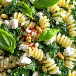 - 300g pasta (fusilli or penne) - 2 cups fresh spinach (roughly chopped) - 150g feta cheese (crumbled) - 2 tablespoons extra virgin olive oil - 3 cloves garlic (finely minced) - 1 teaspoon chili flakes - 1 tablespoon freshly grated lemon zest - 2 tablespoons fresh lemon juice - Fresh basil leaves for garnish - Salt and freshly ground black pepper to taste - 2 tablespoons toasted pine nuts I love using fresh ingredients that make this dish pop. The pasta serves as a hearty base, while the spinach and feta bring bright flavors. The olive oil adds richness, and garlic gives a warm aroma. I use chili flakes to give it a little kick, but you can adjust that. The fresh lemon zest and juice brighten the dish and make it feel light. Basil not only looks nice but adds a fragrant touch when you serve it. Optional ingredients like toasted pine nuts add a nice crunch. If you want more flavor, don't skip the salt and pepper. Each component works together to create a simple yet tasty meal. For the full recipe, check out the Spinach & Feta Fiesta Pasta. - Bring salted water to a rolling boil. - Add 300g of pasta and cook until al dente. - Reserve 1 cup of starchy pasta water before draining. - Heat 2 tablespoons of olive oil in a skillet. - Add 3 cloves of minced garlic and 1 teaspoon of chili flakes. - Cook until fragrant, about 1-2 minutes. - Add 2 cups of chopped spinach to the skillet. - Cook until just wilted, which takes about 2-3 minutes. - Stir frequently for even cooking. - Combine the drained pasta with the spinach in the skillet. - Fold in 150g of crumbled feta, 1 tablespoon of lemon zest, and 2 tablespoons of lemon juice. - Adjust creaminess with reserved pasta water to your liking. - Taste the dish and season with salt and pepper. - Add toasted pine nuts if you like some crunch. - Serve the pasta hot, garnished with fresh basil leaves. - You can add more feta and a drizzle of olive oil for extra flavor. Follow the [Full Recipe] for more details and tips! - Use high-quality olive oil for better flavor. - Adjust chili flakes according to spice preference. Using good olive oil makes a big difference. It adds richness to the dish. If you like spice, add more chili flakes. If you prefer mild, use less. - Substitute feta with goat cheese for a creamier texture. - Use frozen spinach if fresh isn't available. If you want a creamier taste, try goat cheese. It melts nicely and adds a smooth flavor. If fresh spinach is hard to find, frozen works too. Just thaw and squeeze out excess water. - Serve in wide, shallow bowls for elegance. - Drizzle with olive oil for added appeal. For a nice look, serve the pasta in wide, shallow bowls. This creates a beautiful plate. A drizzle of olive oil on top makes it shine and adds more flavor. For more ideas, check the Full Recipe. {{image_4}} You can boost your meal with protein. For a tasty twist, add grilled chicken or shrimp. Both options give your dish a hearty feel. If you want a vegetarian choice, chickpeas work great too. They add protein and a nice texture to the pasta. Try adding sun-dried tomatoes for a burst of flavor. They bring a sweet, tangy taste that pairs well with spinach. You can also toss in olives for a salty kick. They add depth and contrast to the creamy feta. If you need a gluten-free option, use gluten-free pasta. Many brands offer great flavors and textures. For those who want a dairy-free dish, vegan feta is a smart choice. It melts nicely and adds creaminess, just like regular feta. For the full recipe, check out the Spinach & Feta Fiesta Pasta section above. To keep your pasta fresh, store leftovers in an airtight container. Make sure to consume them within 3 days for the best flavor. This way, you can enjoy your meal again without losing quality. For long-term storage, you can freeze the pasta, but leave out the feta. This helps keep the texture nice. Use the frozen pasta within a month for the best taste and quality. When you’re ready to eat, reheat your pasta in a skillet. Add a splash of water to keep it moist. You can also use a microwave. Heat in short intervals to warm evenly without drying out the dish. You’ll have a tasty meal in no time! Yes, prepare the base and store separately from pasta. This way, the pasta stays firm and does not get mushy. You can cook the pasta fresh when you’re ready to eat. More garlic or herbs can intensify the flavor profile. Try adding fresh basil or oregano for a burst of freshness. You can also add a pinch of black pepper for depth. A side salad or garlic bread complements the dish well. A light green salad adds crunch and freshness. Garlic bread brings in a warm, comforting touch. Yes, it’s great for meal prep as it reheats well. Store the pasta and sauce in separate containers. This keeps the flavors fresh and the pasta perfect. It’s naturally vegetarian; just ensure your feta is vegetarian-friendly. Some feta brands use animal rennet. Check the label for the best choice. For the full recipe, check out the Spinach & Feta Fiesta Pasta. This pasta dish blends fresh spinach and feta for a tasty meal. You learned about essential ingredients, cooking steps, and helpful tips. Remember, you can customize this dish to fit your taste. Add protein or adjust spices as needed. Store leftovers properly to keep flavors fresh. Enjoy creating this simple yet delicious recipe at home. It’s perfect for any occasion, and your taste buds will thank you!