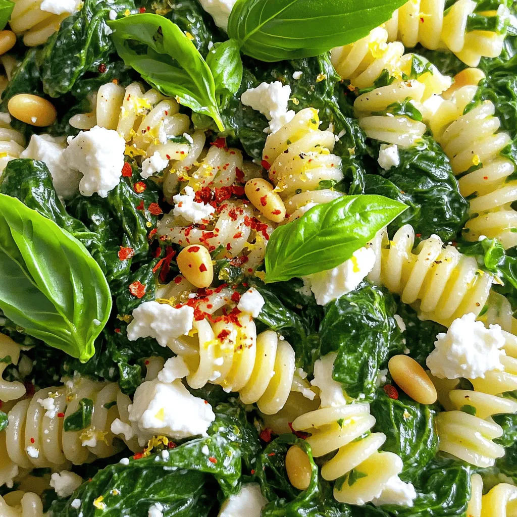 - 300g pasta (fusilli or penne) - 2 cups fresh spinach (roughly chopped) - 150g feta cheese (crumbled) - 2 tablespoons extra virgin olive oil - 3 cloves garlic (finely minced) - 1 teaspoon chili flakes - 1 tablespoon freshly grated lemon zest - 2 tablespoons fresh lemon juice - Fresh basil leaves for garnish - Salt and freshly ground black pepper to taste - 2 tablespoons toasted pine nuts I love using fresh ingredients that make this dish pop. The pasta serves as a hearty base, while the spinach and feta bring bright flavors. The olive oil adds richness, and garlic gives a warm aroma. I use chili flakes to give it a little kick, but you can adjust that. The fresh lemon zest and juice brighten the dish and make it feel light. Basil not only looks nice but adds a fragrant touch when you serve it. Optional ingredients like toasted pine nuts add a nice crunch. If you want more flavor, don't skip the salt and pepper. Each component works together to create a simple yet tasty meal. For the full recipe, check out the Spinach & Feta Fiesta Pasta. - Bring salted water to a rolling boil. - Add 300g of pasta and cook until al dente. - Reserve 1 cup of starchy pasta water before draining. - Heat 2 tablespoons of olive oil in a skillet. - Add 3 cloves of minced garlic and 1 teaspoon of chili flakes. - Cook until fragrant, about 1-2 minutes. - Add 2 cups of chopped spinach to the skillet. - Cook until just wilted, which takes about 2-3 minutes. - Stir frequently for even cooking. - Combine the drained pasta with the spinach in the skillet. - Fold in 150g of crumbled feta, 1 tablespoon of lemon zest, and 2 tablespoons of lemon juice. - Adjust creaminess with reserved pasta water to your liking. - Taste the dish and season with salt and pepper. - Add toasted pine nuts if you like some crunch. - Serve the pasta hot, garnished with fresh basil leaves. - You can add more feta and a drizzle of olive oil for extra flavor. Follow the [Full Recipe] for more details and tips! - Use high-quality olive oil for better flavor. - Adjust chili flakes according to spice preference. Using good olive oil makes a big difference. It adds richness to the dish. If you like spice, add more chili flakes. If you prefer mild, use less. - Substitute feta with goat cheese for a creamier texture. - Use frozen spinach if fresh isn't available. If you want a creamier taste, try goat cheese. It melts nicely and adds a smooth flavor. If fresh spinach is hard to find, frozen works too. Just thaw and squeeze out excess water. - Serve in wide, shallow bowls for elegance. - Drizzle with olive oil for added appeal. For a nice look, serve the pasta in wide, shallow bowls. This creates a beautiful plate. A drizzle of olive oil on top makes it shine and adds more flavor. For more ideas, check the Full Recipe. {{image_4}} You can boost your meal with protein. For a tasty twist, add grilled chicken or shrimp. Both options give your dish a hearty feel. If you want a vegetarian choice, chickpeas work great too. They add protein and a nice texture to the pasta. Try adding sun-dried tomatoes for a burst of flavor. They bring a sweet, tangy taste that pairs well with spinach. You can also toss in olives for a salty kick. They add depth and contrast to the creamy feta. If you need a gluten-free option, use gluten-free pasta. Many brands offer great flavors and textures. For those who want a dairy-free dish, vegan feta is a smart choice. It melts nicely and adds creaminess, just like regular feta. For the full recipe, check out the Spinach & Feta Fiesta Pasta section above. To keep your pasta fresh, store leftovers in an airtight container. Make sure to consume them within 3 days for the best flavor. This way, you can enjoy your meal again without losing quality. For long-term storage, you can freeze the pasta, but leave out the feta. This helps keep the texture nice. Use the frozen pasta within a month for the best taste and quality. When you’re ready to eat, reheat your pasta in a skillet. Add a splash of water to keep it moist. You can also use a microwave. Heat in short intervals to warm evenly without drying out the dish. You’ll have a tasty meal in no time! Yes, prepare the base and store separately from pasta. This way, the pasta stays firm and does not get mushy. You can cook the pasta fresh when you’re ready to eat. More garlic or herbs can intensify the flavor profile. Try adding fresh basil or oregano for a burst of freshness. You can also add a pinch of black pepper for depth. A side salad or garlic bread complements the dish well. A light green salad adds crunch and freshness. Garlic bread brings in a warm, comforting touch. Yes, it’s great for meal prep as it reheats well. Store the pasta and sauce in separate containers. This keeps the flavors fresh and the pasta perfect. It’s naturally vegetarian; just ensure your feta is vegetarian-friendly. Some feta brands use animal rennet. Check the label for the best choice. For the full recipe, check out the Spinach & Feta Fiesta Pasta. This pasta dish blends fresh spinach and feta for a tasty meal. You learned about essential ingredients, cooking steps, and helpful tips. Remember, you can customize this dish to fit your taste. Add protein or adjust spices as needed. Store leftovers properly to keep flavors fresh. Enjoy creating this simple yet delicious recipe at home. It’s perfect for any occasion, and your taste buds will thank you!