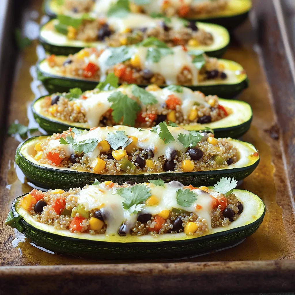 For these vegetarian stuffed zucchini boats, you need fresh and simple ingredients. Here’s a complete list: - 4 medium zucchinis - 1 cup cooked quinoa - 1 can (15 oz) black beans, drained and rinsed - 1 cup corn kernels (fresh or frozen) - 1 red bell pepper, diced - 1 small red onion, finely chopped - 2 cloves garlic, minced - 1 teaspoon ground cumin - 1 teaspoon smoked paprika - ½ teaspoon chili powder - 1 cup shredded cheese (cheddar or Monterey Jack) - ¼ cup fresh cilantro, chopped - Salt and pepper, to taste - Olive oil for drizzling Using high-quality ingredients makes a big difference. Fresh zucchinis are key for a tender boat. Cooked quinoa adds great texture and protein. Black beans boost nutrition and flavor. Corn brings sweetness, while red bell pepper and onion add color and crunch. Garlic and spices create a warm, inviting aroma. Finally, cheese adds creaminess and a rich finish. You can find the full recipe to guide you through the cooking process. - Preheating the oven First, preheat your oven to 375°F (190°C). This step ensures even cooking for your zucchini boats. - Cutting and scooping out zucchini Next, wash the zucchinis well. Cut each zucchini in half lengthwise. Take a spoon and scoop out the insides, leaving about a 1/4-inch shell. Save the scooped-out flesh for later. Place the hollowed zucchini halves on a baking sheet. - Sautéing onion and garlic In a large skillet, heat 1 tablespoon of olive oil over medium heat. Add the finely chopped red onion and minced garlic. Sauté for 2-3 minutes until they smell great and soften. - Adding bell pepper and zucchini flesh Now, add the diced red bell pepper and the reserved zucchini flesh to the skillet. Cook for another 3-4 minutes until the bell pepper is tender. - Mixing in quinoa, beans, corn, and spices Stir in the cooked quinoa, black beans, corn, ground cumin, smoked paprika, chili powder, and half of the shredded cheese. Season with salt and pepper to give it flavor. Mix well and heat through for about 2-3 minutes. - Filling the zucchini halves Carefully spoon the filling into each zucchini half. Press down gently to pack the mixture in well. - Drizzling with olive oil Arrange the stuffed zucchinis on the baking sheet. Drizzle some olive oil over the tops for added flavor and moisture. - Baking times and temperatures Bake the zucchini boats in your preheated oven for 20-25 minutes. They are done when the zucchinis are tender and the filling is hot. After that, sprinkle the remaining cheese on top. Return them to the oven for 5 more minutes until the cheese melts. Follow the Full Recipe for exact details and additional tips! Bake your stuffed zucchini boats for 20 to 25 minutes. This time ensures the zucchinis soften well. You want them tender but not mushy. Check for doneness with a fork. If it slides in easily, they’re ready! To boost flavor, add spices like cumin and smoked paprika. These spices add warmth and depth. You can also try fresh herbs like basil or oregano for a fresh twist. A squeeze of lime juice before serving can brighten the dish. Don't forget to taste and adjust salt and pepper. For a beautiful presentation, serve the zucchini boats on a large platter. Garnish with extra cilantro and lime slices. The bright colors make the dish pop. You can also drizzle a bit of olive oil on top for shine. This adds an elegant touch to your meal. {{image_4}} You can change the protein in your stuffed zucchini boats. Beans are great, but lentils work too. Try chickpeas for a different twist. Each option adds unique flavor and texture. You can also mix different beans. Black beans and pinto beans together create a tasty filling. If you want a dairy-free option, vegan cheese is perfect. It melts well and tastes good too. You might also try goat cheese or feta for a tangy flavor. Mixing different cheeses can bring new tastes to your dish. Experiment with mozzarella for a classic twist. Adding more veggies makes your filling even better. Consider spinach, mushrooms, or diced carrots. Each veggie adds color and nutrients. You could use eggplant or bell peppers for a heartier mix. Don’t forget to chop them small for easy stuffing. This helps every bite be full of flavor. For the full recipe, check out the details above. To store leftover stuffed zucchini boats, first let them cool down. Place the boats in an airtight container. This keeps them fresh for later. Store them in the fridge. They will stay good for about 3 to 4 days. When you're ready to eat, just reheat them in the oven or microwave. If you want to freeze the stuffed zucchini boats, prepare them as usual but do not bake them. Instead, fill the zucchini halves and cover them tightly. Use plastic wrap or aluminum foil. Place the wrapped boats in a freezer-safe bag. They can last up to 3 months in the freezer. To reheat, thaw them overnight in the fridge. Bake them at 375°F for about 25 to 30 minutes. When stored properly, the stuffed zucchini boats can last in the fridge for 3 to 4 days. In the freezer, they can keep for about 3 months. Always check for any signs of spoilage before eating. Proper storage makes sure you enjoy this flavorful meal later. Yes, you can use other vegetables. Bell peppers, eggplants, and tomatoes work well. Each adds a unique taste. For bell peppers, slice them in half. Use eggplants by cutting them lengthwise. Tomatoes can be hollowed out for stuffing. Each option brings its own flavor to the dish. To make this dish gluten-free, focus on the ingredients. Use gluten-free quinoa and check your spices. Some spice blends may contain gluten. Always read labels to be sure. You can also use gluten-free cheese. These small changes keep the meal tasty and safe for gluten-sensitive diners. Several sides complement stuffed zucchini boats. Here are a few ideas: - A fresh green salad with vinaigrette - Quinoa or rice for extra carbs - Steamed broccoli or green beans - Roasted sweet potatoes for sweetness - A light soup for a warm touch These sides create a balanced, colorful meal. They enhance the flavors of the zucchini boats and make every bite enjoyable. For the full recipe and tips, check out the [Full Recipe]. Stuffed zucchini boats offer a healthy, tasty meal with simple ingredients. We explored how to prepare, stuff, and bake zucchinis. Plus, I shared tips, variations, and storage advice. This dish is flexible and fun—easy to change based on what you have. Remember, whether you add beans, switch cheeses, or try different veggies, make it your own. Enjoy the process and the delicious end result!
