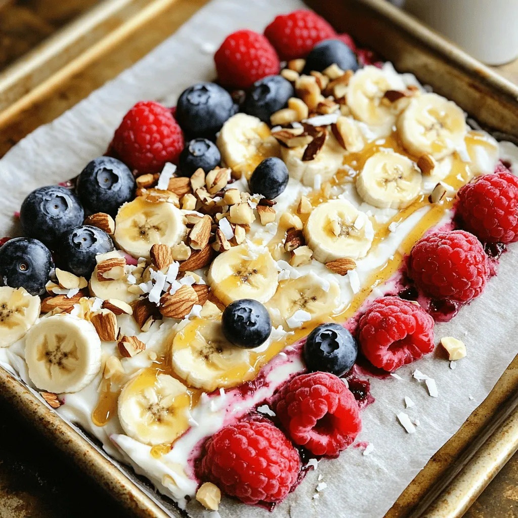To make frozen yogurt bark, you need just a few simple items. Here’s what you’ll use: - 2 cups plain Greek yogurt - 2 tablespoons honey or maple syrup - 1 teaspoon vanilla extract - 1 cup mixed berries (strawberries, blueberries, raspberries) - 1/2 ripe banana, sliced - 1/4 cup chopped nuts (almonds, walnuts, or pistachios) - 2 tablespoons shredded coconut (optional) - A pinch of sea salt These ingredients create a creamy, sweet, and delicious base for your bark. You can mix things up and make this treat your own! Here are some fun add-ins: - Chia seeds for extra crunch - Dark chocolate chips for a sweet twist - Granola for a bit of texture - Different fruits like mango or kiwi Feel free to get creative and use what you like best! Toppings can add flair and flavor. Here are some ideas to enhance your bark: - Fresh mint leaves for a pop of color - A drizzle of melted chocolate for sweetness - Extra nuts for a satisfying crunch - A sprinkle of cinnamon for warmth These toppings can make your frozen yogurt bark even more delightful and fun to eat. Each bite will be a surprise! First, get your kitchen ready. Line a baking sheet with parchment paper or a silicone mat. This step makes it easy to lift the yogurt bark later. A clean workspace helps you focus on making the treat without mess. In a medium bowl, add your plain Greek yogurt. Mix in two tablespoons of honey or maple syrup for sweetness. Add one teaspoon of vanilla extract for flavor. Toss in a pinch of sea salt. Use a whisk or spatula to blend these ingredients until the mix is smooth and creamy. This yogurt base is the heart of your bark. Pour the yogurt mixture onto the lined baking sheet. Use a spatula to spread it evenly, about 1/4 inch thick. Next, scatter your mixed berries and banana slices on top. Then, sprinkle the chopped nuts and shredded coconut if you choose. Gently press the toppings into the yogurt. This helps them stick when you freeze it. Now your yogurt bark is ready to freeze! To freeze your yogurt bark well, use a large baking sheet. Line it with parchment paper or a silicone mat. This will help you lift the bark later. Spread the yogurt mix evenly. Aim for about 1/4 inch thick. This thickness helps it freeze fast and evenly. After adding your toppings, press them down lightly. This keeps them from falling off later. For best results, freeze the bark for at least 3 to 4 hours. When it’s time to serve, let the bark sit at room temp for a few minutes. This will soften it slightly and make cutting easier. You can slice it into squares or rectangles. For a fun touch, drizzle some honey over the top. Add fresh berries for color and flair. Serve it on a nice platter to impress your guests. This treat is perfect for parties or a hot day. The secret to great yogurt bark is texture. Start with thick, plain Greek yogurt. Mixing in honey or maple syrup adds sweetness. The vanilla extract gives a warm flavor. Ensure your yogurt is smooth and creamy before freezing. If you want creamier bark, try adding a splash of coconut milk. This can help keep it soft. It’s all about finding that perfect balance of flavor and texture! {{image_4}} You can mix and match flavors for frozen yogurt bark. Here are some ideas: - Chocolate and Peanut Butter: Use a chocolate yogurt base. Swirl in peanut butter. - Mango and Coconut: Add mango puree to the yogurt. Top with shredded coconut. - Matcha and Almond: Blend matcha powder into the yogurt. Sprinkle chopped almonds on top. Experiment with your favorite flavors for a unique treat. Each combination brings a new taste. You can easily adjust this recipe for special diets. Here are some options: - Vegan: Replace Greek yogurt with coconut yogurt. Use maple syrup for sweetness. - Gluten-Free: Ensure your toppings are gluten-free. Most nuts and fruits are safe. - Low-Sugar: Use unsweetened yogurt. Skip the honey or use a sugar-free sweetener. These changes help everyone enjoy this tasty snack. Using seasonal fruits makes your yogurt bark even better. Here are some suggestions: - Spring: Add fresh strawberries and rhubarb for a tangy bite. - Summer: Use peaches and blueberries for a vibrant mix. - Fall: Try adding pumpkin puree and spices like cinnamon. - Winter: Use pomegranate seeds and citrus for a refreshing twist. Seasonal fruits add flavor and color, making your bark more exciting. To keep your frozen yogurt bark fresh, use an airtight container. Place the cut pieces inside, ensuring they do not touch each other. This keeps them from sticking. You can also wrap each piece in plastic wrap. This extra layer helps protect against freezer burn. Store your yogurt bark in the coldest part of the freezer. Avoid opening the freezer too often, as warm air can affect the temperature. If you plan to eat the yogurt bark later, label the container with the date. This helps you track how long it has been stored. Frozen yogurt bark can last up to two months in the freezer. After this time, it may lose its flavor or texture. For the best taste and quality, try to eat it within a month. If you see any ice crystals forming, it’s best to toss it out. For the full recipe, check back to make this delightful treat again! Yes, you can use flavored yogurt. It adds a nice taste. Just keep in mind that sweet flavors can change the sugar level. If you use sweet yogurt, you may want to cut back on the honey or maple syrup. Frozen yogurt bark lasts about one month in the freezer. For best taste, eat it within two weeks. After that, it may lose some texture and flavor. If you have nut allergies, use seeds instead. Sunflower seeds and pumpkin seeds work well. You can also omit nuts entirely and still enjoy your bark. Yes, you can make this treat dairy-free. Use a dairy-free yogurt, like coconut yogurt. This still gives a creamy texture and pairs well with fruits and toppings. Frozen yogurt bark is easy to make and fun to personalize. You can use simple ingredients to create tasty treats. I shared how to prepare your workspace, mix yogurt, and add your favorite fruits and nuts. Remember to freeze properly for the best texture. You can explore different flavors, dietary needs, and storage tips too. Each step makes a difference in taste and freshness. Get creative with your toppings and enjoy this cool snack anytime!