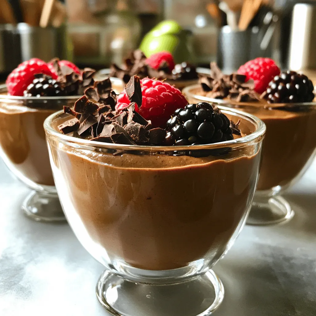 - 2 ripe avocados, peeled and pitted - 1/2 cup unsweetened cocoa powder - 1/3 cup maple syrup (substitute with agave nectar for a vegan option) - 1/4 cup almond milk (or any milk of your choice) - 1 teaspoon pure vanilla extract - 1/4 teaspoon sea salt - Pinch of ground cinnamon (optional for extra warmth) - Dark chocolate shavings for garnish (optional) - Fresh berries for garnish (optional) In this recipe, avocado makes a creamy base for the mousse. If you have allergies, you can swap almond milk with oat or soy milk. For a nut-free option, use coconut milk instead. Each serving has about 160 calories. This mousse is rich in healthy fats from the avocados. You also get fiber, iron, and magnesium from the cocoa powder. The maple syrup adds natural sweetness without refined sugars. This dessert is a smart choice for a treat that feels indulgent but is still good for you. Enjoying this mousse gives you a guilt-free dessert that satisfies your sweet tooth. To make this chocolate avocado mousse, start by gathering all your ingredients. You will need: - 2 ripe avocados, peeled and pitted - 1/2 cup unsweetened cocoa powder - 1/3 cup maple syrup (or agave nectar for vegan) - 1/4 cup almond milk (or any milk you prefer) - 1 teaspoon pure vanilla extract - 1/4 teaspoon sea salt - Pinch of ground cinnamon (optional) - Dark chocolate shavings for garnish (optional) - Fresh berries for garnish (optional) Next, place the avocados, cocoa powder, maple syrup, almond milk, vanilla extract, sea salt, and cinnamon in a blender. Blend on high for 1-2 minutes. Stop to scrape the sides to mix well. This step is key for a smooth consistency. If it’s not sweet enough, add more maple syrup and blend again. After blending, spoon the mousse into bowls. Cover them and put them in the fridge. Chilling is vital for the flavors to mix well. It also helps the mousse firm up. Aim for at least 30 minutes to 1 hour of chilling time. When you take it out, the mousse will be cold and rich. Top it with dark chocolate shavings and fresh berries for a nice touch. This simple step makes your dessert look and taste even better. Enjoy your delicious treat! To make sure your mousse is creamy, use ripe avocados. They blend better and give a silky texture. When you blend, do it on high speed for 1-2 minutes. This helps mix everything well. Stop to scrape down the sides of your blender. This way, you avoid lumps. If it feels thick, add a splash of milk. This will help achieve a smoother consistency. Taste your mousse after blending. If it’s not sweet enough, you can add more maple syrup. Start with a little, then blend again. You can use other sweeteners too. Honey, agave nectar, or stevia are great options. Each offers a different flavor. Choose what fits your diet. This way, you can make the mousse just right for you. {{image_4}} To keep your chocolate avocado mousse vegan, swap maple syrup for agave nectar. You can also use almond milk or any plant-based milk you like. For toppings, try coconut whipped cream or chopped nuts. Fresh berries add a nice burst of flavor. For a low-sugar version, replace maple syrup with a sugar-free sweetener like stevia or erythritol. You can also add superfoods like chia seeds or flaxseeds to boost nutrition. They blend well and add fiber without changing the taste much. This mousse is not just a treat; it can be a healthy dessert too! To keep your chocolate avocado mousse fresh, store it in an airtight container. This step helps prevent browning and keeps flavors intact. I recommend using glass containers, as they do not absorb odors. If you use plastic, ensure it is food-safe and BPA-free. Always cover the mousse tightly with plastic wrap or a lid before storage. This keeps moisture out and prevents any unwanted smells from affecting the dessert. In the refrigerator, your mousse lasts about three to four days. After that, it may lose its taste and texture. If you want to store it longer, consider freezing the mousse. It can stay in the freezer for up to a month. Use freezer-safe containers and ensure there's no air trapped inside. To thaw, place it in the fridge overnight. Stir well before serving, as it may separate slightly. For the best results, enjoy your mousse fresh within a few days. For the full recipe, check the section before this one. Chocolate avocado mousse is a creamy dessert made from ripe avocados and cocoa. This dish is popular because it tastes rich and indulgent, yet it is healthy. The avocado provides healthy fats and a smooth texture. You get a creamy dessert that is also good for you! Yes, you can use different types of chocolate. Unsweetened cocoa powder gives a deep chocolate flavor. If you prefer, you can use dark chocolate instead. Just melt the dark chocolate and mix it in. Both options bring unique tastes and textures to your mousse. Absolutely! This mousse fits many diets. It is vegan since it uses plant-based ingredients. It is gluten-free, so those with gluten allergies can enjoy it. If you have nut allergies, you can swap almond milk for oat or soy milk. This dessert caters to many needs. To enhance the chocolate flavor, add a pinch of espresso powder. This small touch boosts the chocolate taste without adding a coffee flavor. You can also fold in melted dark chocolate for a richer treat. Top with whipped coconut cream or more chocolate shavings for extra flair. For the full recipe, check out the section above. You learned how to make chocolate avocado mousse with the ingredients and steps outlined. You can swap ingredients for allergies and still enjoy a tasty treat. I shared tips to get the right texture and adjust sweetness. You even found storage tips to keep leftovers fresh. This dessert is not just healthy; it's also versatile. Try different chocolates or add toppings. Your creativity can make each batch unique. Enjoy making this delicious dish!