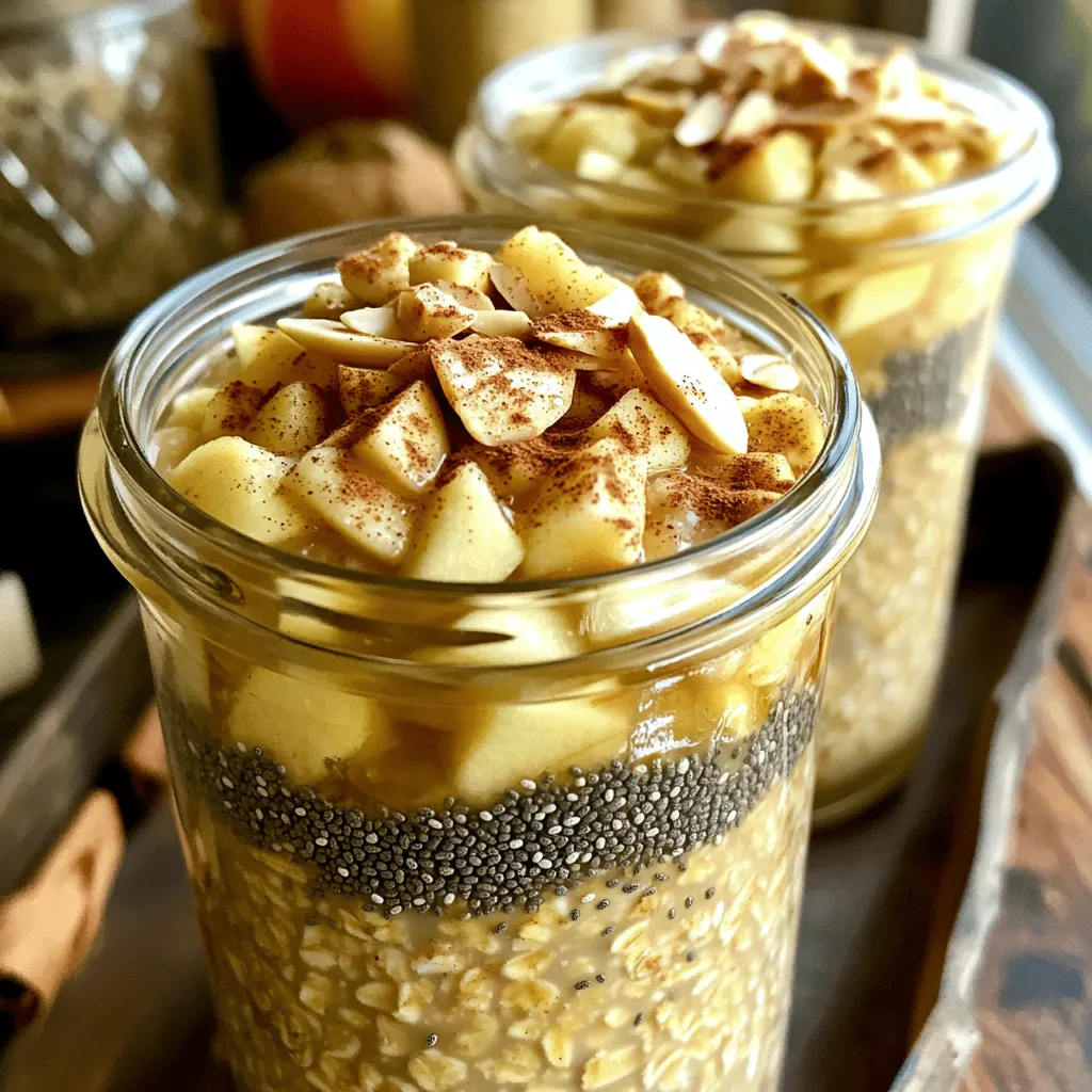 Gather these simple items to make your apple cinnamon overnight oats: - 1 cup rolled oats - 1 ½ cups unsweetened almond milk (or your milk of choice) - 1 medium apple, diced (I prefer Fuji or Honeycrisp for sweetness) - 1 tablespoon chia seeds - 1 tablespoon maple syrup (optional, but adds a nice touch) - 1 teaspoon ground cinnamon - ½ teaspoon vanilla extract - Pinch of salt - Toppings: sliced almonds, extra diced apple, honey These ingredients blend together to create a creamy, flavorful dish. The oats soak up the almond milk overnight, making them soft and delicious. Apples add sweetness, while cinnamon gives warmth. Chia seeds add nutrition and a slight crunch, and you can adjust the sweetness with maple syrup. Feel free to get creative with your toppings! Sliced almonds add a nice texture, and honey adds an extra layer of sweetness. Enjoy your tasty breakfast any morning of the week with this easy recipe. For the full recipe, check the details above. - Step 1: In a medium bowl, combine the rolled oats, diced apple, chia seeds, ground cinnamon, and a pinch of salt. Mix well. - Step 2: In another bowl, whisk together the almond milk, maple syrup (if using), and vanilla extract. Blend until smooth. - Step 3: Pour the liquid mixture over the dry ingredients. Stir until everything is combined. - Step 4: Divide the mixture into two airtight containers. Pack it down gently to help the oats soak. Soaking is key for overnight oats. It helps the oats absorb the liquid and soften. The oats need to soak for at least six hours. This time allows all the flavors to meld together, resulting in a creamy texture. When you're ready to enjoy your oats, stir them well. If they seem too thick, add a splash of almond milk to reach your preferred consistency. For the finishing touch, top each serving with sliced almonds, extra diced apple, a sprinkle of cinnamon, or a drizzle of honey. These simple steps make your breakfast look and taste amazing. For the full recipe, refer to the earlier section. To make your overnight oats really shine, pick the right apples. I recommend using Fuji or Honeycrisp apples. These apples are sweet and add a crisp bite. If you like extra sweetness, consider adding maple syrup. Start with one tablespoon, but adjust it to your taste. Meal prep makes mornings easier. You can prepare several jars at once. Just multiply the recipe for the number of servings you need. Making larger batches saves time and keeps breakfast ready for busy days. Serving your oats in clear jars looks great. It shows off the layers of oats, apples, and toppings. To make it even prettier, add garnishes. A sprig of fresh mint or a sprinkle of cinnamon adds a nice touch. These details make your breakfast not just tasty but also fun to eat. You can find the full recipe [here](#). {{image_4}} If you need a nut-free option, simply swap almond milk for oat or coconut milk. Both choices keep the dish creamy and tasty. Oat milk has a mild flavor, while coconut milk adds a sweet touch. This change makes the dish safe for those with nut allergies. You can easily add more fun to your oats. Try mixing in nuts or seeds, like walnuts or pumpkin seeds, for a good crunch. If you want different tastes, toss in other fruits too. Bananas or berries work great. They bring natural sweetness and extra vitamins. This recipe is already vegan-friendly, but you can make it gluten-free too. Just choose certified gluten-free oats. This way, everyone can enjoy the dish, no matter their diet. Remember, small tweaks can make a big difference! For the full recipe, check out the details above. To keep your apple cinnamon overnight oats fresh, use airtight containers. Glass jars work great. They prevent air from getting in and help keep the oats moist. Always store them in the refrigerator. This keeps the oats cold and safe to eat. If stored correctly, your oats will last up to five days in the fridge. Always check for signs of spoilage. Look for changes in color or an odd smell. If anything seems off, it’s best to toss them. Fresh and tasty oats are the goal! Yes, you can freeze overnight oats! They can last up to three months in the freezer. Just make sure to use freezer-safe containers. To thaw, simply move them to the fridge overnight. If you want to eat them right away, you can microwave them for a quick reheat. Add a splash of almond milk if they seem dry. Enjoy your tasty oats anytime! To make apple cinnamon overnight oats, follow these steps: 1. In a medium bowl, mix rolled oats, diced apple, chia seeds, ground cinnamon, and a pinch of salt. Stir well. 2. In a separate bowl, whisk together almond milk, maple syrup (if using), and vanilla extract until combined. 3. Pour the liquid mix over the dry ingredients. Stir until everything is well combined. 4. Divide the mixture into two jars. Press down gently to pack the oats. 5. Seal the jars and place them in the fridge overnight or for at least six hours. 6. In the morning, stir the oats. If too thick, add a splash of almond milk. 7. Top with sliced almonds, more apple, cinnamon, and honey if desired. Yes, you can skip chia seeds. However, they add fiber and healthy fats. Without them, the oats will be less creamy. You might want to adjust the liquid a bit for a thicker texture. You can use different milk types. Soy milk, oat milk, or coconut milk work well. Each will change the flavor a bit. For instance, oat milk is creamy and mild, while coconut milk adds a sweet, tropical taste. Overnight oats should soak for at least six hours. This gives the oats enough time to absorb the liquid and soften. For best results, soak them overnight. Yes, this recipe is already vegan-friendly. All the ingredients are plant-based, which makes it easy to enjoy a healthy breakfast. In this blog post, we explored the recipe for apple cinnamon overnight oats. We covered the key ingredients, preparation steps, soaking, and storage tips. You can customize flavors and even make nut-free versions. Finally, I shared ways to present your oats for a great look. Overnight oats are simple to prepare and full of taste. Enjoy every bite while knowing they are healthy and flexible. Make them your own!