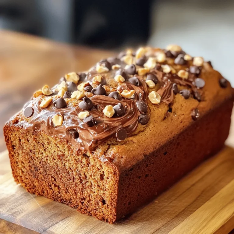 - 3 overripe bananas, thoroughly mashed - 1/3 cup unsalted butter, melted - 1 teaspoon baking soda - A pinch of sea salt - 3/4 cup granulated sugar - 1 large egg, lightly beaten - 1 teaspoon pure vanilla extract - 1 1/2 cups all-purpose flour - 1/2 cup Nutella - Optional: 1/2 cup chocolate chips or chopped hazelnuts for added texture When I make Nutella-stuffed banana bread, I always choose overripe bananas. They are sweeter and softer. This helps create a moist bread. I melt unsalted butter for richness. Baking soda gives the bread lift. The pinch of sea salt balances the sweetness. Granulated sugar adds the right amount of sweetness. I beat one large egg to help bind the mixture. Pure vanilla extract adds a warm flavor. All-purpose flour brings everything together into a lovely batter. Nutella is the star of this recipe. It creates a rich, gooey center. You can add chocolate chips or chopped hazelnuts for extra crunch. These ingredients come together to create a treat that's hard to resist. When you mix them just right, you get a delightful blend of flavors and textures. If you want to dive deeper into the steps, check out the full recipe for Nutella-stuffed banana bread. Set your oven to 350°F (175°C) and prepare the loaf pan. Grease it well with butter or cooking spray. This step helps the bread slide out easily. In a mixing bowl, mash the bananas until smooth. Then, add the melted butter. Use a fork or a whisk to mix them together. This creates a creamy base for your bread. Now, sprinkle in the baking soda and a pinch of salt. Mix these dry ingredients well. Then, add the granulated sugar, beaten egg, and vanilla extract. Stir everything until it blends nicely. Slowly add the all-purpose flour. Use a spatula or wooden spoon to fold it in. Mix until you see no dry flour. It’s okay to leave a few lumps; this keeps the bread tender. Pour half of the batter into the prepared pan. Spread it evenly across the bottom. Next, scoop dollops of Nutella on top. Use a knife to swirl it gently through the batter. Be careful not to mix it too much! Pour the rest of the batter over the Nutella layer. Smooth it out gently. Bake the bread for 60-70 minutes. Check if it’s done by inserting a toothpick. If it comes out clean, your bread is ready! Let it cool in the pan for about 10 minutes. After that, move it to a wire rack to cool completely. Now, you’re ready to slice and enjoy this tasty treat! For the full recipe, please refer to the detailed instructions above. To make tender banana bread, start with overripe bananas. They bring natural sweetness and moisture. Mash them well for a smooth mix. Use melted butter instead of oil for richness. Be gentle when mixing in the flour. Over-mixing can lead to a tough loaf. Leave some lumps in the batter to keep it soft and fluffy. You can boost the flavor of your banana bread. Try adding a pinch of cinnamon or nutmeg for warmth. Vanilla extract is a must, but you might add almond extract for a twist. If you want some crunch, toss in chopped walnuts or pecans. For extra sweetness, fold in chocolate chips or hazelnuts. When it comes to serving, slice the banana bread while it is warm. This makes it inviting and easy to enjoy. You can drizzle more Nutella on top for extra indulgence. Pair it with a scoop of vanilla ice cream for a delightful treat. A dollop of whipped cream or fresh berries can also brighten the plate. {{image_4}} If you want to skip Nutella, you have options. Try using almond butter or sunflower seed spread. These choices give a creamy texture and rich taste. You can also use a mix of peanut butter and chocolate spread. Each option adds its own twist to the flavor. For a lighter version, reduce sugar to half a cup. You can use honey or maple syrup instead. Incorporate whole wheat flour to add fiber. If you want to skip some fat, use applesauce in place of half the butter. These swaps keep your banana bread tasty and a bit healthier. Want to spice things up? Add a teaspoon of cinnamon for warmth. A tablespoon of cocoa powder can give it a chocolatey depth. You can even mix in some vanilla or almond extract for a fragrant touch. These small changes can make your banana bread extra special. For the full recipe, check out the detailed instructions above. To keep your banana bread fresh, wrap it well. Use plastic wrap or foil. Store it at room temperature for up to three days. If you live in a humid area, put it in an airtight container. This helps it stay moist and tasty. Always check for any mold before eating. If you see any, it's time to toss it. Freezing is a great way to save extra slices. First, let the banana bread cool completely. Wrap each slice in plastic wrap. Then, place them in a freezer-safe bag. Remove as much air as possible before sealing. You can freeze it for up to three months. When you're ready, just thaw it in the fridge overnight. To reheat banana bread, slice off a piece. Place it on a microwave-safe plate. Heat it for 10-15 seconds. If you want it warm but not dry, check often. You can also toast it in a toaster oven for a nice crisp. Enjoy it warm for the best taste! Yes, you can use frozen bananas. Just thaw them first. Drain any extra liquid. Then, mash them well. Frozen bananas work great in banana bread. They add sweetness and moisture. Look for a golden-brown top. A toothpick inserted in the center should come out clean. If it has wet batter, bake a bit longer. The bread should spring back when pressed lightly. You can toast it for breakfast. Spread some butter or more Nutella on top. You can also make banana bread French toast. Just dip slices in egg mixture and cook on a skillet. You can find the full recipe for Nutella-Stuffed Banana Bread by following the link provided. This recipe guides you step-by-step for a delightful treat. This blog post details how to make Nutella-Stuffed Banana Bread using simple ingredients and easy steps. You learned how to prepare, bake, and store this tasty treat. Don’t forget to try the tips for perfect texture and flavor. You can even explore variations to suit your taste. Enjoy your baking, and have fun experimenting with this recipe! You’ll create a delightful loaf that everyone will love. Happy baking!