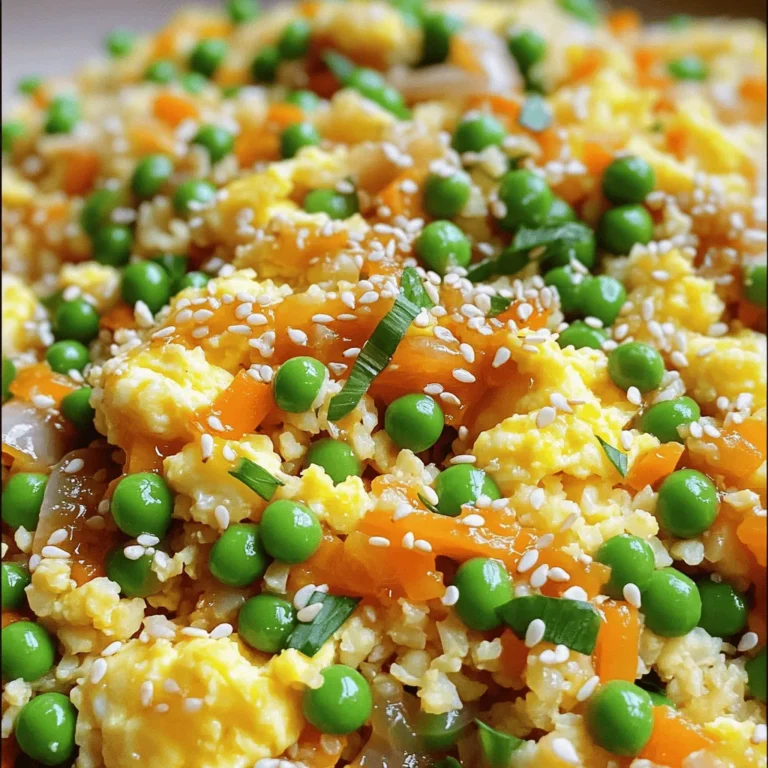 To make cauliflower fried rice, you need a few key items. Here’s what you will need: - 1 medium head of cauliflower, grated or processed into rice-sized pieces - 2 tablespoons sesame oil - 2 cloves garlic, minced - 1 small onion, finely chopped - 1 carrot, diced - 1 cup frozen peas - 2 large eggs, beaten - 3 tablespoons soy sauce (or tamari for a gluten-free version) - 2 green onions, sliced finely - Salt and freshly ground black pepper to taste - Optional: 1 teaspoon sriracha or chili sauce for an extra kick These ingredients come together to create a dish that is both easy and packed with flavor. The cauliflower acts as a great rice substitute, making this recipe healthier. You can customize your cauliflower fried rice with some fun add-ins. Here are a few ideas: - Bell peppers for color and crunch - Cooked chicken or shrimp for protein - Broccoli florets for extra veggies - Peanuts or cashews for a nutty taste - Fresh herbs like cilantro or basil for brightness Feel free to get creative! These add-ins can boost flavor and texture, making each bite unique. If you have dietary needs, you can swap some ingredients. Here are some substitutes: - Use olive oil instead of sesame oil for a lighter option. - Swap soy sauce for coconut aminos to make it soy-free. - For a vegan version, skip the eggs or use tofu instead. - Replace frozen peas with green beans or corn if you prefer. These swaps keep the dish tasty while meeting your needs. The full recipe can guide you to a delicious meal that fits your lifestyle. To start, grab a medium head of cauliflower. Remove the leaves and stem. Then, use a box grater or food processor to break it down into rice-sized pieces. This is your cauliflower rice. Set it aside for later. It’s simple and a great low-carb swap for regular rice. Next, take a large skillet or wok and heat up two tablespoons of sesame oil over medium heat. Once hot, add two cloves of minced garlic and one small chopped onion. Sauté this mix for about 2-3 minutes. You want the garlic to smell great and the onion to look clear. Then, toss in one diced carrot. Cook for another 3-4 minutes. Stir it up until the carrot is soft but still has a bit of crunch. Now, push the veggies to one side of the skillet. This makes room for the eggs. Pour in two beaten eggs into the open space. Scramble them until fully cooked. Once they are done, mix them with the veggies. Next, add your cauliflower rice and one cup of frozen peas. Stir everything together. Cook for 5-7 minutes. This lets the cauliflower soften a little while keeping some crunch. For flavor, pour in three tablespoons of soy sauce. If you like heat, add a teaspoon of sriracha. Season with salt and pepper to taste. Toss it all so the ingredients are well mixed and heated through. Cook for another 2 minutes. Finally, remove the skillet from heat and stir in sliced green onions for a fresh taste. For the complete cooking details, check the Full Recipe. To get the best cauliflower rice, start with a medium head of cauliflower. Cut off the leaves and stem. You can use a box grater or a food processor to make the rice-sized pieces. If you process it, pulse gently to avoid mush. After processing, let the cauliflower sit for a bit. This helps to remove excess moisture. Cooking it on medium heat keeps it from getting too soft. Aim for a tender yet crunchy texture. For a boost of flavor, use sesame oil to sauté your garlic and onion. It adds a lovely nutty taste. You can also mix in soy sauce, which gives a nice salty kick. If you want more heat, add sriracha or chili sauce. Fresh green onions at the end add brightness. You can also try adding a splash of lime juice for a zing. One common mistake is not drying the cauliflower rice well enough. Wet cauliflower can lead to soggy fried rice. Another mistake is overcooking the vegetables. Keep them crunchy for the best texture. Always season at the end. This helps keep all the flavors bright. Check your seasoning before serving to make sure it’s just right. If you follow these tips, your cauliflower fried rice will be easy and flavorful. For the complete recipe, check the [Full Recipe]. {{image_4}} Cauliflower fried rice is easy to make vegetarian or vegan. You can skip the eggs for a vegan dish. Instead, add extra veggies like bell peppers, mushrooms, or zucchini. These add flavor and nutrition. Consider using nutritional yeast for a cheesy taste without dairy. This gives your dish a savory boost. For added protein, you can include chicken, shrimp, or tofu. If you use chicken, cook it first in the skillet. Dice it into small pieces and add it back with the vegetables. For shrimp, sauté them until pink and firm before mixing in. Tofu is a great plant-based option. Cube it and fry until golden, then add it to the mix. Each option makes the dish heartier and more filling. Adjust the heat to your taste. If you like spice, add sriracha or chili sauce. Mixing in fresh jalapeños gives a bright kick. For a milder flavor, skip the heat altogether or add a dash of soy sauce instead. You can always serve hot sauce on the side for those who want extra heat. This way, everyone at the table can enjoy the dish their way. For the full recipe, check out the details above! Store leftover cauliflower fried rice in an airtight container. Let it cool down first. Place it in the fridge for up to three days. If you want to keep it longer, freezing is a great option. To reheat, you can use the microwave or a skillet. For the microwave, place the rice in a bowl and cover it. Heat for about one to two minutes. Stir halfway for even heating. If you prefer the skillet, add a little oil and heat over medium. Stir the rice until it’s hot. To freeze, portion the fried rice into freezer-safe bags. Squeeze out excess air and seal tightly. Label the bags with the date. You can freeze cauliflower fried rice for up to three months. When ready to eat, thaw it overnight in the fridge. Reheat as mentioned above for a quick meal. Yes, you can make cauliflower fried rice ahead of time. Just cook and cool it completely. Store it in an airtight container in the fridge for up to three days. When you’re ready to eat, heat it in a pan until warm. This saves time on busy days! You can easily make cauliflower rice without a food processor. Use a box grater to grate the cauliflower. This method gives you small, rice-sized pieces. If you want a finer texture, chop the grated cauliflower with a knife. It takes a little longer, but it works well! Yes, cauliflower fried rice is healthier than regular fried rice. It uses cauliflower instead of rice, which lowers carbs and calories. Cauliflower is high in fiber and vitamins. You still get great flavors and texture, making it a smart choice for meals. Plus, it fits into many diets, like keto and paleo. Cauliflower fried rice is a tasty and healthy choice. We covered its main ingredients, cooking steps, and helpful tips. You learned about variations for different diets and how to store your leftovers. Cauliflower rice gives you all the good things of regular fried rice with fewer carbs. By using these tips, you can make a dish that is simple and delicious. Enjoy experimenting with flavors and sharing your results. Healthy meals can be fun and easy to create!